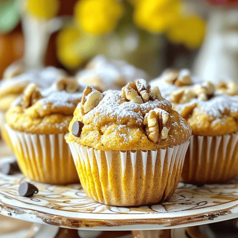 The main star of pumpkin spice muffins is pumpkin puree. It gives the muffins a rich, moist texture. The warm spices, like cinnamon and nutmeg, bring out the cozy fall flavor. Brown sugar adds depth, while granulated sugar balances the sweetness. Vegetable oil keeps the muffins soft and tender. Eggs bind everything together, giving structure. Vanilla extract adds a lovely aroma. Here’s what you need for this delicious recipe: - 1 cup pumpkin puree - 1/2 cup brown sugar - 1/2 cup granulated sugar - 1/3 cup vegetable oil - 2 large eggs - 1 teaspoon vanilla extract - 1 1/2 cups all-purpose flour - 1 teaspoon baking soda - 1 teaspoon baking powder - 2 teaspoons pumpkin pie spice - 1/2 teaspoon salt Each measurement is crucial for perfect muffins. Too much flour can make them dry. Too little sugar can make them bland. You can customize your muffins with fun add-ins. Try adding: - 1/2 cup chopped walnuts or pecans - 1/2 cup chocolate chips These add-ins bring extra flavor and texture. Walnuts add crunch, while chocolate chips make it a sweet treat. Feel free to mix and match to create your perfect muffin. For the full recipe, check the section above. To make pumpkin spice muffins, start by prepping your ingredients. Gather everything you need: - 1 cup pumpkin puree - 1/2 cup brown sugar - 1/2 cup granulated sugar - 1/3 cup vegetable oil - 2 large eggs - 1 teaspoon vanilla extract - 1 1/2 cups all-purpose flour - 1 teaspoon baking soda - 1 teaspoon baking powder - 2 teaspoons pumpkin pie spice - 1/2 teaspoon salt - 1/2 cup chopped walnuts or pecans (optional) - 1/2 cup chocolate chips (optional) Preheat your oven to 350°F (175°C). Line a muffin tin with paper liners or spray it lightly with non-stick spray. In a large bowl, mix the pumpkin puree, brown sugar, granulated sugar, vegetable oil, eggs, and vanilla. Blend until smooth. In another bowl, whisk the flour, baking soda, baking powder, pumpkin pie spice, and salt. Gradually add this dry mix to the wet mix. Stir gently until just combined. Don’t worry about a few lumps; this keeps your muffins soft. If you want extra flavor, fold in the chopped nuts or chocolate chips. Spoon the batter into the muffin tin, filling each cup about 3/4 full. Now it's time to bake! Place the muffin tin in the oven. Bake for 18-20 minutes. To check if they are done, insert a toothpick into the center. If it comes out clean, your muffins are ready. Keep an eye on the muffins as they bake. Each oven is a bit different. You want them to be golden brown on top. This means they are perfectly baked. When the muffins are done, remove them from the oven. Let them cool in the tin for about 5 minutes. After that, transfer them to a wire rack to cool completely. For serving, dust the tops with powdered sugar. This adds a nice touch. Serve them warm on a pretty platter. You can even offer a small bowl of butter on the side for spreading. Enjoy your delicious pumpkin spice muffins! For the full recipe, refer to the detailed instructions above. To make your muffins soft, use fresh pumpkin puree. If you can, avoid canned puree. Measure your flour correctly. Too much flour can make your muffins dry. Scoop and level your flour with a spoon. Do not pack it down. Mix the wet and dry ingredients gently. Overmixing can lead to tough muffins. A few lumps are okay. For a deeper flavor, add a bit of nutmeg or ginger. You can also try using maple syrup instead of some sugar. This will add a lovely taste and moisture. If you love nuts, fold in chopped walnuts or pecans. They add a nice crunch. Chocolate chips also work well for a sweet touch. Do not skip the baking powder or baking soda. These are key for fluffiness. Make sure your oven is preheated. Baking in a cold oven makes for uneven muffins. Also, let the muffins cool before serving. Cutting them too early can cause them to fall apart. Following these tips will help you create perfect pumpkin spice muffins every time. For the full recipe, check out the full recipe section above! {{image_2}} You can switch some ingredients for different flavors. For a lighter muffin, use applesauce instead of oil. It keeps the muffin moist and adds a hint of sweetness. If you want a bit of crunch, try using crushed graham crackers in place of some flour. You can also replace granulated sugar with honey or maple syrup for a natural sweetener. Fall isn’t the only time for pumpkin spice muffins! In spring, add fresh strawberries or blueberries for a fruity twist. During the holidays, fold in dried cranberries or chopped pecans for extra texture. For a special treat, mix in some crushed ginger snaps or peppermint extract for a wintery vibe. If you have dietary needs, there are easy swaps. For gluten-free muffins, use a gluten-free flour blend. You can also make these muffins vegan by replacing eggs with flax eggs. Just mix one tablespoon of flaxseed meal with three tablespoons of water. Let it sit until it thickens. This will help bind your muffins. Feel free to explore these ideas and make the recipe your own. For the full recipe, check out the details above. To keep your pumpkin spice muffins fresh, store them in an airtight container. Place a piece of wax paper between layers to avoid sticking. These muffins stay best at room temperature, away from direct sunlight. They can last for about three days this way. If you want them to last longer, consider refrigerating them. Just be aware that refrigeration may slightly change their texture. You can freeze these muffins for up to three months. First, let the muffins cool completely. Then, wrap each muffin tightly in plastic wrap. Place the wrapped muffins in a freezer-safe bag or container. Be sure to label them with the date. When you're ready to eat them, you can thaw them at room temperature or in the fridge overnight. To reheat, simply pop the muffins in the microwave for about 10-15 seconds. This warms them up nicely without drying them out. If you prefer a crispier texture, you can reheat them in the oven. Set your oven to 350°F (175°C) and warm them for about 5-10 minutes. Enjoy them warm for the best taste! For the full recipe, check out the details above. To make pumpkin spice muffins, gather your ingredients. You need pumpkin puree, sugars, oil, eggs, and vanilla. Mix them well in a bowl. In another bowl, combine flour, baking soda, baking powder, pumpkin pie spice, and salt. Slowly add the dry mix to the wet mix. Stir just until it comes together. Finally, spoon the batter into your muffin tin and bake. For the full recipe, check the section above. If you don’t have pumpkin puree, you can use applesauce. It gives a nice moisture and sweetness. You can also use mashed bananas for a different flavor. Sweet potato puree works well too. Just ensure the texture matches that of pumpkin puree. Yes, you can use whole wheat flour. It adds a nutty flavor and makes muffins healthier. You may want to use a bit less flour. Whole wheat can make the muffins denser. Try mixing half whole wheat and half all-purpose flour for the best results. We covered all the key points to make delicious pumpkin spice muffins. You learned about the main ingredients, precise measurements, and optional add-ins. I shared step-by-step instructions and handy tips to improve texture and flavor. We also explored variations and storage methods. Remember, baking is fun! Use this guide to create your perfect muffins and enjoy every bite.