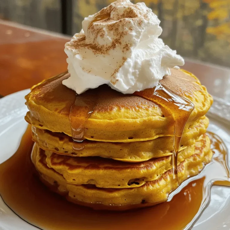 - 1 cup all-purpose flour - 1 tablespoon baking powder - 1 teaspoon baking soda - 1 teaspoon pumpkin pie spice - ½ teaspoon salt - 1 cup pumpkin puree - 2 large eggs - 1 cup milk (or a dairy-free alternative) - 2 tablespoons brown sugar - 1 teaspoon vanilla extract - 2 tablespoons melted butter (plus extra for cooking) For those with dietary restrictions, you can easily swap out some ingredients. Use gluten-free flour instead of all-purpose flour. For a vegan version, replace eggs with flaxseed meal mixed with water. You can substitute milk with almond milk or oat milk. Using fresh ingredients is key for great taste. Fresh pumpkin puree makes a big difference. Canned pumpkin can work, but fresh has more flavor. Use fresh eggs and real vanilla extract for the best results. This enhances the flavor and makes your pancakes truly shine. Enjoy the warmth of fall with each bite! Start by gathering your dry ingredients. In a large mixing bowl, add 1 cup of all-purpose flour, 1 tablespoon of baking powder, 1 teaspoon of baking soda, 1 teaspoon of pumpkin pie spice, and ½ teaspoon of salt. Whisk these together until well combined. Accurate measuring is key here. Too much flour can make pancakes dense, while too little can make them flat. Next, it’s time for the wet ingredients. In a separate bowl, mix together 1 cup of pumpkin puree, 2 large eggs, 1 cup of milk, 2 tablespoons of brown sugar, 1 teaspoon of vanilla extract, and 2 tablespoons of melted butter. Stir until the mixture is smooth. If it’s lumpy, you might not enjoy the texture. A smooth mixture helps the pancakes cook evenly. Now, heat your skillet over medium heat. Add a small amount of melted butter to coat the pan. Pour about ¼ cup of pancake batter onto the skillet for each pancake. Cook for about 2-3 minutes until bubbles form on the surface. This is a sign they are ready to flip. Gently turn the pancakes and cook for another 2-3 minutes until they turn golden brown. Repeat this process with the remaining batter, adding more butter to the skillet as needed. Enjoy your pumpkin spice pancakes warm! For the full recipe, click here. To get pancakes just right, avoid overmixing. When you combine the wet and dry ingredients, gently fold them together. It is okay if some lumps remain in the batter. This keeps the pancakes fluffy. For consistent pancake thickness, use the same amount of batter for each pancake. I recommend using a ¼ cup measure. It helps create even pancakes that cook evenly. You can boost the pumpkin spice flavor by adding more spices. A pinch of nutmeg or cinnamon can add warmth. If you like a little heat, try a dash of ginger. Toppings can make these pancakes shine. Maple syrup is a classic choice. Fresh whipped cream adds a light touch. For a fun twist, top with chopped nuts or chocolate chips. You can find the full recipe for these delightful pancakes above. {{image_2}} To make gluten-free pumpkin spice pancakes, swap all-purpose flour for a gluten-free blend. Look for blends that have xanthan gum. This gum helps mimic the texture of regular flour. You may also want to use almond flour or coconut flour, but adjust the amount. Start with less and add more as needed. Cooking time might change slightly. Keep an eye on the pancakes as they cook. They may take a bit longer to brown. For vegan pumpkin spice pancakes, you can replace eggs with flaxseed meal or applesauce. Use one tablespoon of flaxseed meal mixed with three tablespoons of water for each egg. This mix helps bind the ingredients. Instead of milk, try almond milk or oat milk for a creamy texture. Make sure to mix well to keep the right consistency. The batter should be thick but pourable. You can add chocolate chips to your pancake mix for a sweet twist. Just fold in half a cup of mini chocolate chips before cooking. If you want a nutty flavor, add chopped walnuts or pecans. About a quarter cup will give you a nice crunch. These variations can make your pumpkin spice pancakes even more fun and tasty. Enjoy experimenting with these ideas, and feel free to check the Full Recipe for more details! To store leftover pancakes, let them cool completely. Place them in a single layer in an airtight container. You can also use parchment paper between layers to prevent sticking. If you want to freeze them, wrap each pancake in plastic wrap and then in foil. This keeps them fresh for a long time. When you want to reheat, thaw them in the fridge overnight. For quick reheating, use a microwave or toaster. Heat them for about 30 seconds in the microwave or pop them in a toaster for a few minutes. This keeps them soft and tasty. Pumpkin spice pancakes can last in the fridge for about three to four days. If you freeze them, they can stay good for up to two months. When checking for spoilage, look for any mold or a sour smell. If they feel dry or hard, it’s best to throw them away. Always trust your senses; they guide you well in the kitchen. Enjoy these pancakes while they’re fresh for the best taste. Check out the Full Recipe to get started on making your own delicious pancakes! Yes, you can make the batter ahead! To prepare it in advance, mix your dry and wet ingredients in separate bowls. Store each bowl in the fridge until you are ready to cook. This keeps the batter fresh. Just remember to stir gently before cooking. If the batter is too thick, add a little milk to thin it out. There are many tasty options! Here are some great ideas: - Maple syrup for sweetness - Whipped cream for a creamy touch - Chopped nuts for crunch - Fresh fruit like bananas or apples - A sprinkle of powdered sugar for extra flair Look for bubbles! When you see bubbles on the top of the pancake, it’s time to flip. Cook until both sides are golden brown. A good pancake will feel springy when you press it lightly. You can use pumpkin pie filling, but it has spices and sugar added. This may change the flavor. If you choose it, cut back on the spices and sugar in your recipe. The texture may also be a bit different, so keep that in mind. For the best results, stick with pumpkin puree for a classic taste. For the full recipe, check out the ingredients and steps included! You now have all the tools to make delicious pumpkin spice pancakes. We covered the ingredients, cooking steps, and how to store leftovers. You can even modify recipes for dietary needs, like gluten-free or vegan options. Remember, fresh ingredients matter. With these tips, you'll create pancakes that are perfect for any occasion. Enjoy the process, get creative, and share your tasty results!