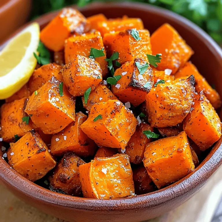 - 4 medium sweet potatoes, peeled and cut into 1-inch cubes - 3 tablespoons olive oil - 2 teaspoons smoked paprika - 1 teaspoon garlic powder - 1 teaspoon onion powder - ½ teaspoon cayenne pepper (optional for heat) - Salt and black pepper to taste - Fresh parsley, chopped (for garnish) Precise measurements matter for great flavor and texture. Too much oil can make them greasy. Too little salt can dull the taste. Measure each ingredient carefully to get the best results. This small effort pays off with each crispy bite. If you can’t find sweet potatoes, try butternut squash. It has a similar taste and texture. For oil, you can use avocado oil or sunflower oil. Both work well for roasting. Feel free to swap spices too. Use your favorite herbs, like thyme or rosemary, to change the flavor. Experimenting keeps your meals fresh and exciting! Start by prepping the sweet potatoes. Peel them, then cut them into 1-inch cubes. This size helps them cook evenly. Next, measure your spices. You will need smoked paprika, garlic powder, onion powder, cayenne pepper, salt, and black pepper. Measuring spices correctly gives your sweet potatoes great flavor. Now, let’s roast! Preheat your oven to 425°F (220°C). In a large bowl, mix the sweet potato cubes with olive oil and the spices. Toss them well to coat each piece. Spread the sweet potatoes on a baking sheet lined with parchment paper. Make sure they are in a single layer; this helps them cook evenly and get crispy. Roast them for 25 to 30 minutes. Flip them halfway through for even cooking. They should be golden brown and crispy on the edges when done. When ready, take them out of the oven and let them cool a bit. Garnish with chopped fresh parsley for color and flavor. Serve your crispy roasted sweet potatoes in a rustic bowl. Sprinkle some extra parsley and a pinch of sea salt on top. Add a wedge of lemon or lime on the side for a burst of flavor. For the full recipe, check the details above. To get your sweet potatoes crispy, start with the right size. Cut them into 1-inch cubes. This size ensures even cooking. Next, toss them in olive oil and spices. A good coating helps them crisp up nicely. Spread them out on the baking sheet. Leave space between each piece to allow air to flow. Roasting at a high temperature, like 425°F, is key. Flip them halfway through to get all sides golden. One common mistake is overcrowding the baking sheet. If you put too many sweet potatoes together, they will steam instead of roast. Another error is not drying the sweet potatoes before cooking. Moisture can prevent crispiness. Also, avoid using too little oil. It helps create that nice, crunchy texture. Lastly, don’t skip the flipping. This step is crucial for even browning. To boost flavor, try adding different spices. You can mix in cumin or cayenne for heat. A pinch of cinnamon adds a warm touch. For a tangy twist, squeeze some lemon juice after roasting. You can also experiment with fresh herbs. Thyme or rosemary can give a fragrant lift. Adding a bit of honey or maple syrup can create a sweet glaze. These ideas will take your crispy roasted sweet potatoes from good to great! For more detailed cooking methods, refer to the Full Recipe. {{image_2}} You can change the taste of crispy roasted sweet potatoes with different spices. Try using cumin for a warm, earthy flavor. Or, add cinnamon for a hint of sweetness. For a zesty kick, toss in some chili powder. You can even mix in fresh herbs, like rosemary or thyme. These small changes will create a unique dish each time. If you follow a vegan diet, this recipe is already perfect for you. It has no animal products. For gluten-free options, make sure your spices do not contain gluten. Most spices are gluten-free, but check the labels. These easy swaps let everyone enjoy this tasty dish. Crispy roasted sweet potatoes go well with many dishes. Try serving them with grilled chicken or fish for a hearty meal. They also pair nicely with a rich garlic aioli or tangy yogurt sauce. If you want a fresh twist, serve them alongside a zesty salsa or a green salad. These pairings make your meal colorful and fun. For the full recipe, see above. To store your crispy roasted sweet potatoes, let them cool first. Place leftovers in an airtight container. This helps keep them fresh and tasty. Stored this way, they last up to four days in the fridge. When you want to eat them again, reheat in the oven for the best crispiness. You can also use a microwave, but they won’t be as crunchy. If you want to save some for later, freezing is a great option. Cut the leftover sweet potatoes into smaller pieces for easier storage. Place them in a freezer-safe bag or container, removing as much air as possible. They can last up to three months in the freezer. When you’re ready to eat, thaw them in the fridge overnight. Reheat them in the oven to bring back that crispy texture. In the fridge, crispy roasted sweet potatoes stay good for about four days. If you freeze them, they can last up to three months. Sweet potatoes that are raw can last longer, about one to two weeks in a cool, dark place. Always check for any signs of spoilage before use. For the best flavor and texture, use them within these timeframes. To make crispy roasted sweet potatoes, start by preheating your oven to 425°F (220°C). In a bowl, mix 1-inch sweet potato cubes with olive oil and spices. Toss them well to coat. Spread the cubes on a baking sheet in a single layer. Roast for 25-30 minutes, flipping halfway. For detailed instructions, check the Full Recipe. Yes, you can use different types of potatoes. Regular russet potatoes are a great choice. They have a fluffy texture when cooked. Yukon gold potatoes work too, offering a creamy texture with a buttery flavor. Each type will change the taste and texture of your dish, giving you options. Crispy roasted sweet potatoes pair well with many main dishes. Try them with grilled chicken or fish for a balanced meal. They also go great with a fresh salad or a hearty stew. For a vegetarian option, serve them with quinoa or black bean tacos. Crispy roasted sweet potatoes are easy and tasty. This guide covered ingredients, measurements, and substitutions. You learned how to prepare, roast, and serve them for great results. I shared tips to enhance flavor and avoid common mistakes. Different variations can make your dish shine. Proper storage keeps leftovers fresh for future meals. Enjoy experimenting with flavors and pairings. You now have all the tools to make delicious crispy roasted sweet potatoes. Get in the kitchen and let your taste buds celebrate!