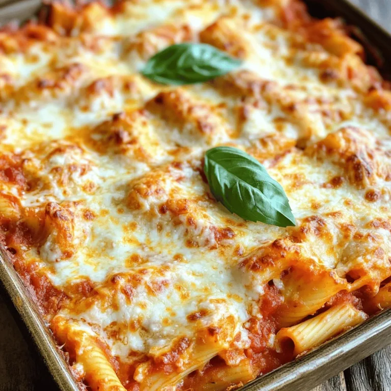 To make Easy Baked Ziti, you need a few simple ingredients. These will create a creamy and cheesy dish that everyone will love. Here’s what you need: - 12 oz ziti pasta - 2 cups marinara sauce (store-bought or homemade) - 2 cups ricotta cheese - 2 cups shredded mozzarella cheese - 1 cup grated Parmesan cheese - 1 egg - 1 teaspoon Italian seasoning - 1 teaspoon garlic powder - Salt and pepper to taste - Fresh basil leaves for garnish (optional) Each ingredient plays a role. The ziti pasta gives the dish its shape. Marinara sauce adds rich flavor. Ricotta and mozzarella create a creamy texture. Parmesan brings a salty kick. The egg helps bind everything together. Italian seasoning and garlic powder add depth. Finally, salt and pepper enhance all the flavors. Use fresh basil as a garnish for a pop of color and taste. This recipe is fun and easy! It’s perfect for a family dinner or a gathering. Check out the Full Recipe to get started! To start, cook your ziti pasta. Boil a large pot of salted water and add the pasta. Follow the package directions and cook until it is al dente. This means it should be firm but not hard. Drain the pasta and set it aside. Next, mix the ricotta cheese and seasonings. In a big bowl, combine the ricotta, egg, Italian seasoning, garlic powder, salt, and pepper. Stir until the mix is smooth. This step adds flavor and creaminess to your dish. Now, create the sauce and cheese mixture. In a separate bowl, blend the marinara sauce with half of the mozzarella cheese. This mix will keep your baked ziti moist and cheesy. Time to assemble! In a large baking dish, start layering your ingredients. First, add a layer of the sauce and cheese mix at the bottom. Then, place half of the cooked ziti on top. Spread half of the ricotta mix over the pasta and sprinkle some grated Parmesan cheese on top. Repeat these layers with the remaining ingredients. Finish with the leftover mozzarella and Parmesan on top. Preheat your oven to 375°F (190°C). While it heats, cover your baking dish with aluminum foil. Bake for 25 minutes. After that, remove the foil and bake for another 15-20 minutes. Check for bubbly, golden cheese on top. Once it's done, let your baked ziti rest for 5-10 minutes. This helps the layers set and makes serving easier. Now you are ready to enjoy a delicious meal! For the full recipe, check out the section above. To ensure perfect al dente pasta, cook the ziti for just a few minutes less than the package states. This keeps it firm and helps it hold up in the oven. Drain the pasta and rinse it quickly under cold water. This stops the cooking process and helps the pasta stay firm when baked. When mixing ingredients, use a large bowl for the ricotta cheese, egg, and seasonings. I like to mix all the ingredients until they are smooth. This way, every bite will have that creamy, cheesy goodness. If you are adding meat, mix it in with the marinara sauce for even distribution. For ideal accompaniments, serve the baked ziti with garlic bread and a fresh salad. The crisp salad balances the creamy dish well. A light vinaigrette adds a nice touch. To garnish, sprinkle fresh basil leaves on top just before serving. This adds a pop of color and fresh flavor. You can also sprinkle extra Parmesan cheese on top for a richer taste. Resting time is key after baking. Let the ziti sit for 5-10 minutes before serving. This helps the layers set and makes it easier to cut. Great kitchen tools to use include a large baking dish and a sturdy spatula. A good spatula helps lift out portions without falling apart. Also, consider using parchment paper to line the dish for easy cleanup. For the full recipe, visit the section above. {{image_2}} You can swap ricotta cheese for cottage cheese. Cottage cheese gives a nice, creamy texture. If you can't find mozzarella, try using provolone or gouda. Both melt well and add flavor. To make baked ziti vegetarian, replace meat with veggies like spinach or mushrooms. You can add zucchini or bell peppers for extra crunch. These swaps keep the dish tasty and fun. For meat lovers, add cooked ground beef, sausage, or turkey. These meats mix well with the sauce. They add protein and depth to your meal. If you want more flavor, try adding Italian sausage for a spicy kick. Herbs and spices can really change the taste. A pinch of red pepper flakes adds heat. Fresh herbs, like basil or parsley, give a fresh zest. Try adding oregano or thyme for a classic Italian touch. You can make baked ziti in a slow cooker. Just layer the ingredients as usual, then cook on low for 4 hours. This method is great for busy days. It keeps your ziti moist and full of flavor. If you need a gluten-free option, use gluten-free pasta. Many brands offer ziti-style pasta made from rice or corn. The flavors stay the same, and everyone can enjoy it. For the full recipe, check out the link above. To keep your baked ziti fresh, store it in an airtight container. Make sure it cools down first. Place it in the fridge right away. This keeps bacteria from growing. For freezing, portion out the ziti into smaller containers. Wrap each container tightly with plastic wrap. This helps prevent freezer burn. You can reheat baked ziti in two ways: the oven or the microwave. The oven gives the best results. Preheat it to 350°F (175°C). Place the ziti in a baking dish and cover with foil. Heat for about 20-25 minutes. If you use the microwave, place a portion in a microwave-safe dish. Heat for 2-3 minutes. Stir halfway for even heating. To keep texture and flavor, add a splash of water before reheating. This helps the pasta stay moist. Baked ziti lasts about 3-5 days in the fridge. Check for signs of spoilage. If it smells sour or looks dry, throw it away. When frozen, it can last up to 3 months. To know if it's bad, look for ice crystals or freezer burn. For more details, check the Full Recipe. You can make baked ziti without meat by using only cheese and sauce. Just follow the recipe and skip any meat. The ricotta and mozzarella give it a rich flavor. You can add more herbs for more taste. Yes, you can prepare baked ziti in advance. Simply assemble it and cover it tightly. You can store it in the fridge for up to two days. When ready to bake, just add a few extra minutes to the cooking time. To keep baked ziti moist, cover it with foil while baking. This traps steam and keeps the cheese gooey. You can also add a bit more sauce before baking if it looks dry. The best sauce for baked ziti is marinara. It gives a classic taste and pairs well with cheese. You can use store-bought or your favorite homemade recipe for extra flavor. Absolutely! Adding vegetables is a great way to boost nutrition. Try spinach, mushrooms, or zucchini. Just sauté them lightly before adding to the layers for the best taste. Check out the Full Recipe for more details! Baked ziti is a comforting dish made with simple ingredients like pasta, marinara, and cheese. I shared step-by-step instructions to help you create this dish perfectly every time. Remember to rest your ziti before serving for the best flavor. You can also customize it to fit your taste with different ingredients and cooking methods. Enjoy your delicious baked ziti with friends or family, and don't forget to experiment with new flavors!
