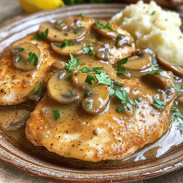 For Classic Chicken Marsala, you need simple yet tasty items. Here’s what you will need: - 4 boneless, skinless chicken breasts - Salt and pepper to taste - 1/2 cup all-purpose flour, for dredging - 4 tablespoons olive oil - 2 tablespoons unsalted butter - 8 ounces cremini mushrooms, sliced - 1 cup chicken broth - 2 tablespoons lemon juice - 1/4 cup fresh parsley, chopped for garnish These ingredients create a rich and savory dish that highlights the chicken. You can get creative with some optional add-ins. Here are a few ideas: - Fresh garlic for extra flavor - Shallots for a sweeter note - Spinach for a pop of color and nutrition - Peas for added sweetness and texture These additions can give your dish a unique twist while keeping it delicious. Seasonings play a big role in Chicken Marsala. Here are some suggestions: - A pinch of dried thyme or rosemary for an herbal touch - A splash of balsamic vinegar for depth - A dash of red pepper flakes for heat Using these seasonings can enhance the dish's flavor, making it even more enjoyable. If you want to explore the full recipe, check out the Full Recipe section for step-by-step guidance. First, gather your ingredients. You need boneless chicken breasts, flour, salt, and pepper. Season the chicken by sprinkling salt and pepper on both sides. This helps add great flavor. Next, dredge each chicken breast in flour. Shake off any extra flour. This step gives the chicken a nice crust when cooked. Now, heat a large skillet over medium heat. Add two tablespoons of olive oil. Once the oil is hot, place the chicken breasts in the skillet. Cook each side for about 5 to 6 minutes. Look for a golden brown color. When done, remove the chicken from the skillet and set it aside. In the same skillet, add the remaining olive oil and butter. Let the butter melt. Then, toss in the sliced mushrooms. Sauté the mushrooms for about 5 minutes. You want them soft and moist. After that, pour in the chicken broth and lemon juice. Scrape the bottom of the skillet to get all the tasty bits. Let this mixture simmer for 5 minutes. Finally, return the chicken to the skillet. Spoon some sauce and mushrooms over the top. Cook for another 2 to 3 minutes to warm the chicken. Remove from heat and garnish with fresh parsley. Now, you’re ready to serve this delicious dish! For the full recipe, refer to the recipe section above. To make juicy chicken, start with a good cut. Use boneless, skinless chicken breasts for the best results. Season them with salt and pepper before cooking. Dredge the chicken in flour to help brown it nicely. Heat your pan well before adding the chicken. Cook each side for about 5-6 minutes. This will give you a lovely golden crust. Always check that the chicken is cooked to 165°F for safety and taste. The sauce makes this dish special. Use fresh cremini mushrooms for rich flavor. Sauté them until they are soft and golden. Adding lemon juice brightens the sauce. Don't forget to scrape the bottom of the pan! This gets all the tasty bits in your sauce. Simmer the sauce for a few minutes to let the flavors mingle. For extra depth, consider adding a splash of Marsala wine if you have it on hand. Presentation counts! Serve the Chicken Marsala on a large plate. Spoon the mushroom sauce over the chicken for a beautiful look. Garnish with fresh parsley to add color. Pair it with creamy mashed potatoes or steamed veggies. This makes for a colorful and balanced meal. The bright greens and soft yellows will make your dish pop. Enjoy this flavorful dinner delight with family and friends! Check the Full Recipe for all the details. {{image_2}} You can make Chicken Marsala lighter. Try using skinless chicken thighs instead of breasts. They add flavor and stay juicy. Substitute olive oil with a spray oil to cut fat. Use whole wheat flour for dredging to boost fiber. You can also replace butter with a plant-based option. Mushrooms are key to this dish. You can use cremini, shiitake, or button mushrooms. Each type adds a unique taste. For a deeper flavor, mix different mushrooms. If you want a meaty texture, try portobello mushrooms. They work great and are filling. Pair Chicken Marsala with many sides. Creamy mashed potatoes are classic and comforting. Steamed green beans add color and crunch. You can also serve it over pasta for a heartier meal. Rice is another option and soaks up the sauce well. Think about a fresh salad for a light touch. For more ideas, check out the Full Recipe for Classic Chicken Marsala! After enjoying your Classic Chicken Marsala, let the dish cool down. Place the leftovers in an airtight container. This keeps the chicken and sauce fresh. Store them in the fridge for up to three days. If you want to keep it longer, consider freezing it. To reheat the chicken, use a skillet over medium heat. Add a splash of chicken broth to keep it moist. Heat until warm, about 5 to 7 minutes. You can also use a microwave. Place the chicken on a microwave-safe plate and cover it. Heat in short bursts, stirring in between, until hot. If you choose to freeze Chicken Marsala, do it right after cooking. Allow it to cool completely. Then, place the chicken and sauce in a freezer-safe container. It can last up to three months. When ready to eat, thaw it overnight in the fridge before reheating. Enjoy your meal again! For the full recipe, check out the delicious steps above. Chicken Marsala is a classic Italian dish. It features chicken breasts cooked with mushrooms and Marsala wine. The sauce is rich and savory, making it a favorite for many. The wine adds a sweet, deep flavor that pairs well with chicken. You can enjoy it with pasta or rice for a full meal. Yes, you can use other wines! If you do not have Marsala, try dry sherry or white wine. Each option will change the taste a bit, but they will work well. Always choose a wine you enjoy drinking, as it will affect the dish's flavor. If your sauce is watery, there are a few ways to fix it. First, let it simmer longer to help it thicken. You can also add a cornstarch slurry. Mix one tablespoon of cornstarch with two tablespoons of water. Stir it into the sauce and let it cook for a couple of minutes. This will help to thicken the sauce. Chicken Marsala pairs well with many sides. Here are a few ideas: - Creamy mashed potatoes - Steamed green beans - Garlic bread - A fresh salad - Risotto These sides will complement the flavors of the dish nicely. For the complete recipe, check out the full recipe for Classic Chicken Marsala. You’ll find all the steps and tips to make this dish a delight. Enjoy! Classic Chicken Marsala is a great dish that you can easily make at home. We covered its main ingredients, optional add-ins, and the perfect seasonings for flavor. I guided you through each step, from prepping the chicken to making a delicious Marsala sauce. I also shared helpful tips for cooking and serving. You can even explore variations and how to store leftovers. Now, you can impress your family and friends with this tasty meal any time. Enjoy your cooking adventures with Chicken Marsala!