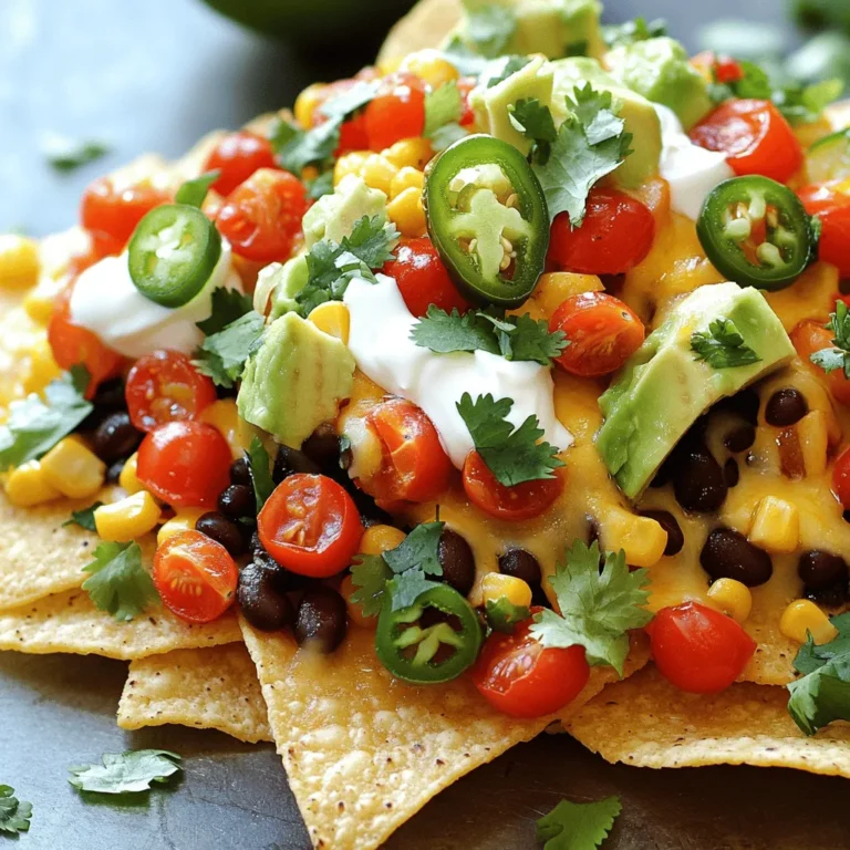 To make loaded veggie nachos, you need the following ingredients: - 8 oz tortilla chips - 1 cup black beans, drained and rinsed - 1 cup corn, canned or frozen - 1 cup cherry tomatoes, halved - 1 cup bell peppers, diced (mix of red, green, and yellow) - 1 jalapeño, sliced (optional for heat) - 1 cup shredded cheese (cheddar or a vegan cheese blend) - 1 avocado, diced - 1/2 cup sour cream (or yogurt) - 1/4 cup fresh cilantro, chopped - 1 tablespoon lime juice - Salt and pepper to taste I love using fresh ingredients for nachos. The mix of colors and flavors makes them fun. The beans add protein, while the corn gives a sweet crunch. You can make these nachos fit your needs! Here are some easy swaps: - Vegan Options: Use vegan cheese and yogurt for a plant-based choice. - Gluten-Free Tortilla Chips: Look for chips marked gluten-free in stores. These simple changes keep the taste amazing while meeting your dietary needs. Check out the Full Recipe for more details! First, set your oven to 350°F (175°C). Preheating helps the cheese melt well. It also ensures the chips stay crisp. This is an important step for great nachos. On a large baking sheet, spread out the tortilla chips evenly. Make sure they cover the whole sheet. Next, sprinkle the black beans on top. Then, add the corn, cherry tomatoes, and diced bell peppers. If you like heat, add jalapeño slices too. Finally, cover the whole layer with shredded cheese. This creates a tasty, cheesy blanket for your veggies. Now, place the baking sheet in your preheated oven. Let the nachos bake for 10 to 15 minutes. You want the cheese to melt and bubble. While they bake, mix diced avocado with lime juice, salt, and pepper. This adds fresh flavor. When the nachos are done, take them out of the oven. Top with avocado, sour cream, and chopped cilantro. Serve hot with lime wedges on the side. Enjoy this fun dish with your friends or family while it's warm! For the complete recipe, check out the Full Recipe section. To get that gooey, melty cheese, use freshly shredded cheese. Packaged cheese has anti-caking agents that can affect melt. Layer the cheese evenly on top of the veggies. This ensures every chip gets its share of cheese goodness. Bake at 350°F for 10-15 minutes. Watch closely, as cheese can go from melted to burnt quickly. Seasoning is key to making loaded veggie nachos pop. Add salt and pepper to each layer of ingredients. A sprinkle of cumin or smoked paprika brings a warm, earthy flavor. For heat, toss in some chili powder or cayenne pepper. Fresh lime juice brightens the dish. Mix it into the avocado or drizzle on top for a zesty finish. Presentation makes your nachos more fun. Use a large, shallow serving dish to showcase the layers. Pile high with colorful veggies and cheese. Top with fresh cilantro for a burst of green. Serve with lime wedges on the side for an extra touch. This not only looks great but also lets everyone customize their flavor. For the full recipe, check out the detailed instructions! {{image_2}} If you love heat, try spicy loaded veggie nachos. Start with the base recipe. Add more jalapeños for a fiery kick. You can also mix in spicy salsa or hot sauce. This adds flavor and heat. The key is to balance the spice with creamy toppings. Sour cream or avocado works well to cool things down. For a fun twist, create Mexican street corn nachos. Use corn as the main topping. Mix it with mayo, lime, chili powder, and cheese. Spread this mix over the tortilla chips. Bake until warm and bubbly. This gives your nachos a fresh and tangy flavor. It's like enjoying street corn in a new way! Want a healthier option? Swap sour cream for Greek yogurt. It adds creaminess without extra fat. Add fresh herbs like cilantro or dill for flavor. You can also use baked tortilla chips. This keeps the crunch while cutting calories. Enjoy a guilt-free snack that still tastes great! Check out the Full Recipe for more ideas! After enjoying your loaded veggie nachos, you might have some left. Store them in an airtight container. Place the nachos in the fridge. They stay fresh for about two days. Keep in mind, the chips may get soft. To avoid this, store toppings separately. When you're ready to eat the leftovers, you can reheat them. Preheat your oven to 350°F (175°C). Spread the nachos on a baking sheet. Bake for about 10 minutes. This helps the cheese melt and makes the chips crispy again. Alternatively, you can use a microwave. Heat them for 30 seconds to one minute. Check to see if they are warm enough. You can also freeze the nachos for longer storage. However, it's best to freeze the toppings separately. Place the chips in a freezer bag. Make sure to remove as much air as possible. For toppings, use small containers. To thaw, move them to the fridge overnight. Reheat in the oven or microwave when ready to enjoy again. Check the full recipe for a delicious and fun meal! Yes, you can prepare the toppings in advance. Chop the veggies, mix the beans, and store them in the fridge. Keep the tortilla chips separate. When ready, just layer everything on a baking sheet. Bake them right before serving. This keeps the chips crunchy and the cheese melty. To make your loaded veggie nachos gluten-free, choose certified gluten-free tortilla chips. Most brands offer this option now. You can also check the labels on canned beans and corn. They should not contain gluten. With these simple swaps, you’ll have a tasty dish that everyone can enjoy. There are many fun toppings you can add. Try sliced olives for a briny kick. Fresh salsa brings zest, while pickled jalapeños add heat. Chopped green onions give a nice crunch. You can also sprinkle some nutritional yeast for a cheesy flavor without dairy. Customize your nachos to fit your taste! You learned how to create delicious loaded veggie nachos. We covered a complete list of ingredients, substitutions, and step-by-step instructions. I shared tips for cheese, seasoning, and how to present your nachos. We also explored fun variations and storage tips to keep them fresh. Nachos are versatile and easy to customize. You can impress your friends at the next gathering. Enjoy every bite, knowing you made something special.