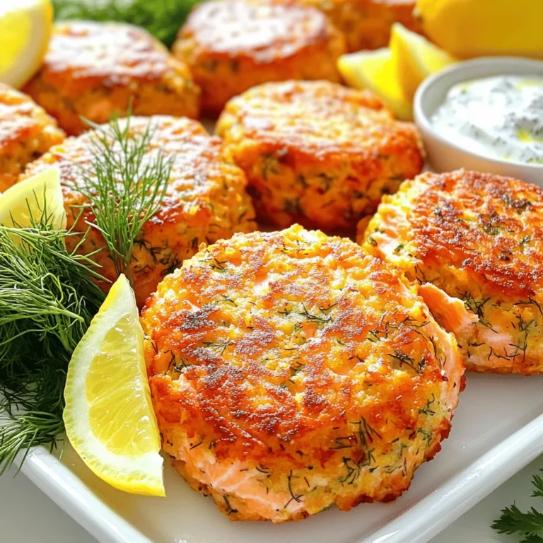 - 2 cups cooked salmon, flaked - 1/2 cup breadcrumbs (preferably panko) - 1/4 cup fresh dill, finely chopped - 1/4 cup green onions, finely chopped - 1/4 cup mayonnaise - 1 tablespoon Dijon mustard - 1 tablespoon lemon juice - 1 teaspoon lemon zest - 1 egg, lightly beaten - 1/2 teaspoon garlic powder - Olive oil for frying - Salt and pepper to taste You can swap out fresh dill for dried dill if needed. Use whole wheat or gluten-free breadcrumbs for a healthier option. If you don't have mayonnaise, Greek yogurt works great. For salmon, you can use canned salmon, which saves time and is still tasty. Each salmon cake has about 200 calories. They provide around 15 grams of protein, which is great for muscle health. The healthy fats from salmon support heart health. You also get vitamins and minerals from the dill and lemon. These cakes offer a good balance of carbs and protein, making them a smart choice for meals or snacks. 1. Start by gathering all your ingredients. You will need cooked salmon, breadcrumbs, dill, and more. 2. In a large mixing bowl, combine the flaked salmon, breadcrumbs, dill, green onions, mayonnaise, Dijon mustard, lemon juice, lemon zest, and garlic powder. 3. Next, add the lightly beaten egg along with salt and pepper to taste. 4. Mix everything until just combined. Be careful not to overmix; this keeps the cakes light. 5. Now, form the mixture into patties. Make them about 2-3 inches wide and 1/2 inch thick. You should get around 8-10 patties. 1. Heat a skillet over medium heat. Pour in a drizzle of olive oil to coat the bottom. 2. Wait for the oil to get hot. This is key for a good crisp. 3. Carefully place the patties in the skillet. Don't overcrowd the pan; cook in batches if needed. 4. Fry each side for about 4-5 minutes. You want them golden brown and cooked through. 5. Once they're done, move the cakes to a paper towel-lined plate. This helps absorb extra oil. 1. Present the salmon cakes on a nice platter. Add some lemon wedges on the side for a pop of color. 2. Garnish with extra fresh dill to make it look appealing. 3. Serve with a side of tartar sauce or a light salad for a complete meal. 4. Enjoy your flavorful Lemon Dill Salmon Cakes! You can find the Full Recipe for more detailed steps. To make the best Lemon Dill Salmon Cakes, focus on a few key points. First, use fresh ingredients. Fresh dill and green onions boost flavor. Second, don’t overmix the batter. This keeps your cakes tender. Form the patties gently to maintain their structure. When frying, make sure the oil is hot. This helps create a golden crust. Flip the cakes carefully to avoid breaking them. Lastly, let them rest on paper towels to absorb extra oil. Serve your salmon cakes with bright sides. A fresh green salad pairs well. You might also want to try a simple tartar sauce or yogurt dip. Lemon wedges add a nice touch. Pick a sauce with a bit of tang to balance the richness of the salmon. This will enhance the flavors and make the meal more enjoyable. For storing leftover salmon cakes, cool them first. Then, place them in an airtight container. They can stay in the fridge for up to three days. If you want to keep them longer, freeze them. Wrap each cake in plastic wrap, then place them in a freezer bag. They last up to three months in the freezer. To reheat, warm them in a skillet or the oven. This keeps them crispy and delicious. For the full recipe and step-by-step guide, check the [Full Recipe]. {{image_2}} You can easily change the flavor of these salmon cakes. Adding spices can make a big difference. Try mixing in: - Old Bay seasoning for a classic seafood taste. - Cajun seasoning for a spicy kick. - Fresh parsley instead of dill for a different herb flavor. - Capers for a briny touch. You can also mix in some cheese, like feta or cheddar. This adds creaminess and richness. Don't be afraid to experiment with your favorite flavors. If you want to make these cakes gluten-free, swap out regular breadcrumbs for gluten-free ones. You can also use crushed rice cakes or almond flour. For a low-carb option, skip the breadcrumbs entirely. Use a bit more egg to help bind the cakes. You can even add mashed cauliflower for extra nutrition and texture. While frying gives a nice crispy texture, you can bake or air fry these salmon cakes. To bake, preheat your oven to 400°F (200°C). Place the formed patties on a baking sheet lined with parchment paper. Brush them lightly with olive oil and bake for 15-20 minutes or until golden. For air frying, set your air fryer to 375°F (190°C) and cook for about 10-12 minutes. This method keeps the cakes crispy with less oil. To keep Lemon Dill Salmon Cakes fresh, store them in an airtight container. Place parchment paper between layers to avoid sticking. Refrigerate them if you plan to eat them within three days. For longer storage, freeze the cakes. Wrap each patty in plastic wrap and place them in a freezer bag. This keeps them safe from freezer burn. In the fridge, Lemon Dill Salmon Cakes last about three days. Make sure they are in a sealed container. If you freeze them, they can last up to three months. Just remember, the longer you freeze, the more the texture can change. Reheat salmon cakes safely to enjoy their full flavor. You can use a skillet for the best results. Heat a bit of olive oil over medium heat. Place the cakes in the skillet and cook for about 3-4 minutes on each side. Alternatively, you can use an oven. Preheat it to 350°F (175°C) and bake for 10-15 minutes. This method keeps them moist and helps restore the crispiness. Lemon Dill Salmon Cakes last about 3 to 4 days in the fridge. Make sure to store them in an airtight container. This keeps them fresh and safe to eat. If you see any changes in color or smell, throw them away. Always trust your senses when it comes to food safety. Yes, you can use canned salmon for this recipe. It makes the cooking process quicker and easier. Canned salmon is already cooked, so you just need to mix it with the other ingredients. However, fresh salmon often has a better taste and texture. If you choose canned salmon, look for wild-caught options for a healthier choice. These salmon cakes pair well with many sides. Here are some ideas: - A fresh green salad with a light vinaigrette - Crispy roasted potatoes or sweet potato fries - Steamed vegetables like broccoli or green beans - A tangy tartar sauce or lemon aioli for dipping - Light, chilled white wine or sparkling water These sides complement the flavors of the salmon cakes and make for a tasty meal. For the full recipe, check out the [Full Recipe]. Lemon Dill Salmon Cakes are a tasty, healthy choice. We covered key ingredients, how to make them, and tips for serving. You can mix up flavors and even swap ingredients based on your needs. Remember to store leftovers properly to enjoy later. Whether you're cooking for yourself or others, these cakes bring joy to the table. Experiment with cooking methods and pairings to find your favorite version. Enjoy creating this delicious dish that’s both satisfying and good for you.