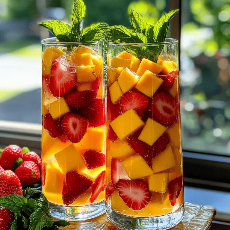 - 2 cups fresh strawberries, hulled and sliced - 1 ripe mango, peeled and diced Fresh fruits are the heart of this drink. The strawberries bring a sweet and tangy flavor. The ripe mango adds a rich creaminess. When choosing strawberries, look for bright red ones. They should feel firm and smell sweet. For mango, pick one that gives slightly when pressed. This means it's ripe and ready to eat. - 4 cups cold water - 2 tablespoons lime juice (freshly squeezed) - 2-3 tablespoons honey or agave syrup (adjust to taste) Water is key for making this drink refreshing. Cold water helps balance the sweetness of the fruits. The lime juice adds a splash of tartness. This brightens the flavors and makes it more exciting. Honey or agave syrup sweetens the drink. You can adjust the sweetness to your liking. Start with a little, then add more if needed. - Fresh mint leaves - Ice cubes Garnishes make your drink look pretty and taste better. Fresh mint leaves add a nice fragrance. They also give a cool touch to each sip. Ice cubes keep your drink chilled and refreshing. You can add them to the glass before pouring the agua fresca. For the full recipe, check out the [Full Recipe]. To start, you need to hull and slice the strawberries. Grab a sharp knife and cut off the green tops. Then, slice the strawberries into small pieces. This helps them blend better. Next, peel and dice the mango. Use a peeler to remove the skin. Cut around the large pit in the center. Dice the mango into small cubes. This will add a nice texture to your drink. Now, it’s time to blend the fruits. In a blender, combine the sliced strawberries and diced mango. Add 1 cup of cold water. Blend until smooth. The fruit should look like a thick puree. Next, strain the mixture. Use a fine mesh sieve placed over a large pitcher. Pour the blended fruit through the sieve. Press it down gently with a spatula. This removes any pulp and seeds, leaving you with a smooth drink. Now, let’s mix in the remaining ingredients. Add the other 3 cups of cold water to the pitcher. Stir in 2 tablespoons of lime juice and 2-3 tablespoons of honey or agave syrup. Taste it and adjust the sweetness to your liking. Mix the agua fresca well until all ingredients are combined. For serving, fill glasses with ice cubes. Pour the chilled drink over the ice. Garnish with fresh mint leaves for a refreshing touch. Enjoy this Strawberry Mango Agua Fresca as a perfect summer treat! For a complete guide, check out the Full Recipe. To make your Strawberry Mango Agua Fresca extra tasty, adjust the sweetness. You can use honey or agave syrup. Start with 2 tablespoons and taste it. If you want it sweeter, add more a little at a time. Choosing a ripe mango is key for the best flavor. Look for a mango that feels slightly soft when you press it. It should smell sweet near the stem. This will make your drink delicious and fresh. For the best look, use tall glasses. Clear glass shows off the bright colors of the drink. You can also use mason jars for a fun vibe. Pair your agua fresca with snacks or meals. It goes well with tacos, chips, or fresh fruit. This drink is perfect for summer gatherings or BBQs. It adds a refreshing touch to any meal. For the full recipe, check the [Full Recipe]. {{image_2}} You can make strawberry mango agua fresca even more exciting. Try adding other fruits. Pineapple adds a nice tropical twist. Watermelon brings a refreshing taste. Both fruits blend well with strawberries and mangoes. Herbs can also enhance flavor. Fresh basil adds a sweet, aromatic touch. Rosemary gives a unique, earthy note. Just add a few leaves when blending. Taste the mix and enjoy the new flavors. Sweetness is key to a great agua fresca. You can use sugar substitutes if needed. Try stevia or monk fruit for a healthier choice. These options let you cut calories without losing taste. If you want it less sweet, simply reduce honey or agave syrup. Start with just one tablespoon and taste. You can always add more if needed. For a sugar-free drink, skip sweeteners altogether. The natural fruit flavors shine through without them. For the full recipe, check out the instructions above. To keep your Strawberry Mango Agua Fresca fresh, store it in a pitcher with a lid. This helps to keep the flavors strong. If you have leftovers, it will last about 3 days in the refrigerator. Always give it a stir before serving again. The flavors may settle a bit. If you want to enjoy this drink later, you can freeze it. Pour the agua fresca into ice cube trays or freezer-safe bags. It is best to use the frozen cubes in smoothies. Just blend them with yogurt or more fruits for a refreshing treat. When you’re ready to drink, thaw the agua fresca overnight in the fridge. This way, you keep the taste fresh and lovely. For the full recipe, check out the details above! Yes, Strawberry Mango Agua Fresca is healthy. Each ingredient offers great benefits. - Strawberries are low in calories and high in vitamin C. They boost your immune system and keep your skin healthy. - Mangoes are rich in vitamins A and C. They help with digestion and improve eye health. - Lime juice adds vitamin C and helps in detoxifying the body. - Honey or agave syrup can provide energy and is often better than white sugar. This drink gives you a refreshing way to hydrate while enjoying these health benefits. Yes, you can use frozen fruits to make this drink. Frozen fruits save time and can be very handy. - Texture: Using frozen fruits may change the drink's texture. It can turn out thicker and creamier. - Flavor: The flavor may taste less fresh than using fresh fruits. However, it's still delicious and refreshing. If you want to use frozen fruits, just make sure to blend them well for a smooth drink. You can easily adjust the sweetness of your Strawberry Mango Agua Fresca. - Less honey or agave: Start with less sweetener. You can always add more if needed. - Add more lime juice: This enhances the flavor without adding sweetness. - Dilute with water: Mixing in more cold water can help tone down the sweetness, making it lighter. These tips will help you enjoy a balanced, refreshing drink just the way you like it! For the complete recipe, check the [Full Recipe]. In this article, we explored how to make Strawberry Mango Agua Fresca. We covered fresh fruits, liquid choices, and optional garnishes. I shared step-by-step instructions for preparing, blending, and serving the drink. You found tips for enhancing flavors and storing leftovers. Agua Fresca is not just tasty; it's a healthy choice too. Feel free to adjust sweetness to your liking. Whether you enjoy it as is or try different fruits, this drink is sure to refresh you. Enjoy your blends and the creativity they bring!