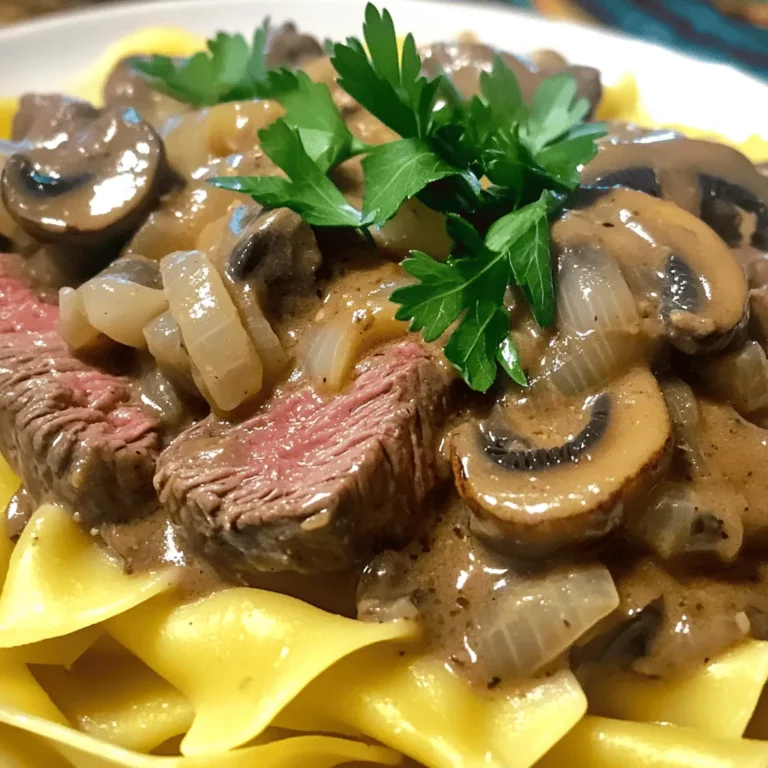 - 1 lb beef sirloin, thinly sliced - 1 medium onion, finely chopped - 2 cloves garlic, minced - 8 oz mushrooms, sliced - 1 cup beef broth - 1 cup sour cream - 2 tablespoons all-purpose flour - 2 tablespoons olive oil - 1 teaspoon Dijon mustard - Salt and pepper to taste - Fresh parsley, chopped - 12 oz egg noodles (or pasta of choice) In classic beef stroganoff, the beef sirloin is key. It gives your dish that rich flavor. The onion and garlic add depth, while mushrooms bring an earthy note. You will use beef broth for a savory base. For creaminess, sour cream is a must. Flour helps thicken the sauce so it clings well to the noodles. Olive oil adds a nice texture when you sauté the beef and veggies. A hint of Dijon mustard brightens the flavor. Don't forget salt and pepper to taste! Lastly, fresh parsley makes a lovely garnish. It adds color and freshness. Egg noodles are the perfect partner for this dish, soaking up all the delicious sauce. For the full recipe, check out the complete cooking guide. - Boil water and add salt. - Cook egg noodles until al dente. - Drain and set aside. Cooking the noodles is simple. You want them to be firm but not hard. Follow the package instructions for timing. Al dente noodles hold up well in the sauce. - Heat olive oil in a skillet. - Season and brown the beef sirloin. - Set aside cooked beef. In a large skillet, heat the olive oil. Add the beef sirloin and season with salt and pepper. Cook until the beef is brown, about 3 to 4 minutes. This gives it great flavor. Once done, take it out and set it aside. - Sauté onions and garlic until translucent. - Add sliced mushrooms and cook until browned. - Sprinkle flour and mix well. In the same skillet, add more olive oil if needed. Toss in the chopped onion and minced garlic. Cook them until the onion turns clear. Then, add the sliced mushrooms. They should cook until browned and soft. Sprinkle flour over them and mix well to thicken the sauce. - Gradually add beef broth and thicken sauce. - Stir in sour cream and Dijon mustard. - Return beef to skillet and heat through. Now, slowly pour in the beef broth. Stir as you add it to avoid lumps. Let it thicken up, which takes about 3 to 4 minutes. Lower the heat and mix in the sour cream and Dijon mustard. Add the beef back to the skillet. Heat everything through for 2 to 3 minutes. - Plate the noodles. - Spoon beef stroganoff on top. - Garnish with fresh parsley. To serve, place a generous portion of noodles on a plate. Spoon the beef stroganoff right on top. A sprinkle of fresh parsley adds a nice touch and color. This dish brings warmth and comfort to your table. For the full recipe, check out the details provided earlier. - Use tender cuts like sirloin or tenderloin. These cuts cook quickly and stay juicy. - Consider marinating for enhanced flavor. A simple mix of soy sauce and garlic works well. - Don't bring to a boil after adding sour cream. This keeps the sauce smooth and creamy. - Adjust seasoning to suit your taste. A pinch of salt or dash of pepper can make a big difference. - Sautéing beef gives it a nice brown crust. This adds great flavor to your dish. - Avoid overcrowding the skillet. Cook in batches so the beef sears nicely. You can always combine them later. For the complete recipe, check out the Full Recipe section. {{image_2}} You can easily swap the beef in beef stroganoff. Chicken or pork works great too. Cook the chicken or pork in the same way you cook the beef. It gives a nice twist to the dish. For a vegetarian option, use mushrooms and tofu. They soak up the sauce well. You can use a mix of both for a tasty blend. Want to boost the flavor of your sauce? Try adding a splash of red wine. It adds depth and richness. Worcestershire sauce is another great choice. It gives a savory kick. You can also play with different herbs. Fresh thyme or parsley brightens the dish. Just add a little at a time and taste as you go. If you need gluten-free options, look for gluten-free pasta. It cooks just like regular noodles. You can also serve the stroganoff over rice or mashed potatoes. These options work well and add a comforting touch. Each choice offers a unique way to enjoy this classic dish. For the full recipe, check out the ingredients and steps provided above. Store your leftover beef stroganoff in an airtight container. Make sure it cools to room temperature first. This helps keep it fresh. The recommended storage time is up to three days in the fridge. After that, the quality may drop. To freeze beef stroganoff, first let it cool completely. Then, place it in a freezer-safe container. You can also use freezer bags for easy storage. Make sure to remove as much air as possible. When you want to enjoy it later, it’s best to eat it within three months. Reheat beef stroganoff on the stove for the best taste. Use low heat and stir often. You can add a splash of beef broth to keep it moist. If using a microwave, heat in short bursts and stir in between. This prevents hot spots. For noodles, add a bit of water to avoid them getting dry. Enjoy your meal with all its comforting flavors! Classic beef stroganoff is a rich and creamy dish. It features tender beef, mushrooms, and a savory sauce. The dish originated in Russia and has won hearts worldwide. You cook it over egg noodles or pasta for a filling meal. The flavors blend well, making every bite comforting. To make beef stroganoff gluten-free, substitute the flour with cornstarch. Mix equal parts cornstarch and cold water to create a slurry. For noodles, try gluten-free pasta or rice noodles. Both options work well without losing flavor. Yes, you can make stroganoff in advance. Cook the beef and sauce, then cool it before storing. You can keep it in the fridge for up to three days. When reheating, do it slowly on low heat. This keeps the meat tender and the sauce creamy. Beef stroganoff pairs well with several side dishes. Consider serving it with: - Steamed green beans - Roasted broccoli - A fresh garden salad - Crusty bread for dipping These sides balance the rich flavors of the stroganoff. Beef stroganoff lasts about three to four days in the fridge. Store it in an airtight container for best results. Always check for any off smells before eating. If you want to keep it longer, consider freezing it. Beef stroganoff is a tasty dish made from simple ingredients. We shared how to prepare it step by step, from cooking noodles to making a rich sauce. Remember to use tender beef and adjust the seasonings to your taste. You can even try different proteins or pasta for fun. Enjoy your warm meal, and don't forget to share it with loved ones. This recipe is ready for your kitchen, so dig in!