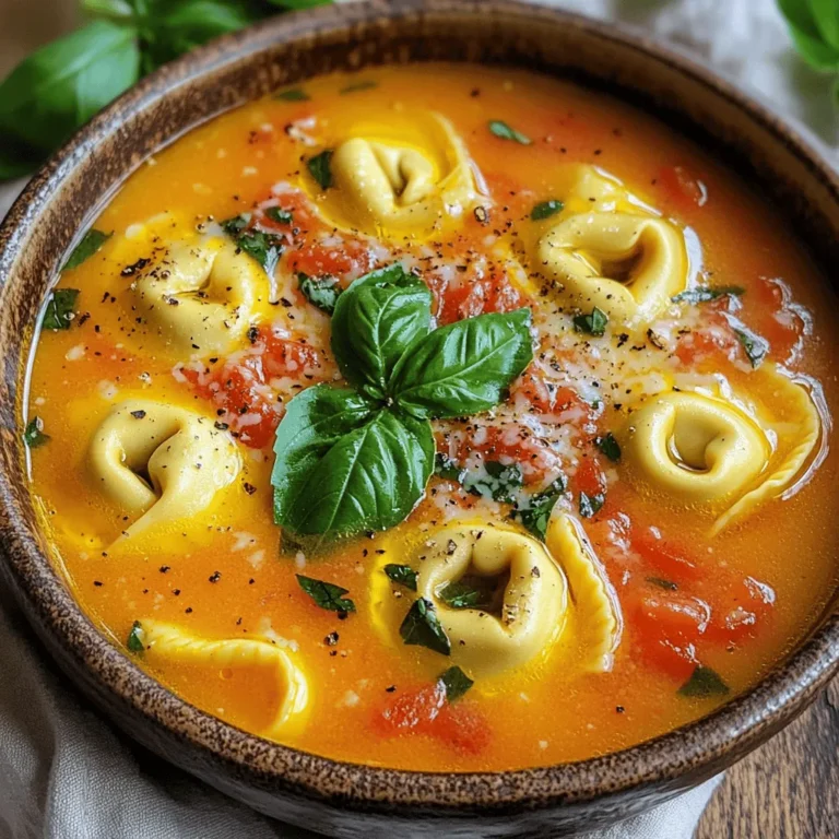 - 1 tablespoon olive oil - 1 medium onion, diced - 2 garlic cloves, minced - 1 can (28 oz) crushed tomatoes - 4 cups vegetable broth - 9 oz fresh cheese tortellini - 1 cup heavy cream (or coconut milk for a dairy-free option) The main ingredients create a rich base for the soup. Olive oil adds flavor, while the onion and garlic give it a savory taste. Crushed tomatoes bring sweetness, and vegetable broth adds depth. Fresh cheese tortellini makes it hearty, and heavy cream adds creaminess. - 1 teaspoon dried oregano - 1 teaspoon dried basil - Salt and pepper to taste - Fresh basil leaves for garnish - Grated Parmesan cheese for serving Seasonings make the soup come alive. Oregano and basil add warmth and aroma. Salt and pepper enhance all the flavors. Fresh basil leaves on top give brightness. Grated Parmesan cheese adds a salty finish, making every bite delightful. - Coconut milk as an alternative to heavy cream If you prefer a dairy-free option, coconut milk works well. It provides a creamy texture without dairy. The slight sweetness of coconut milk blends nicely with the tomatoes. It allows everyone to enjoy this comforting soup, regardless of dietary needs. You can find the full recipe [here](#). 1. Heat 1 tablespoon of olive oil in a large pot over medium heat. 2. Add 1 medium diced onion and sauté until it turns translucent, about 5 minutes. 3. Next, add 2 minced garlic cloves and cook for 1 more minute. 1. Pour in 1 can (28 oz) of crushed tomatoes and 4 cups of vegetable broth. 2. Add 1 teaspoon of dried oregano, 1 teaspoon of dried basil, salt, and pepper. 3. Bring the mixture to a simmer, letting the flavors blend. 4. Once simmering, add 9 oz of fresh cheese tortellini. Cook it according to the package, usually about 3-5 minutes. 1. Reduce the heat to low. Stir in 1 cup of heavy cream until mixed well. 2. Let the soup heat for an additional 2-3 minutes, but don’t let it boil. 3. Taste the soup and adjust the seasoning if needed. 4. Serve hot, garnished with fresh basil leaves and grated Parmesan cheese. For the full recipe, refer to the earlier section for all details. Enjoy your cooking! To make the best creamy tomato tortellini soup, cook the tortellini just right. Follow the package instructions closely. Fresh tortellini cooks quickly, usually in just 3-5 minutes. Stir gently to avoid breaking them. You can adjust the creaminess and flavor easily. If you want a richer taste, add more heavy cream. For a lighter option, use coconut milk. Taste the soup before serving. Adjust salt and pepper to suit your liking. One common mistake is overcooking the tortellini. This makes them mushy and loses their shape. Keep an eye on the timer to prevent this. Another mistake is skipping seasoning adjustments. Each ingredient plays a role in flavor. After cooking, taste your soup. You might need more salt, pepper, or herbs to enhance the taste. To add depth, try a splash of balsamic vinegar. This little tweak can brighten the flavors. Just a teaspoon can work wonders. Using fresh herbs for garnish is another great way to boost flavor. Fresh basil leaves add a nice touch and a burst of color. They bring freshness that makes each bowl inviting. For the full recipe, check the earlier section and enjoy making this comforting meal! {{image_2}} Adding spinach makes this soup even better. You can use fresh or frozen spinach. If you have fresh, chop it up and add it right before serving. For frozen, just stir it in when the soup is hot. It will wilt nicely and give a pop of green. This adds nutrients and a nice flavor to the soup. For a heartier meal, try adding cooked Italian sausage. Brown the sausage in the pot before you add the onion. This step adds a rich flavor that blends well with the tomatoes. After cooking the sausage, follow the rest of the recipe as usual. The sausage will make the soup more filling and tasty. You can easily make this soup vegan and gluten-free. Use gluten-free pasta instead of regular tortellini. There are many great options available today. For the creamy base, substitute heavy cream with coconut milk. It gives a nice texture and a hint of sweetness. Be sure to use vegetable broth for the best flavors. This way, everyone can enjoy this soup! For the full recipe, check out the complete guide. To keep your creamy tomato tortellini soup fresh, use an airtight container. This helps prevent spills and keeps out air. You can store it in the fridge for up to three days. If you need more time, consider freezing it. Make sure to cool the soup before storing. This prevents steam buildup in the container. Freezing the soup is easy and a great way to save it for later. Pour the cooled soup into freezer-safe bags or containers. Remove as much air as possible before sealing. This helps avoid freezer burn. You can freeze it for up to three months. When you’re ready to enjoy it, let it thaw in the fridge overnight. To reheat without losing texture, do it slowly. Pour the soup into a pot and warm it over low heat. Stir often to prevent sticking. If it seems too thick, add a splash of broth or water. For the best flavor, avoid boiling it. This keeps the creamy texture just right. When choosing tortellini, I prefer fresh cheese tortellini. It cooks quickly and adds a creamy texture. Cheese tortellini pairs well with the soup’s flavors. Meat tortellini works too, but it can change the taste. Stick with cheese for a classic, comforting soup. Yes, you can make this soup ahead of time. To meal prep, cook the soup without adding the tortellini. Store it in an airtight container in the fridge. When ready to eat, heat it up and add the tortellini. This keeps the pasta from getting mushy. You can store the soup in the fridge for up to three days. If you freeze it, it lasts for about three months. When you reheat it, add a little water or broth. This helps keep the soup creamy and fresh. In this blog post, we explored how to make a delicious creamy tomato tortellini soup. We discussed key ingredients like olive oil, crushed tomatoes, and fresh tortellini. You learned easy steps for preparation, cooking, and final touches. We shared tips for avoiding common mistakes and enhancing flavors. You also discovered tasty variations and proper storage methods. With these insights, you can create a comforting meal that warms the heart. Enjoy making this soup as much as I do!