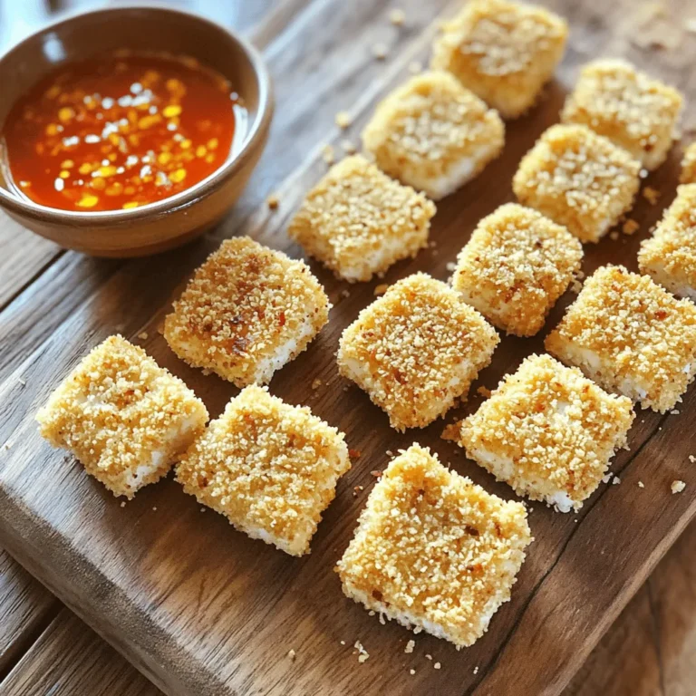 - 1 block (14 oz) firm tofu - 1 cup panko breadcrumbs - 1/2 cup all-purpose flour - 1/2 cup unsweetened plant milk (almond, soy, or oat) - 2 tablespoons olive oil - 2 tablespoons nutritional yeast - 1 teaspoon garlic powder - 1 teaspoon onion powder - 1 teaspoon smoked paprika - Salt and pepper to taste For these baked crispy tofu nuggets, I use firm tofu. It holds together well and gives a nice bite. Panko breadcrumbs make them extra crunchy. The all-purpose flour helps the coating stick. I choose unsweetened plant milk, like almond, soy, or oat, to keep it creamy without extra sugar. A drizzle of olive oil adds a touch of richness. I love to season my nuggets with nutritional yeast. It gives a cheesy taste without dairy. Garlic powder and onion powder add depth to the flavor. Smoked paprika gives a warm, smoky touch. Salt and pepper round out the taste, making these nuggets irresistible. For the full recipe, check out my detailed instructions on how to put this all together. 1. Preheat your oven to 400°F (200°C). Line a baking sheet with parchment paper. This helps the nuggets not stick. 2. Press the tofu to remove excess water. Wrap it in a clean towel and place a heavy object on top for about 15 minutes. After that, cut the tofu into bite-sized cubes. 3. In a shallow bowl, add the all-purpose flour. Season with salt and pepper. In a separate bowl, pour in the plant milk. In a third bowl, mix the panko breadcrumbs with nutritional yeast, garlic powder, onion powder, smoked paprika, and a pinch of salt. 1. Take a tofu cube and dip it into the flour. Shake off any excess flour. 2. Next, dip the floured tofu into the plant milk, allowing any extra to drip off. 3. Finally, roll the tofu cube in the panko mixture. Make sure it is fully coated for that crunchy texture. 4. Place the coated tofu nuggets onto the prepared baking sheet, spaced apart. This helps them bake evenly. 5. Drizzle olive oil over the nuggets to enhance crispiness. 1. Bake in the preheated oven for 25-30 minutes. Flip the nuggets halfway through for even cooking. 2. Check for a golden brown color and a crispy texture. If they need more time, bake for a few more minutes. 3. Once done, remove from the oven and let cool slightly before serving. Enjoy with your favorite dipping sauce. For the full recipe, see the beginning of the article. To get the best crunch, space the tofu nuggets well on the baking sheet. If they touch, they won’t crisp up. Make sure each nugget has its own space. Next, drizzle olive oil over them. This method is better than spraying. Drizzling gives more control and even coverage. Pressing the tofu is key for great texture. Wrap it in a clean towel and place a weight on top. Leave it for about 15 to 30 minutes. This removes excess water. For the best results, use firm tofu. It holds its shape and gets crispy. These nuggets shine with dipping sauces. Sweet chili, BBQ, or ranch are fantastic choices. You can also serve them with side dishes. A fresh salad or steamed veggies makes a complete meal. Enjoy experimenting with different flavors! Check out the Full Recipe for more details. {{image_2}} You can easily boost flavor in your tofu nuggets. Try adding spices to your breadcrumb mix. Paprika or Italian herbs work well. You can also use flavored plant milk instead of plain. Almond milk with vanilla adds a nice twist. If you need gluten-free options, use almond flour or cornmeal. These alternatives work great for the coating. You can also try crushed nuts or seeds for a crunchy texture. Explore different types of plant-based coatings like chickpea flour. It adds a unique flavor. Tofu nuggets can shine as an appetizer or a main dish. Serve them with dipping sauces for appetizers. For a main dish, pair them with rice or veggies. You can also add them to salads or wraps. This adds protein and crunch to your meals. After you make the baked crispy tofu nuggets, store them in the fridge. Place the nuggets in an airtight container. This keeps them fresh and tasty. They last up to three days in the fridge. If you want them crisp again, reheat them in the oven. You can freeze tofu nuggets before or after baking. If you freeze them before, coat them as usual and place them on a baking sheet. Freeze until firm, then transfer to a bag. This saves space. If you freeze them after baking, let them cool first. Store them the same way in an airtight container. To reheat baked tofu nuggets, preheat your oven to 400°F (200°C). Place the frozen nuggets on a baking sheet and bake for about 15-20 minutes. This gives you a crispy texture again. Enjoy your crunchy plant-based snack! For the full recipe, check the previous section. Making baked crispy tofu nuggets takes about 45 minutes in total. You will spend around 15 minutes preparing. This includes pressing the tofu and mixing the ingredients. After that, bake the nuggets for 25 to 30 minutes. Make sure to flip them halfway for even cooking. Yes, you can use different types of tofu. Firm tofu works best for a crunchy outside and soft inside. Soft or silken tofu will not hold its shape well. It may fall apart when you coat it. Extra-firm tofu is a great option if you want a denser nugget. Each type gives a different texture. Baked tofu nuggets are indeed healthier than fried ones. Baking uses less oil, so they have fewer calories. This method keeps the dish light and allows the flavors to shine. You still get a great crunch without the extra fat. Enjoying baked tofu nuggets can be part of a balanced diet. For the full recipe, check out the details above. In this post, we explored how to make crispy baked tofu nuggets. I covered the main and seasoning ingredients, along with step-by-step instructions for preparation and baking. We discussed tips for maximum crispiness and variations to suit your taste. Leftover storage and freezing methods ensure your nuggets stay fresh longer. Baking provides a healthier option, and enjoying tofu is easy! Feel free to experiment with flavors and presentations. I hope you enjoy making and sharing these tasty nuggets!