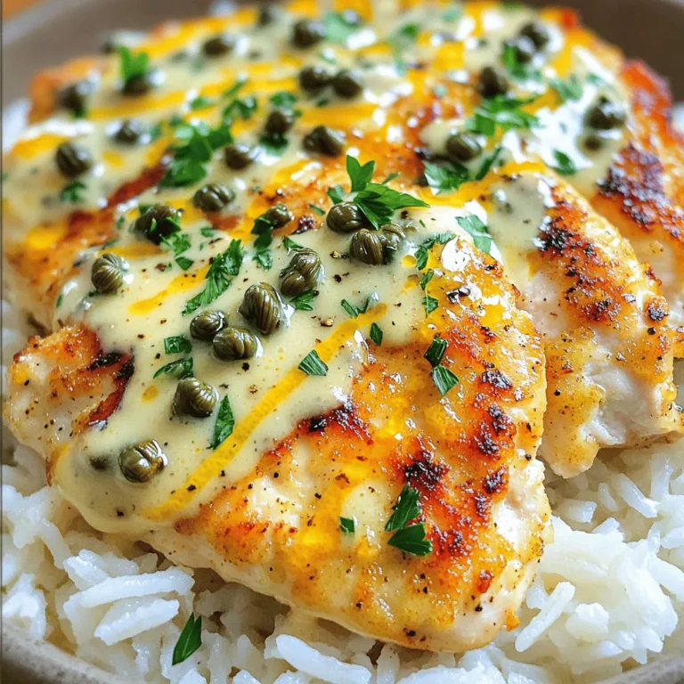 To make Creamy Lemon Chicken Piccata, you need a few simple ingredients. Here’s what you'll need: - 2 boneless, skinless chicken breasts - 1/2 cup all-purpose flour - 1 teaspoon salt - 1/2 teaspoon black pepper - 2 tablespoons olive oil - 2 tablespoons butter - 1 cup chicken broth - 1/4 cup fresh lemon juice - 1 tablespoon capers, rinsed and drained - 1/2 cup heavy cream - Fresh parsley, chopped (for garnish) With these ingredients, you can create a dish that is both creamy and tangy. The lemon juice brightens the flavor and the capers add a nice salty kick. This recipe is perfect for a quick weeknight meal. You can find the Full Recipe to guide you through each step. To start, you need to slice the chicken breasts. Cut them in half horizontally. This gives you thinner cutlets. Next, place the cutlets between two pieces of plastic wrap. Using a meat mallet, pound the chicken to about 1/2 inch thick. This helps the chicken cook evenly. Now, let's dredge the chicken. Take a shallow plate and mix together the flour, salt, and pepper. Coat each chicken cutlet in this flour mixture. Make sure to shake off any extra flour before cooking. This step ensures a nice crust later. Heat a large skillet over medium-high heat. Add the olive oil and one tablespoon of butter. Wait until the oil is hot. Then, add the chicken cutlets to the skillet. Cook for about 3-4 minutes on each side. You want them to turn golden brown and be cooked through. Once done, remove the chicken from the skillet and set it aside. In the same skillet, add the chicken broth, fresh lemon juice, and capers. Stir well and bring this mixture to a simmer. Scrape any browned bits from the bottom of the skillet. This adds great flavor to the sauce. Let the mixture reduce for about 2-3 minutes. Now, lower the heat and stir in the heavy cream. Keep stirring until the sauce thickens, which should take about 2 minutes. Taste the sauce and adjust the seasoning if needed. Finally, return the chicken cutlets to the skillet. Spoon the creamy sauce over the chicken and let them warm for one more minute. Finish by stirring in the remaining tablespoon of butter and let it melt into the sauce. For the full recipe, check out the complete instructions above. Enjoy this delightful dish! To ensure the chicken cooks evenly, slice it into thin cutlets. This helps them cook faster and stay juicy. Use a meat mallet to pound the chicken to about 1/2 inch thick. That way, each piece cooks at the same rate. For the sauce, achieving the right consistency is key. Start with chicken broth and lemon juice. Let it simmer to reduce. Then, stir in heavy cream slowly. Keep stirring until it thickens. This process makes the creamy sauce rich and smooth. Serve your Creamy Lemon Chicken Piccata over fluffy rice or pasta. These sides soak up the delicious sauce. For a pop of color, add lemon wedges on the side. They add a fresh look and aroma. Garnishing is easy! Sprinkle fresh parsley on top of the chicken. This adds a nice touch and makes the dish look beautiful. You can also add extra capers for a bright contrast. {{image_2}} You can change the protein in this dish easily. Turkey or shrimp works well in place of chicken. Just adjust the cooking time. Turkey cutlets cook quickly, while shrimp takes just a few minutes. You can also swap out the lemon for other citrus fruits. Lime or orange juice adds a different twist. Lime gives a fresh zest, while orange adds sweetness. Both keep the dish vibrant and tasty. Garlic bread pairs perfectly with Creamy Lemon Chicken Piccata. You can quickly make it by spreading butter and minced garlic on slices of French bread. Toast them in the oven until golden. For a healthy side, choose steamed vegetables. Broccoli, asparagus, or green beans complement the creamy sauce well. They add color and nutrition to your meal. You can even toss them in the same lemon sauce for extra flavor. For the full recipe, check out the complete guide to Creamy Lemon Chicken Piccata. To keep your Creamy Lemon Chicken Piccata fresh, follow these tips: - Refrigeration: Store leftovers in an airtight container. This keeps the dish fresh for up to three days. Place it in the fridge as soon as it cools to room temperature. - Freezing: For long-term storage, you can freeze the chicken piccata. Use a freezer-safe container or bag. It can last up to three months. However, the cream sauce may change texture when thawed. When it’s time to enjoy your leftovers, use these methods for the best results: - Stovetop: Heat the chicken in a skillet over low heat. Add a splash of chicken broth or water. This helps keep the chicken moist. - Microwave: Place the chicken in a microwave-safe dish. Cover it with a damp paper towel. Heat in short bursts, stirring between each, until warm. To avoid the cream sauce from separating, reheating gently is key. If it starts to separate, whisk it quickly while heating to bring it back together. Enjoy your creamy lemon chicken piccata! For the full recipe, check earlier sections. What can I serve alongside Creamy Lemon Chicken Piccata? You can serve this dish with many sides. Here are some ideas: - Fluffy rice - Pasta, like fettuccine or spaghetti - Steamed vegetables, such as broccoli or green beans - A fresh salad with lemon vinaigrette These options soak up the creamy sauce well and add color to your plate. How can I make this recipe gluten-free? To make this dish gluten-free, replace the all-purpose flour with gluten-free flour. You can also use cornstarch as a thickener. Ensure that the chicken broth is gluten-free. This way, you keep the creamy texture and flavor without gluten. Can I substitute the heavy cream with a lighter option? Yes, you can use half-and-half or whole milk for a lighter sauce. If you want a dairy-free option, try coconut cream or a nut-based milk. These options change the flavor slightly, but they can still taste great. How to customize flavor profiles You can add more flavor to your sauce. Consider these ideas: - Add minced garlic for a savory touch - Stir in fresh herbs like thyme or basil - Use white wine instead of chicken broth for a richer taste These additions can give your dish a unique twist. The best methods for cooking chicken piccata To cook chicken piccata well, follow these tips: - Use a hot pan and do not crowd the chicken - Cook until golden brown for the best flavor - Let the chicken rest before serving to keep it juicy These methods ensure your chicken is cooked evenly and is very tasty. In this blog post, I covered how to make Creamy Lemon Chicken Piccata. You learned about the ingredients, step-by-step cooking instructions, and helpful tips for perfecting the dish. I shared storage info and answered common questions to guide you. This recipe is simple yet tasty, making it perfect for any meal. Enjoy creating this dish and impress your friends and family!