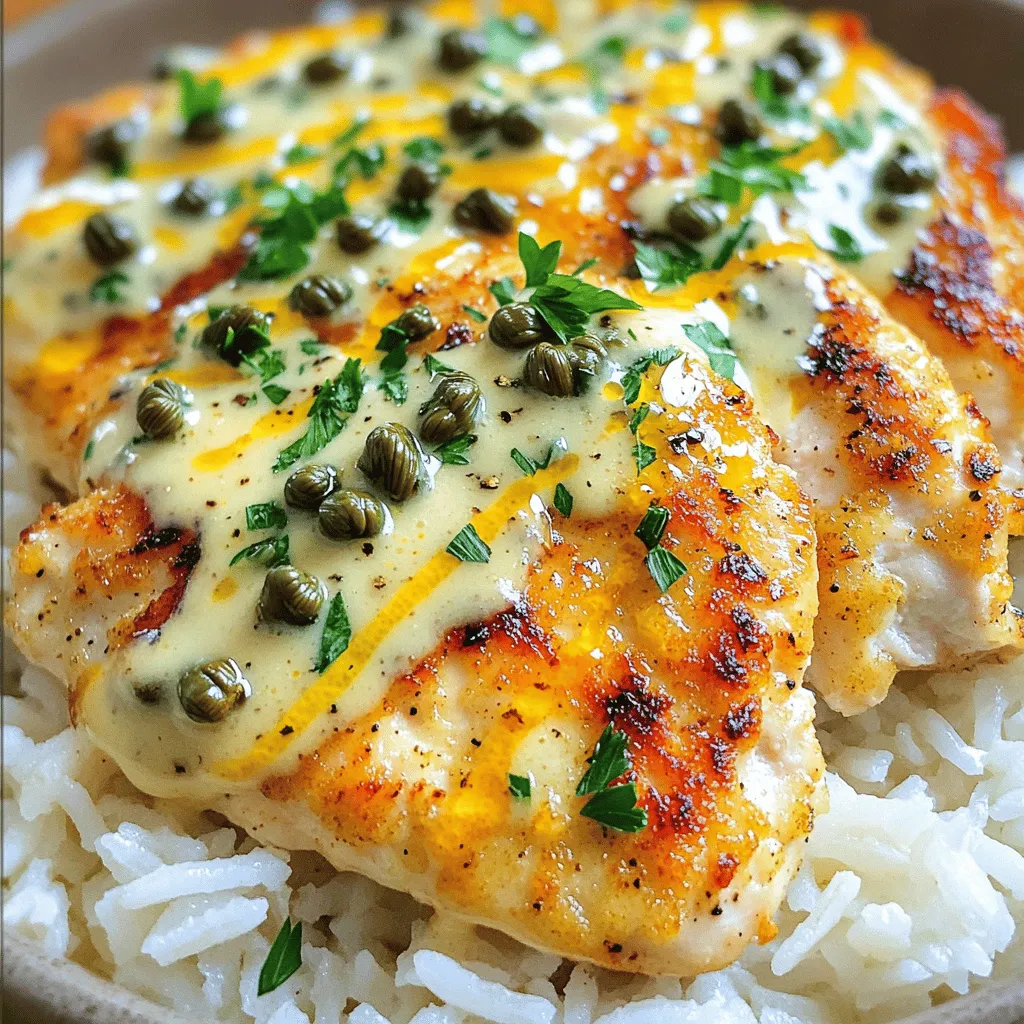 To make Creamy Lemon Chicken Piccata, you need a few simple ingredients. Here’s what you'll need: - 2 boneless, skinless chicken breasts - 1/2 cup all-purpose flour - 1 teaspoon salt - 1/2 teaspoon black pepper - 2 tablespoons olive oil - 2 tablespoons butter - 1 cup chicken broth - 1/4 cup fresh lemon juice - 1 tablespoon capers, rinsed and drained - 1/2 cup heavy cream - Fresh parsley, chopped (for garnish) With these ingredients, you can create a dish that is both creamy and tangy. The lemon juice brightens the flavor and the capers add a nice salty kick. This recipe is perfect for a quick weeknight meal. You can find the Full Recipe to guide you through each step. To start, you need to slice the chicken breasts. Cut them in half horizontally. This gives you thinner cutlets. Next, place the cutlets between two pieces of plastic wrap. Using a meat mallet, pound the chicken to about 1/2 inch thick. This helps the chicken cook evenly. Now, let's dredge the chicken. Take a shallow plate and mix together the flour, salt, and pepper. Coat each chicken cutlet in this flour mixture. Make sure to shake off any extra flour before cooking. This step ensures a nice crust later. Heat a large skillet over medium-high heat. Add the olive oil and one tablespoon of butter. Wait until the oil is hot. Then, add the chicken cutlets to the skillet. Cook for about 3-4 minutes on each side. You want them to turn golden brown and be cooked through. Once done, remove the chicken from the skillet and set it aside. In the same skillet, add the chicken broth, fresh lemon juice, and capers. Stir well and bring this mixture to a simmer. Scrape any browned bits from the bottom of the skillet. This adds great flavor to the sauce. Let the mixture reduce for about 2-3 minutes. Now, lower the heat and stir in the heavy cream. Keep stirring until the sauce thickens, which should take about 2 minutes. Taste the sauce and adjust the seasoning if needed. Finally, return the chicken cutlets to the skillet. Spoon the creamy sauce over the chicken and let them warm for one more minute. Finish by stirring in the remaining tablespoon of butter and let it melt into the sauce. For the full recipe, check out the complete instructions above. Enjoy this delightful dish! To ensure the chicken cooks evenly, slice it into thin cutlets. This helps them cook faster and stay juicy. Use a meat mallet to pound the chicken to about 1/2 inch thick. That way, each piece cooks at the same rate. For the sauce, achieving the right consistency is key. Start with chicken broth and lemon juice. Let it simmer to reduce. Then, stir in heavy cream slowly. Keep stirring until it thickens. This process makes the creamy sauce rich and smooth. Serve your Creamy Lemon Chicken Piccata over fluffy rice or pasta. These sides soak up the delicious sauce. For a pop of color, add lemon wedges on the side. They add a fresh look and aroma. Garnishing is easy! Sprinkle fresh parsley on top of the chicken. This adds a nice touch and makes the dish look beautiful. You can also add extra capers for a bright contrast. {{image_2}} You can change the protein in this dish easily. Turkey or shrimp works well in place of chicken. Just adjust the cooking time. Turkey cutlets cook quickly, while shrimp takes just a few minutes. You can also swap out the lemon for other citrus fruits. Lime or orange juice adds a different twist. Lime gives a fresh zest, while orange adds sweetness. Both keep the dish vibrant and tasty. Garlic bread pairs perfectly with Creamy Lemon Chicken Piccata. You can quickly make it by spreading butter and minced garlic on slices of French bread. Toast them in the oven until golden. For a healthy side, choose steamed vegetables. Broccoli, asparagus, or green beans complement the creamy sauce well. They add color and nutrition to your meal. You can even toss them in the same lemon sauce for extra flavor. For the full recipe, check out the complete guide to Creamy Lemon Chicken Piccata. To keep your Creamy Lemon Chicken Piccata fresh, follow these tips: - Refrigeration: Store leftovers in an airtight container. This keeps the dish fresh for up to three days. Place it in the fridge as soon as it cools to room temperature. - Freezing: For long-term storage, you can freeze the chicken piccata. Use a freezer-safe container or bag. It can last up to three months. However, the cream sauce may change texture when thawed. When it’s time to enjoy your leftovers, use these methods for the best results: - Stovetop: Heat the chicken in a skillet over low heat. Add a splash of chicken broth or water. This helps keep the chicken moist. - Microwave: Place the chicken in a microwave-safe dish. Cover it with a damp paper towel. Heat in short bursts, stirring between each, until warm. To avoid the cream sauce from separating, reheating gently is key. If it starts to separate, whisk it quickly while heating to bring it back together. Enjoy your creamy lemon chicken piccata! For the full recipe, check earlier sections. What can I serve alongside Creamy Lemon Chicken Piccata? You can serve this dish with many sides. Here are some ideas: - Fluffy rice - Pasta, like fettuccine or spaghetti - Steamed vegetables, such as broccoli or green beans - A fresh salad with lemon vinaigrette These options soak up the creamy sauce well and add color to your plate. How can I make this recipe gluten-free? To make this dish gluten-free, replace the all-purpose flour with gluten-free flour. You can also use cornstarch as a thickener. Ensure that the chicken broth is gluten-free. This way, you keep the creamy texture and flavor without gluten. Can I substitute the heavy cream with a lighter option? Yes, you can use half-and-half or whole milk for a lighter sauce. If you want a dairy-free option, try coconut cream or a nut-based milk. These options change the flavor slightly, but they can still taste great. How to customize flavor profiles You can add more flavor to your sauce. Consider these ideas: - Add minced garlic for a savory touch - Stir in fresh herbs like thyme or basil - Use white wine instead of chicken broth for a richer taste These additions can give your dish a unique twist. The best methods for cooking chicken piccata To cook chicken piccata well, follow these tips: - Use a hot pan and do not crowd the chicken - Cook until golden brown for the best flavor - Let the chicken rest before serving to keep it juicy These methods ensure your chicken is cooked evenly and is very tasty. In this blog post, I covered how to make Creamy Lemon Chicken Piccata. You learned about the ingredients, step-by-step cooking instructions, and helpful tips for perfecting the dish. I shared storage info and answered common questions to guide you. This recipe is simple yet tasty, making it perfect for any meal. Enjoy creating this dish and impress your friends and family!