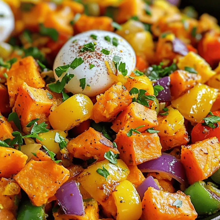 To make a delicious savory sweet potato hash, you will need the following ingredients: - Sweet potatoes and vegetables - 2 large sweet potatoes, peeled and diced - 1 red bell pepper, diced - 1 green bell pepper, diced - 1 small red onion, diced - 2 cloves garlic, minced - Spices and seasonings - 1 teaspoon smoked paprika - 1/2 teaspoon cumin - 1/4 teaspoon cayenne pepper (optional for heat) - 2 tablespoons olive oil - Salt and pepper to taste - Optional toppings - 2 eggs (optional, for topping) - Fresh parsley, chopped (for garnish) These ingredients come together to create a colorful and tasty dish. The sweet potatoes add a natural sweetness, while the spices enhance the flavor. You can adjust the heat with cayenne pepper based on your taste. I love to add a fried egg on top for extra richness. If you want to go all out, sprinkle fresh parsley for a pop of color and freshness. For the full recipe, check the detailed steps provided. 1. Preparing the sweet potatoes: Start by peeling and dicing your sweet potatoes. Aim for small, even pieces. This helps them cook faster. 2. Cooking the vegetables: Heat olive oil in a large skillet over medium heat. Add the diced sweet potatoes to the skillet. Season with salt and pepper. Cook them for about 10 to 12 minutes. Stir often until they turn tender and slightly caramelized. 3. Adding spices: Once the sweet potatoes are cooked, add the diced red and green bell peppers and red onion. Sauté these for about 5 minutes until they soften. Then, stir in the minced garlic and spices: smoked paprika, cumin, and cayenne pepper. Cook for another 2 to 3 minutes. This step adds a lot of flavor! - Sautéing process explained: Sautéing helps bring out the natural sweetness of the sweet potatoes. Keep the heat at medium to avoid burning. Stir regularly for even cooking. - Cooking eggs (optional): If you want to add eggs, create small wells in the hash. Crack an egg into each well. Cover the skillet and let it cook for 5 to 7 minutes. Cook until the eggs reach your desired doneness. - Garnishing the dish: After cooking, taste your hash and adjust the seasoning if needed. Finally, remove the skillet from heat. Garnish with fresh parsley before serving. This adds a lovely touch! For the full recipe, refer to the earlier section. Best ways to cut sweet potatoes Start by peeling the sweet potatoes. Use a sharp knife for safety. Cut them into even cubes. This helps them cook uniformly. Aim for about half-inch pieces. Smaller pieces cook faster, while larger pieces take longer. Cooking on medium heat: The science behind it Cooking on medium heat gives you control. It prevents burning while allowing even cooking. Sweet potatoes need time to soften and caramelize. If you cook too fast, they may become tough or burnt. Ensuring even cooking Stir the hash often to ensure all pieces cook well. If some pieces are larger, cut them down. This keeps the texture consistent. You want golden edges and soft centers for the best flavor. Ideal pairings with savory sweet potato hash This dish pairs well with eggs. Fried or poached eggs work best. You can also serve it with avocado, salsa, or fresh herbs. These add flavor and texture. Serving for breakfast, lunch, or dinner Savory sweet potato hash is flexible. It makes a great breakfast or brunch. Serve it as a hearty lunch or light dinner too. The options are endless! Creative plating ideas Plate the hash in a bowl for a cozy look. Add a fried egg on top for style. Sprinkle fresh parsley for color. You can also serve it with a side salad for extra crunch. Check the Full Recipe for more tips on presentation. {{image_2}} You can easily switch out some ingredients in savory sweet potato hash. Here are some ideas: - Alternative veggies to use: Try using zucchini, kale, or spinach. These add great flavor and color. - Substituting spices for flavor variations: Swap smoked paprika for chili powder or add Italian herbs. This can change the taste and make it exciting. - Vegan alternatives for eggs: If you want a vegan dish, use tofu or chickpea flour. These can give you the protein you need without eggs. You can cook savory sweet potato hash in different ways. Here are some options: - Oven-baked version: Spread the hash on a baking sheet. Bake at 400°F (200°C) for 25-30 minutes. This gives it a nice crisp. - Air fryer adjustments: Place the hash in the air fryer. Cook at 380°F (193°C) for about 15-20 minutes. Shake the basket halfway for even cooking. - Slow cooker modifications: Combine all ingredients in a slow cooker. Cook on low for 4-6 hours. This is great for a hands-off approach. For the full recipe, check out the instructions above. To keep your savory sweet potato hash fresh, use a sealed container. Make sure it cools down first. Store it in the fridge. It can last up to four days. If you want to keep it longer, consider freezing it. In the freezer, it can last for three months. Just remember to label it with the date. When reheating, you can choose between the microwave or stovetop. The microwave is faster but may make the hash soggy. If you want great texture, reheating on the stovetop is better. Heat a little olive oil in a pan. Add the hash and stir until warm. This keeps it crispy. If you used eggs, be careful not to overcook them when reheating. Enjoy every bite! For the full recipe, check the section above. What can I add to sweet potato hash for more protein? You can add cooked sausage, bacon, or beans for protein. Eggs also work great. Cook them right in the hash for extra flavor. Tofu is a good plant-based choice. Add it while cooking to soak up the spices. Can I make this dish ahead of time? Yes, you can prepare sweet potato hash ahead of time. Cook it fully and then cool it. Store it in an airtight container in the fridge. It lasts for about three days. Reheat it in a skillet for best results. How can I make it spicier? To spice up your hash, add more cayenne pepper or crushed red pepper. Hot sauce is another option. You can also use spicy sausage or jalapeños for a kick. Calories and macronutrients One serving of savory sweet potato hash has around 300 calories. It includes about 11 grams of protein, 14 grams of fat, and 36 grams of carbs. This can vary based on added ingredients. Health benefits of sweet potatoes Sweet potatoes are rich in vitamins and fiber. They give you a good boost of energy. They are high in beta-carotene, which is good for your eyes. Eating sweet potatoes may help support a healthy heart too. In this blog post, we outlined how to make a savory sweet potato hash. We covered essential ingredients, step-by-step preparation, and helpful cooking techniques. I shared tips for making the dish perfectly and how to store leftovers effectively. You now have everything you need to create and enjoy this tasty meal. Whether for breakfast or dinner, sweet potato hash offers great flavor and nutrition. Experiment with your own tweaks and savor every bite!