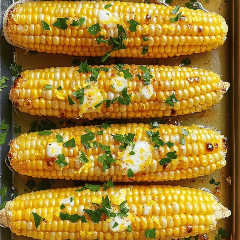 - 4 ears of corn, husked - 4 tablespoons unsalted butter, melted - 3 cloves garlic, minced - Zest of 1 lemon - 2 tablespoons fresh lemon juice - 1 teaspoon paprika - Salt and pepper to taste - Fresh parsley, chopped (for garnish) What can I use instead of unsalted butter? You can swap unsalted butter for olive oil or coconut oil. Both choices add nice flavors. What are alternatives for fresh garlic? You can use garlic powder as a quick fix. One teaspoon of garlic powder equals one clove of garlic. How can I substitute fresh lemon juice? If you don’t have fresh lemon juice, use bottled lemon juice. You might want to adjust the amount for taste. This recipe brings a burst of fresh taste to any meal. Check out the Full Recipe for cooking details! First, preheat your oven to 400°F (200°C). This step is key for even cooking. While the oven heats, prepare your baking sheet. Line it with parchment paper for easy cleanup. Next, mix the lemon garlic butter. In a small bowl, combine the melted butter, minced garlic, lemon zest, lemon juice, paprika, salt, and pepper. Stir until everything blends well. This mixture adds a bright flavor to the corn. Now, it’s time to coat the corn. Take your husked ears of corn and lay them on the prepared baking sheet. Use a brush to apply the lemon garlic mixture generously. Make sure every ear is well coated for the best taste. Roast the corn in the oven for 25-30 minutes. Turn the corn every 10 minutes. This helps it cook evenly and get a nice char. Look for tender corn with some golden spots when done. Once the corn is roasted, take it out and let it cool for a few minutes. Garnish with chopped fresh parsley for a pop of color. You can drizzle leftover garlic butter from the baking sheet over the corn for extra flavor. This dish pairs well with grilled meats or fresh salads. It makes a lovely side for summer barbecues or family dinners. For the full recipe, check out the complete guide on Lemon Garlic Roasted Corn. To make perfect roasted corn, you want the right char and tenderness. Start by preheating your oven to 400°F (200°C). This heat gives the corn that nice roasted flavor. Roast the corn for 25 to 30 minutes. Turn it every ten minutes. This ensures even cooking and nice char spots. For even coating of flavors, brush the lemon garlic mixture on each ear of corn. Use a basting brush for the best results. Make sure to coat all sides. This helps every bite burst with flavor. Serve your lemon garlic roasted corn right after cooking. It tastes best hot and fresh from the oven. The lemon juice and garlic flavors shine when warm. If you have leftovers, store them in an airtight container in the fridge. They last about three days. You can reheat them in the oven or microwave. For a quick snack, enjoy them cold or add them to salads. Try drizzling a little olive oil over the corn for extra flavor. For the full recipe, check out the [Full Recipe]. {{image_2}} To make lemon garlic roasted corn even more exciting, you can add herbs and spices. Fresh herbs like basil or cilantro can bring a nice twist. Dried spices like cumin or chili powder also work well. These options can change the flavor profile easily. If you like heat, try adding cayenne pepper or red pepper flakes. This addition gives your corn a spicy kick. You can mix these spices right into the butter for even coverage. You can grill your corn for a smoky flavor. To grill, soak the husked corn in water for 30 minutes. Then, place it on the grill over medium heat. Turn it every few minutes until it’s charred and cooked through. This takes about 15-20 minutes. If you prefer the stovetop, you can also use a skillet. Heat a bit of butter in a large pan over medium heat. Add the corn and cook for about 10-15 minutes. Stir frequently until it's tender and has a nice golden color. Each method gives you a unique taste, so feel free to experiment! You can find the full recipe [here]. To keep your Lemon Garlic Roasted Corn fresh, store it right. First, let the corn cool down. Then, wrap each ear in plastic wrap or place it in an airtight container. This keeps moisture in and prevents drying out. You can store it in the fridge for up to four days. If you want to save it for longer, freezing is a great option. Wrap each ear tightly in foil, then place them in a freezer bag. They can last for up to six months in the freezer. When it's time to enjoy your leftovers, you want them to taste great. There are a few ways to reheat them. The oven is my favorite method. Preheat it to 350°F (175°C). Place the corn on a baking sheet and cover it with foil. Heat for about 10-15 minutes. This warms the corn evenly without losing flavor. You can also use the microwave for a quicker option. Place the corn on a microwave-safe plate and cover it with a damp paper towel. Heat for 1-2 minutes, checking often to avoid overheating. If you want a bit of char, you can quickly sear the corn in a hot pan for a minute or two. Enjoy your tasty Lemon Garlic Roasted Corn just like it was fresh! For the full recipe, check out the details above. What can I substitute for corn on the cob? You can use canned corn or frozen corn. Both options work well. For canned corn, drain it well. For frozen corn, thaw it first. This swap can save time and still taste great. Can I use frozen corn for this recipe? Yes, frozen corn is perfect for this recipe. Just make sure to thaw it completely and pat it dry. This helps to avoid excess moisture. You can then follow the same roasting steps. How can I make Lemon Garlic Roasted Corn spicier? To add heat, you can mix in red pepper flakes or cayenne pepper. Just a pinch can spice things up. You can also add a dash of hot sauce to the butter mixture for an extra kick. What is the best way to select fresh corn? Look for corn with bright green husks. The silk should be silky and slightly sticky. Check that the kernels are plump and full. If they feel firm and slightly moist, you’ve got a winner! This blog covers the best ways to make Lemon Garlic Roasted Corn. You learned about the simple ingredients, substitutions, and step-by-step cooking instructions. I shared tips for perfecting your corn and serving suggestions to impress your guests. We also discussed variations and storage to make your meal prep easier. As you try this recipe, keep these ideas in mind. Enjoy creating a delicious dish that will wow everyone who tastes it!