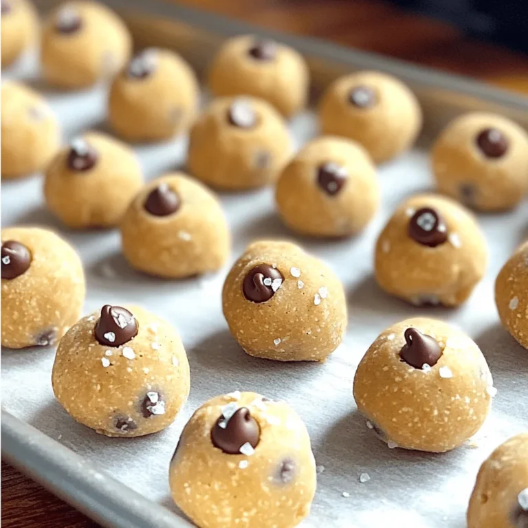 - 1 cup almond flour - 1/2 cup peanut butter (or any nut butter of your choice) - 1/4 cup maple syrup - 1/4 cup mini chocolate chips - 1 teaspoon vanilla extract - A pinch of sea salt - Optional: 1/4 cup chopped nuts (like walnuts or pecans) To make no-bake cookie dough bites, you need simple ingredients. Almond flour gives a nice base. It keeps the bites gluten-free and adds a nutty taste. Peanut butter, or any nut butter, adds creaminess. It also packs protein. Maple syrup brings sweetness and binds the mix. Mini chocolate chips make every bite fun and tasty. Vanilla extract adds warmth. A pinch of sea salt balances the sweetness. If you like, add chopped nuts for extra crunch. - Nut butter alternatives: If you have nut allergies, try sunflower seed butter or soy nut butter. These options work well and taste great. - Sweetener options: You can use honey or agave syrup instead of maple syrup. These will still make the bites sweet and sticky. - Flour substitutes: If you want to avoid almond flour, use oat flour or coconut flour. Each will give a slightly different taste and texture, but they are both good options. These easy swaps let you customize your treats. Don't be afraid to mix and match based on your taste or what you have at home. For the full recipe, check out the notes in this article. Let your creativity shine! First, you need to gather your ingredients. In a medium bowl, combine: - 1 cup almond flour - A pinch of sea salt Mix them well. This step helps to blend the salt evenly. Next, in a separate bowl, mix together: - 1/2 cup peanut butter (or any nut butter of your choice) - 1/4 cup maple syrup - 1 teaspoon vanilla extract Stir these wet ingredients until they are smooth and creamy. This mixture adds sweetness and flavor to the bites. Once your wet and dry mixtures are ready, pour the wet ingredients into the bowl with the almond flour. Stir until it forms a thick dough. Now, fold in: - 1/4 cup mini chocolate chips - Optional: 1/4 cup chopped nuts (like walnuts or pecans) Gently mix to distribute the chocolate chips and nuts evenly. Next, use your hands to form small balls, about 1 inch in diameter. Place these on a parchment-lined baking sheet. Refrigeration is key for these bites. Chilling helps them firm up and makes them easier to eat. You should chill the bites for at least 20-30 minutes. This time gives them the perfect texture. Enjoy your cookie dough bites straight from the fridge! For the full recipe, check the details provided. To get the right texture, you need to adjust the moisture. If your dough feels too dry, add a little more maple syrup or nut butter. If it’s too wet, sprinkle in some extra almond flour. A common mistake is not mixing well enough. Make sure you combine all ingredients until they form a thick but smooth dough. You can make these bites even tastier by adding spices or extracts. A dash of cinnamon or a splash of almond extract can really boost the flavor. You can also mix in fun extras like dried fruit or coconut flakes. Experiment with different add-ins to find your favorite. Serving these cookie dough bites can be fun and creative. You can arrange them on a platter with fresh fruit for a colorful snack. They also go well with a glass of milk or a cup of coffee. For a treat, serve them with ice cream or yogurt. You can even drizzle some melted chocolate on top to make them extra special. {{image_2}} You can make these no-bake cookie dough bites in many fun flavors. Here are two easy ideas: - Chocolate chip cookie dough bites: Just add more mini chocolate chips to the dough. You can also mix in cocoa powder for a richer flavor. This makes the bites taste like classic cookie dough. - Peanut butter cup cookie dough bites: Mix in chopped peanut butter cups for a sweet twist. You can also add a swirl of peanut butter on top for extra flavor. This is great for peanut butter lovers! You can adapt these bites to fit different diets: - Gluten-free options: Use gluten-free flour instead of almond flour. You can try oat flour or coconut flour as great substitutes. Both options keep the bites tasty and gluten-free. - Vegan alternatives: Swap maple syrup for agave nectar. Use a nut butter without added ingredients to keep it vegan. These small changes keep the bites delicious and friendly for vegans. Make these bites special for different seasons: - Holiday-themed additions: Add spices like cinnamon or nutmeg for a cozy taste. You can also mix in festive sprinkles for a fun look. This makes them perfect for holiday gatherings. - Summer fruit-infused versions: Fold in dried fruits like cranberries or cherries. You can also try adding fresh fruit flavors like banana. This brings a bright taste to your no-bake cookie dough bites. Check out the Full Recipe for all the delicious details! To keep your no-bake cookie dough bites fresh, use an airtight container. This helps maintain their taste and texture. I prefer glass containers, as they are easy to clean and don’t retain odors. You can also use plastic containers if glass is not available. Place a layer of parchment paper between layers of bites. This prevents them from sticking together. Store the bites in the refrigerator. This keeps them firm and ready to enjoy. How long do they last? These delicious treats can last up to one week in the fridge. If you want to keep them longer, freezing is an option. To freeze, place the cookie dough bites in a single layer on a baking sheet. Freeze them for about an hour until firm. Once frozen, transfer them to a freezer-safe bag or container. They can last up to three months in the freezer. When you’re ready to enjoy, just take out a few and let them thaw in the fridge. Enjoy your cookie dough bites from the comfort of your home! For the complete recipe, check out the full recipe. You should not bake these bites. They are designed to be no-bake. Baking changes their texture and flavor. If you want warm cookie dough, I suggest using a traditional cookie recipe. This will give you that nice, fresh-baked taste you love. Yes, you can use any nut butter. Peanut butter is popular, but almond butter works well too. Sunflower seed butter is great for those with nut allergies. Each nut butter gives a unique flavor and creaminess. Just choose what you enjoy! For those with nut allergies, you can replace almond flour with oat flour. Coconut flour is another option, but it absorbs more moisture. You may need to adjust your liquid. If gluten is a concern, use gluten-free flour blends. This way, you can still enjoy these tasty bites! You now have a simple and tasty recipe for no-bake cookie dough bites. We covered the ingredients, substitutions, and step-by-step instructions. I shared tips to get the right texture and even provided fun variations. Remember, these bites are easy to make and flexible. You can change the flavors or storage methods to fit your needs. I hope you enjoy making these treats as much as I do! Happy snacking!