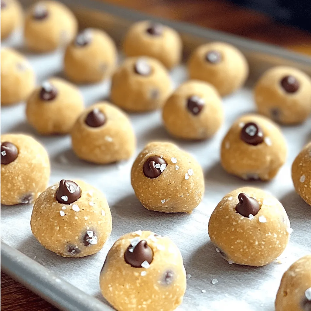 - 1 cup almond flour - 1/2 cup peanut butter (or any nut butter of your choice) - 1/4 cup maple syrup - 1/4 cup mini chocolate chips - 1 teaspoon vanilla extract - A pinch of sea salt - Optional: 1/4 cup chopped nuts (like walnuts or pecans) To make no-bake cookie dough bites, you need simple ingredients. Almond flour gives a nice base. It keeps the bites gluten-free and adds a nutty taste. Peanut butter, or any nut butter, adds creaminess. It also packs protein. Maple syrup brings sweetness and binds the mix. Mini chocolate chips make every bite fun and tasty. Vanilla extract adds warmth. A pinch of sea salt balances the sweetness. If you like, add chopped nuts for extra crunch. - Nut butter alternatives: If you have nut allergies, try sunflower seed butter or soy nut butter. These options work well and taste great. - Sweetener options: You can use honey or agave syrup instead of maple syrup. These will still make the bites sweet and sticky. - Flour substitutes: If you want to avoid almond flour, use oat flour or coconut flour. Each will give a slightly different taste and texture, but they are both good options. These easy swaps let you customize your treats. Don't be afraid to mix and match based on your taste or what you have at home. For the full recipe, check out the notes in this article. Let your creativity shine! First, you need to gather your ingredients. In a medium bowl, combine: - 1 cup almond flour - A pinch of sea salt Mix them well. This step helps to blend the salt evenly. Next, in a separate bowl, mix together: - 1/2 cup peanut butter (or any nut butter of your choice) - 1/4 cup maple syrup - 1 teaspoon vanilla extract Stir these wet ingredients until they are smooth and creamy. This mixture adds sweetness and flavor to the bites. Once your wet and dry mixtures are ready, pour the wet ingredients into the bowl with the almond flour. Stir until it forms a thick dough. Now, fold in: - 1/4 cup mini chocolate chips - Optional: 1/4 cup chopped nuts (like walnuts or pecans) Gently mix to distribute the chocolate chips and nuts evenly. Next, use your hands to form small balls, about 1 inch in diameter. Place these on a parchment-lined baking sheet. Refrigeration is key for these bites. Chilling helps them firm up and makes them easier to eat. You should chill the bites for at least 20-30 minutes. This time gives them the perfect texture. Enjoy your cookie dough bites straight from the fridge! For the full recipe, check the details provided. To get the right texture, you need to adjust the moisture. If your dough feels too dry, add a little more maple syrup or nut butter. If it’s too wet, sprinkle in some extra almond flour. A common mistake is not mixing well enough. Make sure you combine all ingredients until they form a thick but smooth dough. You can make these bites even tastier by adding spices or extracts. A dash of cinnamon or a splash of almond extract can really boost the flavor. You can also mix in fun extras like dried fruit or coconut flakes. Experiment with different add-ins to find your favorite. Serving these cookie dough bites can be fun and creative. You can arrange them on a platter with fresh fruit for a colorful snack. They also go well with a glass of milk or a cup of coffee. For a treat, serve them with ice cream or yogurt. You can even drizzle some melted chocolate on top to make them extra special. {{image_2}} You can make these no-bake cookie dough bites in many fun flavors. Here are two easy ideas: - Chocolate chip cookie dough bites: Just add more mini chocolate chips to the dough. You can also mix in cocoa powder for a richer flavor. This makes the bites taste like classic cookie dough. - Peanut butter cup cookie dough bites: Mix in chopped peanut butter cups for a sweet twist. You can also add a swirl of peanut butter on top for extra flavor. This is great for peanut butter lovers! You can adapt these bites to fit different diets: - Gluten-free options: Use gluten-free flour instead of almond flour. You can try oat flour or coconut flour as great substitutes. Both options keep the bites tasty and gluten-free. - Vegan alternatives: Swap maple syrup for agave nectar. Use a nut butter without added ingredients to keep it vegan. These small changes keep the bites delicious and friendly for vegans. Make these bites special for different seasons: - Holiday-themed additions: Add spices like cinnamon or nutmeg for a cozy taste. You can also mix in festive sprinkles for a fun look. This makes them perfect for holiday gatherings. - Summer fruit-infused versions: Fold in dried fruits like cranberries or cherries. You can also try adding fresh fruit flavors like banana. This brings a bright taste to your no-bake cookie dough bites. Check out the Full Recipe for all the delicious details! To keep your no-bake cookie dough bites fresh, use an airtight container. This helps maintain their taste and texture. I prefer glass containers, as they are easy to clean and don’t retain odors. You can also use plastic containers if glass is not available. Place a layer of parchment paper between layers of bites. This prevents them from sticking together. Store the bites in the refrigerator. This keeps them firm and ready to enjoy. How long do they last? These delicious treats can last up to one week in the fridge. If you want to keep them longer, freezing is an option. To freeze, place the cookie dough bites in a single layer on a baking sheet. Freeze them for about an hour until firm. Once frozen, transfer them to a freezer-safe bag or container. They can last up to three months in the freezer. When you’re ready to enjoy, just take out a few and let them thaw in the fridge. Enjoy your cookie dough bites from the comfort of your home! For the complete recipe, check out the full recipe. You should not bake these bites. They are designed to be no-bake. Baking changes their texture and flavor. If you want warm cookie dough, I suggest using a traditional cookie recipe. This will give you that nice, fresh-baked taste you love. Yes, you can use any nut butter. Peanut butter is popular, but almond butter works well too. Sunflower seed butter is great for those with nut allergies. Each nut butter gives a unique flavor and creaminess. Just choose what you enjoy! For those with nut allergies, you can replace almond flour with oat flour. Coconut flour is another option, but it absorbs more moisture. You may need to adjust your liquid. If gluten is a concern, use gluten-free flour blends. This way, you can still enjoy these tasty bites! You now have a simple and tasty recipe for no-bake cookie dough bites. We covered the ingredients, substitutions, and step-by-step instructions. I shared tips to get the right texture and even provided fun variations. Remember, these bites are easy to make and flexible. You can change the flavors or storage methods to fit your needs. I hope you enjoy making these treats as much as I do! Happy snacking!