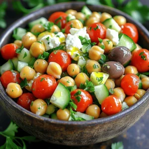 - 1 can (15 oz) chickpeas, rinsed and drained - 1 cup cherry tomatoes, halved - 1 cucumber, diced - 1/2 red onion, finely chopped - 1/2 cup Kalamata olives, pitted and sliced - 1/4 cup fresh parsley, chopped - 1/4 cup feta cheese, crumbled (optional) - 3 tablespoons olive oil - 2 tablespoons lemon juice - 1 teaspoon dried oregano - Salt and pepper to taste Gathering the right ingredients is key to a great Mediterranean chickpea salad. Start with a can of chickpeas. Make sure to rinse and drain them well. This step helps remove excess salt. Next, grab fresh cherry tomatoes. Slice them in half for extra flavor. Then, pick a crisp cucumber. Dice it into small pieces. This adds crunch to the salad. You will also need a red onion. Finely chop half of it. This will give a nice bite without being too strong. For a burst of flavor, use Kalamata olives. Slice them up and mix them in. Fresh parsley makes this salad vibrant. Chop a quarter cup and add it too. If you like cheese, crumbled feta is great. It adds creaminess, but it’s optional. Now, for the dressing, you will need olive oil and lemon juice. Use three tablespoons of olive oil and two tablespoons of lemon juice. A teaspoon of dried oregano adds an herby note. Don’t forget salt and pepper to taste. This combination of ingredients makes a fresh and tasty salad. For the full recipe, check out the details provided earlier. 1. First, grab a large mixing bowl. Add the chickpeas, cherry tomatoes, diced cucumber, red onion, Kalamata olives, and chopped parsley. Mix them well. 2. Next, take a small bowl. Whisk together the olive oil, lemon juice, dried oregano, salt, and pepper. This will be your dressing. 3. Pour the dressing over the salad mixture. Toss gently until everything is coated. 4. If you like, sprinkle crumbled feta cheese on top. Give the salad one last toss. 5. Taste the salad. Adjust the seasoning if you want. Add more salt, pepper, or lemon juice if needed. 6. Chill the salad in the fridge for at least 15 minutes. This helps the flavors mix together. - Serve the salad cold for the best taste. - It works well as a side dish or a light main meal. - You can garnish with extra parsley or lemon slices to make it pretty. For the complete recipe, check out the [Full Recipe]. How to properly rinse chickpeas Rinsing chickpeas is easy. Open the can and pour the chickpeas into a strainer. Rinse under cold water for about 30 seconds. This removes excess salt and helps improve the taste. Rinsing also reduces the thick liquid that can make the salad soggy. Tips for chopping vegetables evenly Chop your vegetables to similar sizes. This makes the salad look nice and helps flavors mix well. Use a sharp knife for clean cuts. Cut the cherry tomatoes in half and dice the cucumber into small cubes. When chopping the red onion, aim for tiny pieces. This ensures each bite has a balanced taste. Making the dressing ahead of time You can prepare the dressing before you make the salad. Mix olive oil, lemon juice, oregano, salt, and pepper in a small bowl. Store it in the fridge for up to two days. This gives the flavors time to blend, making your salad even tastier when you are ready to serve. Overdressing the salad Using too much dressing can make your salad soggy. Start with a smaller amount and add more if needed. Toss the salad gently to coat it evenly without drowning the ingredients. A light touch keeps the salad fresh and crisp. Not chilling before serving Chilling the salad is key for flavor. After mixing everything, let it sit in the fridge for at least 15 minutes. This helps the flavors blend and makes the salad refreshing. A cold salad is more enjoyable, especially on warm days. Skipping the resting time for flavors Letting the salad rest is important. If you serve it right after making, the flavors might not be well mixed. Allowing it to sit for a short while lets the ingredients soak up the dressing. This makes every bite delicious. {{image_2}} You can make this salad your own by swapping some ingredients. - Substituting canned chickpeas for dried: Canned chickpeas are quick and easy. If you use dried chickpeas, soak them overnight and cook them until soft. This adds a fresh taste. - Dairy-free options (omit feta): If you want a dairy-free meal, just leave out the feta cheese. The salad still tastes great without it. - Adding extra vegetables like bell peppers or radishes: Feel free to add bell peppers, radishes, or any crunchy veggie you like. This adds color and extra crunch. You can boost the flavor of your salad in many ways. - Adding spices like cumin or paprika: A pinch of cumin or paprika adds warmth and depth. It gives the salad a nice twist. - Incorporating different herbs (basil, mint): Try adding fresh basil or mint. These herbs give a bright flavor that complements the salad. - Using different types of olives: Swap out Kalamata olives for green olives or even garlic-stuffed olives. Each type brings its own unique taste. These variations can make your Mediterranean Chickpea Salad even more exciting! For a detailed recipe, check the Full Recipe. To store your Mediterranean Chickpea Salad, place it in an airtight container. This keeps the salad fresh and tasty. If you store it well, it can last for about 3 to 5 days in the fridge. Make sure to mix it gently before serving again. This helps blend the flavors. Can you freeze this salad? I recommend not freezing it. Freezing can change the texture of the vegetables. However, if you want to freeze components, you can. Freeze chickpeas and olives separately. This keeps them fresh. When you are ready to eat, thaw them in the fridge. Then, mix them with fresh veggies. Enjoy a fresh taste, even after freezing! What is the best way to prepare chickpeas for this salad? The best way to prepare chickpeas is to use canned ones. They are quick and easy. Rinse and drain them well under cold water. This removes extra salt and keeps the salad fresh. If you prefer dried chickpeas, soak them overnight. Then, cook them until tender before use. Can I make Mediterranean Chickpea Salad ahead of time? Yes, you can make this salad ahead of time. It keeps well in the fridge for up to three days. Making it in advance allows the flavors to blend better. Just remember to keep the dressing separate if you want to keep it crisp. What other proteins can I add to this salad? You can add various proteins to this salad. Some great options are grilled chicken, tuna, or shrimp. If you want plant-based protein, try adding quinoa or diced tofu. These options keep the salad filling and tasty. Calories, fat, protein, and fiber content per serving Each serving of Mediterranean Chickpea Salad has about 250 calories. It contains around 10 grams of fat, 12 grams of protein, and 8 grams of fiber. This makes it a great option for a healthy meal. Health benefits of chickpeas and fresh vegetables Chickpeas are high in protein and fiber. They help keep you full and satisfied. Fresh vegetables add vitamins and minerals. Ingredients like tomatoes and cucumbers provide hydration and antioxidants. Eating this salad supports a healthy diet and boosts energy. Enjoy the fresh and tasty flavors! This Mediterranean Chickpea Salad is fresh, easy, and full of flavor. You learned about key ingredients, step-by-step prep, and tips to avoid common mistakes. Remember to chill your salad for the best taste. Feel free to make variations with your favorite veggies or herbs. Proper storage keeps leftovers tasty for days. Enjoy this healthy dish as a light meal or side. You now have all the tools to impress your friends and family with this delicious salad.