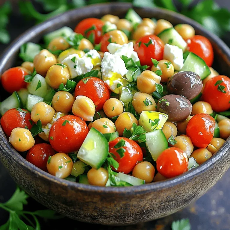 - 1 can (15 oz) chickpeas, rinsed and drained - 1 cup cherry tomatoes, halved - 1 cucumber, diced - 1/2 red onion, finely chopped - 1/2 cup Kalamata olives, pitted and sliced - 1/4 cup fresh parsley, chopped - 1/4 cup feta cheese, crumbled (optional) - 3 tablespoons olive oil - 2 tablespoons lemon juice - 1 teaspoon dried oregano - Salt and pepper to taste Gathering the right ingredients is key to a great Mediterranean chickpea salad. Start with a can of chickpeas. Make sure to rinse and drain them well. This step helps remove excess salt. Next, grab fresh cherry tomatoes. Slice them in half for extra flavor. Then, pick a crisp cucumber. Dice it into small pieces. This adds crunch to the salad. You will also need a red onion. Finely chop half of it. This will give a nice bite without being too strong. For a burst of flavor, use Kalamata olives. Slice them up and mix them in. Fresh parsley makes this salad vibrant. Chop a quarter cup and add it too. If you like cheese, crumbled feta is great. It adds creaminess, but it’s optional. Now, for the dressing, you will need olive oil and lemon juice. Use three tablespoons of olive oil and two tablespoons of lemon juice. A teaspoon of dried oregano adds an herby note. Don’t forget salt and pepper to taste. This combination of ingredients makes a fresh and tasty salad. For the full recipe, check out the details provided earlier. 1. First, grab a large mixing bowl. Add the chickpeas, cherry tomatoes, diced cucumber, red onion, Kalamata olives, and chopped parsley. Mix them well. 2. Next, take a small bowl. Whisk together the olive oil, lemon juice, dried oregano, salt, and pepper. This will be your dressing. 3. Pour the dressing over the salad mixture. Toss gently until everything is coated. 4. If you like, sprinkle crumbled feta cheese on top. Give the salad one last toss. 5. Taste the salad. Adjust the seasoning if you want. Add more salt, pepper, or lemon juice if needed. 6. Chill the salad in the fridge for at least 15 minutes. This helps the flavors mix together. - Serve the salad cold for the best taste. - It works well as a side dish or a light main meal. - You can garnish with extra parsley or lemon slices to make it pretty. For the complete recipe, check out the [Full Recipe]. How to properly rinse chickpeas Rinsing chickpeas is easy. Open the can and pour the chickpeas into a strainer. Rinse under cold water for about 30 seconds. This removes excess salt and helps improve the taste. Rinsing also reduces the thick liquid that can make the salad soggy. Tips for chopping vegetables evenly Chop your vegetables to similar sizes. This makes the salad look nice and helps flavors mix well. Use a sharp knife for clean cuts. Cut the cherry tomatoes in half and dice the cucumber into small cubes. When chopping the red onion, aim for tiny pieces. This ensures each bite has a balanced taste. Making the dressing ahead of time You can prepare the dressing before you make the salad. Mix olive oil, lemon juice, oregano, salt, and pepper in a small bowl. Store it in the fridge for up to two days. This gives the flavors time to blend, making your salad even tastier when you are ready to serve. Overdressing the salad Using too much dressing can make your salad soggy. Start with a smaller amount and add more if needed. Toss the salad gently to coat it evenly without drowning the ingredients. A light touch keeps the salad fresh and crisp. Not chilling before serving Chilling the salad is key for flavor. After mixing everything, let it sit in the fridge for at least 15 minutes. This helps the flavors blend and makes the salad refreshing. A cold salad is more enjoyable, especially on warm days. Skipping the resting time for flavors Letting the salad rest is important. If you serve it right after making, the flavors might not be well mixed. Allowing it to sit for a short while lets the ingredients soak up the dressing. This makes every bite delicious. {{image_2}} You can make this salad your own by swapping some ingredients. - Substituting canned chickpeas for dried: Canned chickpeas are quick and easy. If you use dried chickpeas, soak them overnight and cook them until soft. This adds a fresh taste. - Dairy-free options (omit feta): If you want a dairy-free meal, just leave out the feta cheese. The salad still tastes great without it. - Adding extra vegetables like bell peppers or radishes: Feel free to add bell peppers, radishes, or any crunchy veggie you like. This adds color and extra crunch. You can boost the flavor of your salad in many ways. - Adding spices like cumin or paprika: A pinch of cumin or paprika adds warmth and depth. It gives the salad a nice twist. - Incorporating different herbs (basil, mint): Try adding fresh basil or mint. These herbs give a bright flavor that complements the salad. - Using different types of olives: Swap out Kalamata olives for green olives or even garlic-stuffed olives. Each type brings its own unique taste. These variations can make your Mediterranean Chickpea Salad even more exciting! For a detailed recipe, check the Full Recipe. To store your Mediterranean Chickpea Salad, place it in an airtight container. This keeps the salad fresh and tasty. If you store it well, it can last for about 3 to 5 days in the fridge. Make sure to mix it gently before serving again. This helps blend the flavors. Can you freeze this salad? I recommend not freezing it. Freezing can change the texture of the vegetables. However, if you want to freeze components, you can. Freeze chickpeas and olives separately. This keeps them fresh. When you are ready to eat, thaw them in the fridge. Then, mix them with fresh veggies. Enjoy a fresh taste, even after freezing! What is the best way to prepare chickpeas for this salad? The best way to prepare chickpeas is to use canned ones. They are quick and easy. Rinse and drain them well under cold water. This removes extra salt and keeps the salad fresh. If you prefer dried chickpeas, soak them overnight. Then, cook them until tender before use. Can I make Mediterranean Chickpea Salad ahead of time? Yes, you can make this salad ahead of time. It keeps well in the fridge for up to three days. Making it in advance allows the flavors to blend better. Just remember to keep the dressing separate if you want to keep it crisp. What other proteins can I add to this salad? You can add various proteins to this salad. Some great options are grilled chicken, tuna, or shrimp. If you want plant-based protein, try adding quinoa or diced tofu. These options keep the salad filling and tasty. Calories, fat, protein, and fiber content per serving Each serving of Mediterranean Chickpea Salad has about 250 calories. It contains around 10 grams of fat, 12 grams of protein, and 8 grams of fiber. This makes it a great option for a healthy meal. Health benefits of chickpeas and fresh vegetables Chickpeas are high in protein and fiber. They help keep you full and satisfied. Fresh vegetables add vitamins and minerals. Ingredients like tomatoes and cucumbers provide hydration and antioxidants. Eating this salad supports a healthy diet and boosts energy. Enjoy the fresh and tasty flavors! This Mediterranean Chickpea Salad is fresh, easy, and full of flavor. You learned about key ingredients, step-by-step prep, and tips to avoid common mistakes. Remember to chill your salad for the best taste. Feel free to make variations with your favorite veggies or herbs. Proper storage keeps leftovers tasty for days. Enjoy this healthy dish as a light meal or side. You now have all the tools to impress your friends and family with this delicious salad.