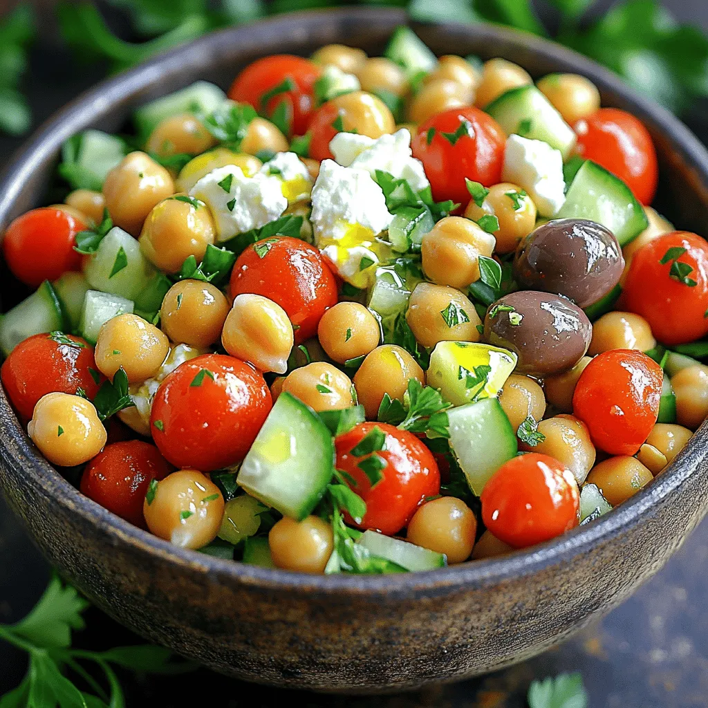- 1 can (15 oz) chickpeas, rinsed and drained - 1 cup cherry tomatoes, halved - 1 cucumber, diced - 1/2 red onion, finely chopped - 1/2 cup Kalamata olives, pitted and sliced - 1/4 cup fresh parsley, chopped - 1/4 cup feta cheese, crumbled (optional) - 3 tablespoons olive oil - 2 tablespoons lemon juice - 1 teaspoon dried oregano - Salt and pepper to taste Gathering the right ingredients is key to a great Mediterranean chickpea salad. Start with a can of chickpeas. Make sure to rinse and drain them well. This step helps remove excess salt. Next, grab fresh cherry tomatoes. Slice them in half for extra flavor. Then, pick a crisp cucumber. Dice it into small pieces. This adds crunch to the salad. You will also need a red onion. Finely chop half of it. This will give a nice bite without being too strong. For a burst of flavor, use Kalamata olives. Slice them up and mix them in. Fresh parsley makes this salad vibrant. Chop a quarter cup and add it too. If you like cheese, crumbled feta is great. It adds creaminess, but it’s optional. Now, for the dressing, you will need olive oil and lemon juice. Use three tablespoons of olive oil and two tablespoons of lemon juice. A teaspoon of dried oregano adds an herby note. Don’t forget salt and pepper to taste. This combination of ingredients makes a fresh and tasty salad. For the full recipe, check out the details provided earlier. 1. First, grab a large mixing bowl. Add the chickpeas, cherry tomatoes, diced cucumber, red onion, Kalamata olives, and chopped parsley. Mix them well. 2. Next, take a small bowl. Whisk together the olive oil, lemon juice, dried oregano, salt, and pepper. This will be your dressing. 3. Pour the dressing over the salad mixture. Toss gently until everything is coated. 4. If you like, sprinkle crumbled feta cheese on top. Give the salad one last toss. 5. Taste the salad. Adjust the seasoning if you want. Add more salt, pepper, or lemon juice if needed. 6. Chill the salad in the fridge for at least 15 minutes. This helps the flavors mix together. - Serve the salad cold for the best taste. - It works well as a side dish or a light main meal. - You can garnish with extra parsley or lemon slices to make it pretty. For the complete recipe, check out the [Full Recipe]. How to properly rinse chickpeas Rinsing chickpeas is easy. Open the can and pour the chickpeas into a strainer. Rinse under cold water for about 30 seconds. This removes excess salt and helps improve the taste. Rinsing also reduces the thick liquid that can make the salad soggy. Tips for chopping vegetables evenly Chop your vegetables to similar sizes. This makes the salad look nice and helps flavors mix well. Use a sharp knife for clean cuts. Cut the cherry tomatoes in half and dice the cucumber into small cubes. When chopping the red onion, aim for tiny pieces. This ensures each bite has a balanced taste. Making the dressing ahead of time You can prepare the dressing before you make the salad. Mix olive oil, lemon juice, oregano, salt, and pepper in a small bowl. Store it in the fridge for up to two days. This gives the flavors time to blend, making your salad even tastier when you are ready to serve. Overdressing the salad Using too much dressing can make your salad soggy. Start with a smaller amount and add more if needed. Toss the salad gently to coat it evenly without drowning the ingredients. A light touch keeps the salad fresh and crisp. Not chilling before serving Chilling the salad is key for flavor. After mixing everything, let it sit in the fridge for at least 15 minutes. This helps the flavors blend and makes the salad refreshing. A cold salad is more enjoyable, especially on warm days. Skipping the resting time for flavors Letting the salad rest is important. If you serve it right after making, the flavors might not be well mixed. Allowing it to sit for a short while lets the ingredients soak up the dressing. This makes every bite delicious. {{image_2}} You can make this salad your own by swapping some ingredients. - Substituting canned chickpeas for dried: Canned chickpeas are quick and easy. If you use dried chickpeas, soak them overnight and cook them until soft. This adds a fresh taste. - Dairy-free options (omit feta): If you want a dairy-free meal, just leave out the feta cheese. The salad still tastes great without it. - Adding extra vegetables like bell peppers or radishes: Feel free to add bell peppers, radishes, or any crunchy veggie you like. This adds color and extra crunch. You can boost the flavor of your salad in many ways. - Adding spices like cumin or paprika: A pinch of cumin or paprika adds warmth and depth. It gives the salad a nice twist. - Incorporating different herbs (basil, mint): Try adding fresh basil or mint. These herbs give a bright flavor that complements the salad. - Using different types of olives: Swap out Kalamata olives for green olives or even garlic-stuffed olives. Each type brings its own unique taste. These variations can make your Mediterranean Chickpea Salad even more exciting! For a detailed recipe, check the Full Recipe. To store your Mediterranean Chickpea Salad, place it in an airtight container. This keeps the salad fresh and tasty. If you store it well, it can last for about 3 to 5 days in the fridge. Make sure to mix it gently before serving again. This helps blend the flavors. Can you freeze this salad? I recommend not freezing it. Freezing can change the texture of the vegetables. However, if you want to freeze components, you can. Freeze chickpeas and olives separately. This keeps them fresh. When you are ready to eat, thaw them in the fridge. Then, mix them with fresh veggies. Enjoy a fresh taste, even after freezing! What is the best way to prepare chickpeas for this salad? The best way to prepare chickpeas is to use canned ones. They are quick and easy. Rinse and drain them well under cold water. This removes extra salt and keeps the salad fresh. If you prefer dried chickpeas, soak them overnight. Then, cook them until tender before use. Can I make Mediterranean Chickpea Salad ahead of time? Yes, you can make this salad ahead of time. It keeps well in the fridge for up to three days. Making it in advance allows the flavors to blend better. Just remember to keep the dressing separate if you want to keep it crisp. What other proteins can I add to this salad? You can add various proteins to this salad. Some great options are grilled chicken, tuna, or shrimp. If you want plant-based protein, try adding quinoa or diced tofu. These options keep the salad filling and tasty. Calories, fat, protein, and fiber content per serving Each serving of Mediterranean Chickpea Salad has about 250 calories. It contains around 10 grams of fat, 12 grams of protein, and 8 grams of fiber. This makes it a great option for a healthy meal. Health benefits of chickpeas and fresh vegetables Chickpeas are high in protein and fiber. They help keep you full and satisfied. Fresh vegetables add vitamins and minerals. Ingredients like tomatoes and cucumbers provide hydration and antioxidants. Eating this salad supports a healthy diet and boosts energy. Enjoy the fresh and tasty flavors! This Mediterranean Chickpea Salad is fresh, easy, and full of flavor. You learned about key ingredients, step-by-step prep, and tips to avoid common mistakes. Remember to chill your salad for the best taste. Feel free to make variations with your favorite veggies or herbs. Proper storage keeps leftovers tasty for days. Enjoy this healthy dish as a light meal or side. You now have all the tools to impress your friends and family with this delicious salad.