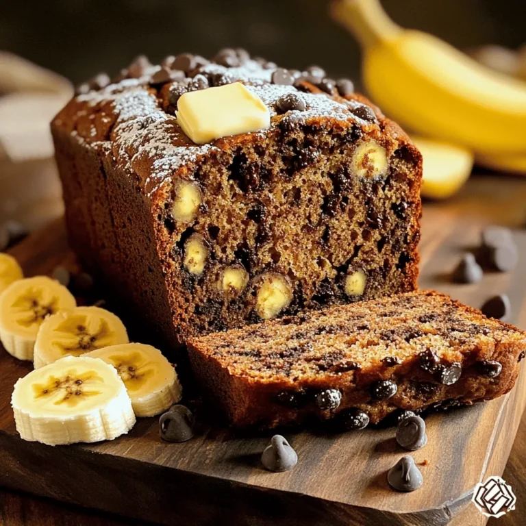 To make a great chocolate chip banana bread, you need simple ingredients. Here’s what you will need: - 2 ripe bananas, mashed - 1/3 cup melted coconut oil - 1 teaspoon vanilla extract - 1/2 cup brown sugar - 1/4 cup granulated sugar - 2 large eggs - 1 teaspoon baking soda - 1/4 teaspoon salt - 1 1/2 cups all-purpose flour - 1/2 cup chocolate chips (semi-sweet or dark) These ingredients create a soft, moist bread. The ripe bananas give sweetness and flavor. The chocolate chips add a nice touch of richness. You can make your banana bread even tastier with some optional add-ins. Here are a few ideas: - 1/4 cup walnuts or pecans (chopped) - 1 teaspoon cinnamon or nutmeg - 1/2 cup shredded coconut Nuts provide a nice crunch. Spices enhance the flavor. Coconut brings a tropical twist. Feel free to mix and match! If you have dietary needs, you can still enjoy this recipe. Here are some substitutions: - Use applesauce instead of coconut oil for less fat. - Choose flax eggs instead of regular eggs for a vegan option. - Use gluten-free flour if you avoid gluten. These swaps keep the recipe delicious. You can still enjoy this tasty treat no matter your diet. For the full recipe, check out the details above! Start by gathering your ingredients. You will need ripe bananas, coconut oil, and sugar. Use two ripe bananas and mash them in a large bowl. Next, add 1/3 cup of melted coconut oil. Mix these two until they blend well. Now, pour in one teaspoon of vanilla extract. Add 1/2 cup of brown sugar and 1/4 cup of granulated sugar. Stir until everything is smooth. Next, crack in two large eggs. Mix well after adding each egg. Now it's time to add the dry ingredients. Sprinkle one teaspoon of baking soda and 1/4 teaspoon of salt over your mix. Stir until it's all incorporated. Slowly add 1 1/2 cups of all-purpose flour. Mix gently so you don't overdo it. Finally, fold in 1/2 cup of chocolate chips. If you like, add 1/4 cup of chopped nuts. Preheat your oven to 350°F (175°C). Grease a 9x5 inch loaf pan. Pour the batter into the loaf pan. Make sure to smooth the top. Bake your bread for 55 to 65 minutes. Use a toothpick to check if it's done. Insert it into the center. If it comes out clean, the bread is ready. Let it cool for about 10 minutes in the pan. Then, move it to a wire rack to cool completely. Use ripe bananas for the best flavor. The more spots on the bananas, the sweeter they are. Don’t overmix the batter. This keeps the bread soft and fluffy. If you want a richer taste, use dark chocolate chips. You can also add spices like cinnamon or nutmeg for a twist. When serving, slice the bread thick. Enjoy it warm with butter or a sprinkle of powdered sugar. For the best chocolate chip banana bread, you need ripe bananas. Look for bananas with brown spots. These spots mean the bananas are sweet and soft. Avoid green bananas; they are not ripe yet. If your bananas are not ripe, you can speed up the process. Place them in a brown paper bag. This traps the ethylene gas and helps them ripen faster. Many people make mistakes when baking banana bread. One common mistake is overmixing the batter. Stir just until the flour is mixed in. Overmixing can make the bread tough. Another mistake is not using enough ripe bananas. You need at least two good-sized ripe bananas for great flavor. Also, be careful not to skip the cooling time. Letting the bread cool in the pan helps keep it moist. Chocolate chip banana bread is tasty on its own. For a fun twist, try adding a pat of butter on top. You can also sprinkle some powdered sugar for a nice touch. If you want to impress guests, slice the bread thick. Serve it warm with extra chocolate chips or banana slices on top. This adds color and makes it look beautiful. Enjoy this delightful treat with a cup of coffee or tea! For the full recipe, check out the details above. {{image_2}} You can make a gluten-free version of chocolate chip banana bread. Use gluten-free flour instead of all-purpose flour. Brands like almond flour or oat flour work well. This swap keeps the bread moist and tasty. You might need to adjust the baking time slightly. Check for doneness with a toothpick. If you want a vegan chocolate chip banana bread, it's easy to adapt. Replace the eggs with flaxseed meal. For each egg, mix one tablespoon of flaxseed meal with two and a half tablespoons of water. Let it sit for a few minutes to thicken. Also, use plant-based butter or coconut oil instead of regular butter. Choose dairy-free chocolate chips to keep it vegan. Adding spices can make your banana bread even better. Consider cinnamon, nutmeg, or cardamom. Just a pinch of these spices can lift the flavor. Mix one teaspoon of cinnamon into the batter for warmth. Nutmeg adds a nice depth. You can also try a dash of vanilla extract for extra richness. This simple step can make your bread stand out. For a full guide on making this delicious treat, check out the Full Recipe. To keep your banana bread fresh, wrap it well. Use plastic wrap or aluminum foil. Store it at room temperature if you eat it soon. If you plan to keep it longer, place it in the fridge. This helps it stay good for about a week. Just remember to let it warm up a bit before eating. It tastes best that way! You can freeze your banana bread, which is great for later. First, let it cool completely. Then, wrap the whole loaf or slices tightly in plastic wrap. After that, place the wrapped bread in a freezer bag. Squeeze out all the air before sealing. It can last up to three months in the freezer. To enjoy, thaw it in the fridge overnight or on the counter for a few hours. If your banana bread gets stale, don’t worry! You can bring it back to life. Preheat your oven to 350°F (175°C). Place the slices on a baking sheet. Bake them for about 5-10 minutes. This warms them up and makes them soft again. You can also add a little butter on top before baking for extra flavor. Enjoy your delicious chocolate chip banana bread again! Yes, you can use frozen bananas. Just thaw them first. This helps them mash easily. Frozen bananas add great flavor to your bread. They may even make it a bit sweeter. If they are very watery, drain some liquid before mashing. Chocolate chip banana bread stays fresh for about four days at room temperature. Keep it in an airtight container. This keeps it soft and moist. If you want it to last longer, place it in the fridge. In the fridge, it can last up to a week. Yes, you can make mini loaves! Just use a mini loaf pan. Fill each pan about halfway with batter. Bake for 25 to 30 minutes. Check with a toothpick to see if they are done. Mini loaves make great gifts or snacks. They are also fun to share! For the full recipe, check out the details above. You learned how to make delicious chocolate chip banana bread. We covered the key ingredients, step-by-step instructions, and tips for success. You now have ideas for variations and know how to store leftovers. Remember, using ripe bananas makes a big difference. Avoid common mistakes for the best results. Enjoy making this treat for yourself or others. Your baking skills will shine, and everyone will love it!
