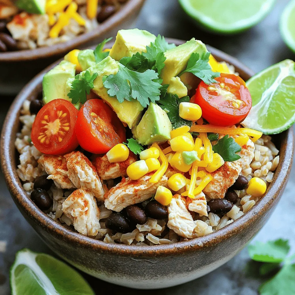 - 2 cups cooked brown rice - 1 lb chicken breast, diced - 1 can black beans, rinsed and drained For a tasty chicken burrito bowl, you need some key ingredients. First, the base is cooked brown rice. It adds fiber and a nutty flavor. Next, you’ll need chicken breast. Diced chicken cooks quickly and absorbs all the flavors. Lastly, black beans are a must. They are packed with protein and give great texture. - 1 tablespoon olive oil - 1 teaspoon chili powder - 1 teaspoon cumin - 1/2 teaspoon garlic powder - 1/2 teaspoon onion powder - Salt and pepper to taste Seasoning is vital for a flavorful meal. Start with olive oil to cook the chicken. Then add chili powder and cumin for warmth. Garlic powder and onion powder enhance the taste. Don’t forget salt and pepper to bring it all together. These simple spices make your burrito bowl pop with flavor. - 1 cup corn (canned or frozen) - 1 cup cherry tomatoes, halved - 1 avocado, diced - 1/2 cup shredded cheese (cheddar or Mexican blend) - 1/4 cup chopped fresh cilantro - Lime wedges for serving Toppings make your bowl fun and fresh. Add corn for a sweet crunch. Cherry tomatoes bring a burst of color and flavor. Diced avocado adds creaminess and richness. Top with shredded cheese for a savory finish. Fresh cilantro gives a nice herbal note. Finally, serve with lime wedges for a zesty kick. Enjoy making this Easy Chicken Burrito Bowl with the full recipe! - Heat one tablespoon of olive oil in a large skillet over medium heat. - Add 1 pound of diced chicken breast to the skillet. - Season the chicken with 1 teaspoon of chili powder, 1 teaspoon of cumin, 1/2 teaspoon of garlic powder, 1/2 teaspoon of onion powder, salt, and pepper to taste. - Cook the chicken for 5-7 minutes. Stir it often until it is cooked through and no longer pink in the center. - While the chicken cooks, follow the package instructions for cooking 2 cups of brown rice. - Make sure it is fluffy and ready to serve when you layer your bowls. - In serving bowls, layer the cooked brown rice, 1 can of rinsed black beans, 1 cup of corn, and the seasoned chicken. - Top each bowl with 1 cup of halved cherry tomatoes, 1 diced avocado, and 1/2 cup of shredded cheese. - Garnish with 1/4 cup of chopped fresh cilantro and a squeeze of lime juice. - Serve immediately, alongside lime wedges for an extra zesty kick. For the full recipe, check out the details above. Enjoy your tasty creation! To cook chicken right, use a skillet. Heat 1 tablespoon of olive oil over medium heat. Add the diced chicken breast. Sprinkle on 1 teaspoon of chili powder, 1 teaspoon of cumin, 1/2 teaspoon of garlic powder, 1/2 teaspoon of onion powder, and salt and pepper to taste. Cook for 5-7 minutes. Stir often until the chicken is no longer pink. This keeps it juicy and flavorful. You can change up the flavors in your burrito bowls! Swap brown rice for quinoa or cauliflower rice. Try diced bell peppers or zucchini for added veggies. If you like heat, add jalapeños or hot sauce. Use different beans like pinto or chickpeas for a twist. You can also switch the cheese for feta or vegan options. Meal prep makes life easier! Cook the chicken and rice in advance. Store them in airtight containers in the fridge. You can also chop the veggies ahead of time. When you are ready to eat, just assemble your bowls. To reheat, warm the chicken and rice in the microwave. This dish stays good for up to four days in the fridge. For the full recipe, check the earlier section. {{image_2}} To make this dish plant-based, swap the chicken for protein-rich ingredients. Here are a few tasty ideas: - Use 1 can of drained chickpeas for a hearty texture. - Try 1 cup of sautéed mushrooms for an earthy flavor. - Use grilled zucchini or bell peppers for freshness. These options keep the meal filling and delicious while being meat-free. Want to spice things up? Here are some ideas: - Add a pinch of cayenne pepper for heat. - Mix in taco seasoning for a flavor boost. - Drizzle some hot sauce or salsa for zest. Experiment with these options to find your favorite blend. Pair your burrito bowls with the right sides or drinks. Here are some great options: - Serve with tortilla chips and salsa for crunch. - Try a fresh green salad to balance flavors. - Enjoy with a light beverage like iced tea or lemonade. These pairings add variety and make your meal even more enjoyable. After enjoying your Easy Chicken Burrito Bowls, store leftovers in airtight containers. Make sure the bowls cool down before sealing them. This helps keep food fresh and safe. Refrigerate the containers within two hours of cooking. You can enjoy these tasty bowls for lunch or dinner later in the week. To freeze burrito bowls, first, let them cool completely. Divide the bowls into serving sizes. Use freezer-safe containers or bags to keep them fresh. Remove as much air as possible from bags to prevent freezer burn. When you're ready to eat, thaw the bowls in the fridge overnight. Reheat in the microwave or on the stove until hot. In the fridge, your burrito bowls last about 3 to 4 days. If you freeze them, they can last up to 3 months. Mark containers with the date so you know when to use them. Always check for any signs of spoilage before eating. Enjoy your bowls fresh, and don’t let them go to waste! Yes, you can use brown rice. Brown rice adds more fiber and nutrients. It has a nutty flavor and chewy texture. This makes your burrito bowl more filling and healthy. You can cook it just like white rice. To add heat, use spices like cayenne pepper or smoked paprika. You can also add diced jalapeños or hot sauce. These will give your dish a nice kick. Just adjust the amount to your taste. If you don't like avocado, try using sour cream or Greek yogurt. You can also add diced mango or fresh salsa for creaminess. These options can keep your bowl tasty and fresh. For a meatless option, use black beans or lentils. You can also try grilled shrimp or beef. Tofu is another great choice for vegetarians. Each option will bring its own flavor to your bowl. Yes, this recipe can be gluten-free. Use gluten-free rice and check the labels on canned beans. Most beans are gluten-free, making them a safe choice. Enjoy your burrito bowl without worry! For the full recipe, check out the earlier section. This blog post laid out a simple way to make chicken burrito bowls. We covered essential ingredients like brown rice, chicken, and black beans. The blog also shared step-by-step instructions, tips for perfecting the dish, and ways to customize. Finally, I outlined how to store leftovers and answered common questions. With these details, you can enjoy a fun, easy meal anytime. You're ready to impress with flavorful burrito bowls!