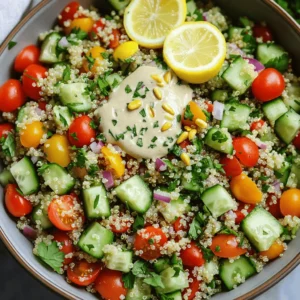 - 1 cup quinoa, rinsed - 2 cups water or vegetable broth - 1 large cucumber, diced - 1 red bell pepper, diced - 1 cup cherry tomatoes, halved - 1/4 red onion, finely chopped - 1 cup fresh parsley, chopped - 1/4 cup tahini - 2 tablespoons lemon juice - 1 tablespoon olive oil - 1 clove garlic, minced - Salt and pepper to taste This salad starts with quinoa as the base. Quinoa is a great source of protein and fiber. Rinsing the quinoa helps remove its bitter coating. Use fresh veggies for crunch and color. I love using cucumbers and bell peppers for a fresh bite. Cherry tomatoes bring sweetness and juicy flavor. The red onion adds a nice kick, while parsley gives a fresh touch. The tahini sauce is the star. It adds a creamy texture and nutty flavor. Mix tahini with lemon juice, olive oil, and garlic for a bright dressing. This makes the salad so tasty! - 1/4 cup sunflower seeds or chopped nuts for crunch For extra flavor and texture, you can add sunflower seeds or nuts. They give a nice crunch. Try almonds or walnuts for a rich taste. Fresh herbs like mint or cilantro can also brighten the dish. - Calories per serving: About 250 - Macronutrient breakdown: 10g protein, 12g fats, 30g carbs - Dietary considerations: Gluten-free, vegan, and packed with nutrients This salad is not just tasty; it's also healthy! Each serving has around 250 calories. You get protein from quinoa and tahini. The veggies add vitamins and minerals. Plus, it fits many diets, like vegan and gluten-free. Snack on this salad for a boost of energy! Check the Full Recipe for all the details. 1. Start by rinsing 1 cup of quinoa under cold water. This helps remove any bitter taste. 2. In a medium saucepan, combine the rinsed quinoa and 2 cups of water or vegetable broth. 3. Bring the mixture to a boil over medium-high heat. 4. Once boiling, reduce the heat to low, cover, and let it simmer. Cook for about 15 minutes. 5. The quinoa is done when it is fluffy and the water is absorbed. Remove it from heat and let it cool slightly. 1. In a small bowl, mix together 1/4 cup tahini, 2 tablespoons lemon juice, and 1 tablespoon olive oil. 2. Add 1 clove of minced garlic, salt, and pepper to taste. 3. Whisk until smooth. If the dressing is too thick, add a little water to reach your desired consistency. 1. In a large mixing bowl, combine 1 diced cucumber, 1 diced red bell pepper, 1 cup of halved cherry tomatoes, 1/4 finely chopped red onion, and 1 cup of chopped fresh parsley. 2. Add the cooled quinoa to the vegetable mix and gently toss everything together. 3. Drizzle the tahini dressing over the salad and stir well to coat all the ingredients. 4. For extra crunch, sprinkle 1/4 cup of sunflower seeds or chopped nuts on top before serving. For the full recipe, you can check the details provided above. Enjoy your fresh and flavorful Lemon Tahini Quinoa Salad! To cook quinoa, use a 2:1 ratio of water to quinoa. Rinse the quinoa first. This removes the bitter coating. Bring the water to a boil. Once boiling, lower the heat. Cover the pot and let it simmer for about 15 minutes. Fluff the quinoa with a fork after cooking. This keeps it light and airy, avoiding mushy quinoa. Herbs can change the taste of your salad. Fresh mint or dill works well. Try adding basil for a different twist. For spice, consider adding a pinch of cumin or paprika. These spices bring out the flavors of the vegetables and dressing. Presentation matters! Serve the salad in a large bowl. Garnish with lemon slices and fresh parsley. This adds color and appeal. For a fun twist, use clear glasses. Layer the salad for a stunning visual. Pair this salad with grilled chicken or fish for a complete meal. It’s also great beside roasted veggies. {{image_2}} You can easily add more protein to your Lemon Tahini Quinoa Salad. Chickpeas are a great choice. They add texture and a nutty flavor. Just rinse and drain a can of chickpeas. Then, fold them into the salad for extra protein. Grilled chicken or tofu also works well. Cook the chicken or tofu until it’s golden brown. Then, chop it into bite-sized pieces. Mix it in with the salad for a hearty meal. You can change this salad based on the season. In spring, add fresh peas, radishes, or asparagus. These veggies brighten up the dish and add crunch. In winter, you can use roasted root vegetables. Try carrots or sweet potatoes. They add warmth and depth to the salad while keeping it filling. If you want to switch up the flavor, try other dressings. A simple olive oil and vinegar mix gives a light taste. You can also use yogurt for a creamy twist. Adjust the flavors to suit your taste. Add more lemon juice for tanginess. Or, include herbs like dill or cilantro for freshness. For the complete recipe, check out the [Full Recipe]. To keep your Lemon Tahini Quinoa Salad fresh, store it in the fridge. Use an airtight container. This helps maintain flavor and texture. Before putting it away, let the salad cool. Hot food can raise the fridge temperature, which is not good. Your salad lasts about three to five days in the fridge. Check for any changes in color or smell. If it looks slimy or smells off, toss it out. To reheat, use the microwave. Heat it gently to avoid drying it out. Stir it halfway through to ensure even warming. If you want to serve leftovers, try adding fresh herbs or a squeeze of lemon juice. This can brighten the flavors again. For the full recipe, refer back to the main section. To make this creamy dressing, mix the tahini, lemon juice, olive oil, minced garlic, salt, and pepper in a bowl. Use a whisk for a smooth blend. Adjust the thickness by adding water if needed. This dressing adds a zesty flavor and a creamy texture to your salad. Yes, you can prepare this salad in advance. Store the salad and dressing separately in the fridge. This keeps the vegetables crisp. Combine them just before serving. It tastes even better after the flavors meld together. If you can't find tahini, you can use these alternatives: - Sunflower seed butter - Almond butter - Greek yogurt Each of these options has a unique flavor. Sunflower seed butter is nut-free and creamy. Almond butter adds a nutty taste. Greek yogurt gives a tangy kick. Keep in mind that substituting may change the salad's taste. Adjust the amount of lemon juice to balance flavors. Always taste as you go to find your perfect mix. Enjoy experimenting! This blog post covered how to make a delicious Lemon Tahini Quinoa Salad. You learned about essential and optional ingredients, like quinoa, vegetables, and tahini. I gave you step-by-step instructions, plus tips for cooking and flavoring. We explored salad variations and how to store it properly. This salad is versatile and easy to make. Try adding your favorite ingredients to make it unique. Enjoy a tasty and healthy dish that fits any season!