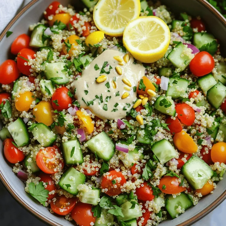 - 1 cup quinoa, rinsed - 2 cups water or vegetable broth - 1 large cucumber, diced - 1 red bell pepper, diced - 1 cup cherry tomatoes, halved - 1/4 red onion, finely chopped - 1 cup fresh parsley, chopped - 1/4 cup tahini - 2 tablespoons lemon juice - 1 tablespoon olive oil - 1 clove garlic, minced - Salt and pepper to taste This salad starts with quinoa as the base. Quinoa is a great source of protein and fiber. Rinsing the quinoa helps remove its bitter coating. Use fresh veggies for crunch and color. I love using cucumbers and bell peppers for a fresh bite. Cherry tomatoes bring sweetness and juicy flavor. The red onion adds a nice kick, while parsley gives a fresh touch. The tahini sauce is the star. It adds a creamy texture and nutty flavor. Mix tahini with lemon juice, olive oil, and garlic for a bright dressing. This makes the salad so tasty! - 1/4 cup sunflower seeds or chopped nuts for crunch For extra flavor and texture, you can add sunflower seeds or nuts. They give a nice crunch. Try almonds or walnuts for a rich taste. Fresh herbs like mint or cilantro can also brighten the dish. - Calories per serving: About 250 - Macronutrient breakdown: 10g protein, 12g fats, 30g carbs - Dietary considerations: Gluten-free, vegan, and packed with nutrients This salad is not just tasty; it's also healthy! Each serving has around 250 calories. You get protein from quinoa and tahini. The veggies add vitamins and minerals. Plus, it fits many diets, like vegan and gluten-free. Snack on this salad for a boost of energy! Check the Full Recipe for all the details. 1. Start by rinsing 1 cup of quinoa under cold water. This helps remove any bitter taste. 2. In a medium saucepan, combine the rinsed quinoa and 2 cups of water or vegetable broth. 3. Bring the mixture to a boil over medium-high heat. 4. Once boiling, reduce the heat to low, cover, and let it simmer. Cook for about 15 minutes. 5. The quinoa is done when it is fluffy and the water is absorbed. Remove it from heat and let it cool slightly. 1. In a small bowl, mix together 1/4 cup tahini, 2 tablespoons lemon juice, and 1 tablespoon olive oil. 2. Add 1 clove of minced garlic, salt, and pepper to taste. 3. Whisk until smooth. If the dressing is too thick, add a little water to reach your desired consistency. 1. In a large mixing bowl, combine 1 diced cucumber, 1 diced red bell pepper, 1 cup of halved cherry tomatoes, 1/4 finely chopped red onion, and 1 cup of chopped fresh parsley. 2. Add the cooled quinoa to the vegetable mix and gently toss everything together. 3. Drizzle the tahini dressing over the salad and stir well to coat all the ingredients. 4. For extra crunch, sprinkle 1/4 cup of sunflower seeds or chopped nuts on top before serving. For the full recipe, you can check the details provided above. Enjoy your fresh and flavorful Lemon Tahini Quinoa Salad! To cook quinoa, use a 2:1 ratio of water to quinoa. Rinse the quinoa first. This removes the bitter coating. Bring the water to a boil. Once boiling, lower the heat. Cover the pot and let it simmer for about 15 minutes. Fluff the quinoa with a fork after cooking. This keeps it light and airy, avoiding mushy quinoa. Herbs can change the taste of your salad. Fresh mint or dill works well. Try adding basil for a different twist. For spice, consider adding a pinch of cumin or paprika. These spices bring out the flavors of the vegetables and dressing. Presentation matters! Serve the salad in a large bowl. Garnish with lemon slices and fresh parsley. This adds color and appeal. For a fun twist, use clear glasses. Layer the salad for a stunning visual. Pair this salad with grilled chicken or fish for a complete meal. It’s also great beside roasted veggies. {{image_2}} You can easily add more protein to your Lemon Tahini Quinoa Salad. Chickpeas are a great choice. They add texture and a nutty flavor. Just rinse and drain a can of chickpeas. Then, fold them into the salad for extra protein. Grilled chicken or tofu also works well. Cook the chicken or tofu until it’s golden brown. Then, chop it into bite-sized pieces. Mix it in with the salad for a hearty meal. You can change this salad based on the season. In spring, add fresh peas, radishes, or asparagus. These veggies brighten up the dish and add crunch. In winter, you can use roasted root vegetables. Try carrots or sweet potatoes. They add warmth and depth to the salad while keeping it filling. If you want to switch up the flavor, try other dressings. A simple olive oil and vinegar mix gives a light taste. You can also use yogurt for a creamy twist. Adjust the flavors to suit your taste. Add more lemon juice for tanginess. Or, include herbs like dill or cilantro for freshness. For the complete recipe, check out the [Full Recipe]. To keep your Lemon Tahini Quinoa Salad fresh, store it in the fridge. Use an airtight container. This helps maintain flavor and texture. Before putting it away, let the salad cool. Hot food can raise the fridge temperature, which is not good. Your salad lasts about three to five days in the fridge. Check for any changes in color or smell. If it looks slimy or smells off, toss it out. To reheat, use the microwave. Heat it gently to avoid drying it out. Stir it halfway through to ensure even warming. If you want to serve leftovers, try adding fresh herbs or a squeeze of lemon juice. This can brighten the flavors again. For the full recipe, refer back to the main section. To make this creamy dressing, mix the tahini, lemon juice, olive oil, minced garlic, salt, and pepper in a bowl. Use a whisk for a smooth blend. Adjust the thickness by adding water if needed. This dressing adds a zesty flavor and a creamy texture to your salad. Yes, you can prepare this salad in advance. Store the salad and dressing separately in the fridge. This keeps the vegetables crisp. Combine them just before serving. It tastes even better after the flavors meld together. If you can't find tahini, you can use these alternatives: - Sunflower seed butter - Almond butter - Greek yogurt Each of these options has a unique flavor. Sunflower seed butter is nut-free and creamy. Almond butter adds a nutty taste. Greek yogurt gives a tangy kick. Keep in mind that substituting may change the salad's taste. Adjust the amount of lemon juice to balance flavors. Always taste as you go to find your perfect mix. Enjoy experimenting! This blog post covered how to make a delicious Lemon Tahini Quinoa Salad. You learned about essential and optional ingredients, like quinoa, vegetables, and tahini. I gave you step-by-step instructions, plus tips for cooking and flavoring. We explored salad variations and how to store it properly. This salad is versatile and easy to make. Try adding your favorite ingredients to make it unique. Enjoy a tasty and healthy dish that fits any season!