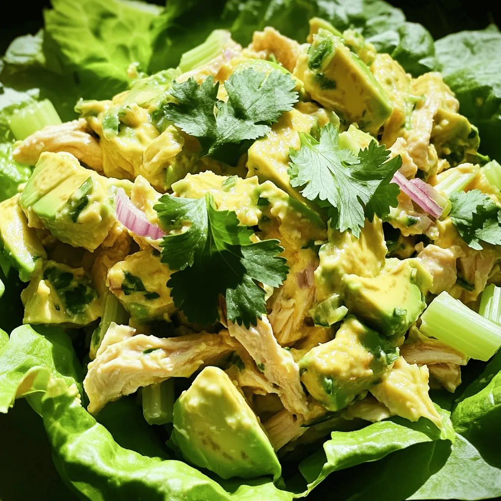 To make a tasty creamy avocado chicken salad, gather these simple ingredients: - 2 cups cooked chicken, shredded - 1 ripe avocado, halved and pitted - 1/4 cup plain Greek yogurt - 1 tablespoon Dijon mustard - 1 tablespoon lemon juice - 1/4 cup celery, finely chopped - 1/4 cup red onion, finely chopped - 1/4 cup cilantro, chopped (or parsley) - Salt and pepper to taste - 1/4 teaspoon garlic powder - Lettuce leaves or whole grain wraps for serving Each ingredient plays a part in making this dish bright and fresh. The shredded chicken gives it protein. The avocado adds creaminess and healthy fats. Greek yogurt keeps it light and tangy. Dijon mustard and lemon juice bring zest. Celery and red onion add crunch. Fresh herbs like cilantro or parsley give it a pop of flavor. This creamy avocado chicken salad is perfect for a quick lunch or picnic. The Full Recipe guides you step by step to create this delightful dish. Step 1: Mash the avocado Start by cutting the avocado in half. Remove the pit and scoop the flesh into a bowl. Use a fork to mash it until smooth. This gives your salad a creamy base. Step 2: Combine creamy dressing ingredients In the bowl with the mashed avocado, add the plain Greek yogurt, Dijon mustard, and lemon juice. Mix these together well. This creates a rich, tangy dressing for the salad. Step 3: Mix chicken and vegetables In a separate large bowl, combine the shredded chicken, chopped celery, red onion, and cilantro. Stir this mixture gently. You want all the flavors to blend. Step 4: Combine all ingredients Pour the creamy avocado mixture over the chicken and vegetable mix. Carefully fold everything together. Make sure all the chicken and veggies are coated with the dressing. Step 5: Adjust seasoning Sprinkle garlic powder, salt, and pepper over the salad. Taste and adjust the seasoning as needed. This step ensures your salad has the perfect flavor. Now you have a delicious and fresh creamy avocado chicken salad! For the complete details, check the Full Recipe. - Choose ripe avocados for creaminess: Select avocados that are slightly soft when you press them. This ensures they mash well and add a rich texture. - Use pre-cooked chicken for quicker prep: Using rotisserie chicken saves time and adds flavor. It also makes this recipe a breeze on busy days. - Adjust dressing ingredients to taste: If you like it tangy, add more lemon juice. For a creamier taste, increase the Greek yogurt. - Best served fresh: This salad tastes best the day you make it. Freshness keeps the flavors bright and vibrant. - Pair with whole grain bread or tortilla wraps: Spread it on a wrap or sandwich for a hearty meal. You can also serve it in lettuce for a lighter option. - Ideal for meal prep or picnics: Pack this salad for lunch or enjoy it at a picnic. It stays tasty and is easy to transport. For the full recipe, check out the ingredients section. {{image_2}} - Gluten-free options: This salad is already gluten-free. Just use fresh ingredients. - Low-carb alternatives: To keep it low-carb, serve in lettuce wraps. Skip any bread or wraps. - Vegan substitutions: Swap chicken for chickpeas or tofu. Use vegan yogurt in place of Greek yogurt. - Adding spices like cumin or paprika: A sprinkle of cumin adds warmth. Paprika gives a nice color and taste. - Incorporating nuts or seeds: Chopped walnuts or sunflower seeds add crunch and healthy fats. - Mixing in additional vegetables like bell peppers or corn: Diced bell peppers add sweetness. Corn brings a nice pop of flavor. These variations let you customize your creamy avocado chicken salad. You can make it your own with the options that suit your taste and diet. For the full recipe, check the ingredients section above! To keep creamy avocado chicken salad fresh, store leftovers in the fridge. Use an airtight container to keep it from getting dry. Make sure the lid is tight. This helps keep the salad cool and tasty. You can enjoy it for up to three days. If you see any browning on the avocado, just stir it back in. It’s still good! You can freeze creamy avocado chicken salad, but it may change in texture. The avocado may get mushy when thawed. To freeze, put the salad in a freezer-safe container. Leave space at the top for expansion. When you want to eat it, move it to the fridge overnight to thaw. When ready to serve, give it a stir. You can add a bit of lemon juice to freshen the flavor. Enjoy your creamy avocado chicken salad with lettuce leaves or in a wrap! Can I use canned chicken instead of cooked? Yes, you can use canned chicken. Just drain it well. Canned chicken saves time and adds protein. How long does the chicken salad last in the fridge? The salad lasts up to three days in the fridge. Store it in an airtight container for best results. What can I use instead of Greek yogurt? You can use sour cream or mayonnaise. Both options will still give you a creamy texture. Can I make creamy avocado chicken salad ahead of time? Yes! You can prepare it a day in advance. Just store it in the fridge to keep it fresh. What's the best way to store avocados? Store avocados at room temperature. Once ripe, keep them in the fridge to slow down ripening. How to prevent avocados from browning? Use lemon juice to prevent browning. It helps keep the fresh green color longer. Ideas for adding more protein to the salad? Try adding chopped hard-boiled eggs or nuts. Both boost protein and add great texture. What makes creamy avocado chicken salad special? It combines rich flavors and textures. The creamy avocado adds a smoothness that makes every bite delightful. You get protein from the chicken, crunch from the celery, and a fresh taste from the herbs. How do you make it taste amazing? Start with ripe avocados. They blend better and give a creamy texture. I suggest using plain Greek yogurt instead of mayo. It adds creaminess without extra fat. The Dijon mustard and lemon juice give a zesty kick. You can adjust these to make it more tangy or mild, depending on your taste. What about the chicken? You can use any cooked chicken you like. Grilled, roasted, or even rotisserie chicken works well. The key is to shred it well so it mixes easily with the other ingredients. How do you serve it? This salad is versatile. You can serve it in crisp lettuce leaves for a low-carb option. If you prefer, wrap it in whole grain tortillas. I love it as a quick lunch or a picnic treat. For a boost of flavor, try adding spices like cumin or paprika. You can also mix in nuts or seeds for extra crunch. This salad is not just tasty; it’s nutritious and fun to make. Check out the Full Recipe for all the details! This blog post covered how to make a tasty creamy avocado chicken salad. We went over the key ingredients, step-by-step prep, and useful tips. You can customize it for different diets or tastes. Remember, fresh ingredients make the best salad. Store leftovers well or prep them for busy days. Enjoy this meal as a quick snack or picnic option. Overall, this salad is simple, healthy, and versatile. You'll impress your friends and family with this easy dish.