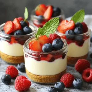 - 1 cup graham cracker crumbs - 1/2 cup unsalted butter, melted - 2 cups cream cheese, softened - 1 cup powdered sugar - 1 teaspoon vanilla extract - 1 cup heavy whipping cream - Fresh berries (strawberries, blueberries, or raspberries) for topping - Mint leaves for garnish (optional) Each ingredient plays a key role in making these cheesecake jars special. The graham cracker crumbs form the base. They give a sweet and crunchy layer. Butter helps hold the crumbs together. Cream cheese adds the rich, creamy texture we love in cheesecake. Powdered sugar brings sweetness and smoothness. Vanilla extract adds a warm flavor that enhances the cheesecake. Heavy whipping cream lightens the filling. It gives the jars a fluffy feel. Fresh berries add a burst of color and freshness on top. Mint leaves can add a nice touch, too. Feel free to mix and match toppings! You can try different berries or even chocolate shavings. Experimenting with flavors makes the jars fun and unique. For the full recipe, check out the detailed steps. Enjoy making this easy and delicious dessert! Mixing Graham Cracker Crumbs and Butter Start by taking a mixing bowl. Add 1 cup of graham cracker crumbs. Then pour in 1/2 cup of melted unsalted butter. Mix them well. You want the crumbs to be fully coated with butter. This mix gives your crust a rich flavor. Forming the Crust in Jars Now, grab your small jars. Spoon the graham cracker mix into each jar. Press down slightly with a spoon or your fingers. Make sure the bottom is even and compact. This step is vital for a sturdy crust. Beating the Cream Cheese In another bowl, place 2 cups of softened cream cheese. Use an electric mixer to beat it until it's smooth. This step helps the cream cheese become fluffy. Incorporating Powdered Sugar and Vanilla Next, add 1 cup of powdered sugar and 1 teaspoon of vanilla extract. Mix until everything is well combined. The sugar adds sweetness, while the vanilla brings a nice scent. Whipping Heavy Cream In a separate bowl, pour in 1 cup of heavy whipping cream. Use a mixer to whip it until soft peaks form. This creates a light texture for the filling. Folding the Mixtures Together Now, gently fold the whipped cream into the cream cheese mixture. Use a spatula for this. Be careful not to deflate the whipped cream. This keeps your filling light and airy. Layering the Crust and Filling Begin by adding a layer of the cheesecake filling over the crust in each jar. Fill each jar to about three-quarters full. This way, you have room for toppings later. Proper Filling Techniques Use a spoon to help layer the filling smoothly. You can also tap the jars gently on the counter. This helps eliminate any air pockets. Recommended Chilling Time Place the jars in the fridge. Let them chill for at least 4 hours. If you can, chill them overnight. This time allows the flavors to blend and the filling to set. Importance of Refrigeration Refrigeration is key for a good cheesecake. It helps the filling become firm. Chilling also enhances the flavors, making each bite delicious. For the full recipe, please refer to the earlier section. Avoiding Lumpiness To keep your cheesecake smooth, start with soft cream cheese. Cold cream cheese forms lumps. So, let it sit out for about 30 minutes before mixing. When you beat it, use a high-speed mixer. This helps break down any lumps. Mix until it is creamy and smooth. Cream Cheese Temperature Tips The right temperature is key. Room temperature cream cheese blends better. Cold cream cheese is harder to mix. If you forget to take it out, microwave it for 10 seconds. Check it often to avoid melting. Creative Serving Ideas Serve your cheesecake jars in fun, colorful glasses. They look great at parties. You can also layer the jars to show off the crust and filling. Use small spoons for easy eating. Guests will love it! Customizing with Various Toppings Top your jars with fresh fruit. Strawberries, blueberries, or raspberries all work well. You can also add chocolate shavings or nuts for crunch. If you want something sweet, drizzle honey or chocolate sauce on top. Overmixing the Filling Mix just until combined. Overmixing can make the filling too airy. This can lead to cracks when it sets. A few folds are enough once you add the whipped cream. Inappropriate Jar Sizes Choose jars that are not too big or small. A 4-ounce jar works perfectly. This size allows for nice layers and good portion control. If you use a larger jar, the cheesecake may not set properly. {{image_2}} You can easily change the flavor of your no-bake cheesecake jars. Here are two great ideas: - Chocolate No-Bake Cheesecake: Just add cocoa powder to the cream cheese mix. Use 1/3 cup of unsweetened cocoa powder. This gives a rich and creamy chocolate taste. - Fruit Flavored Cheesecake Options: You can mix in lemon juice or berry puree. For lemon, add 1/4 cup of fresh lemon juice. For berry flavors, blend 1 cup of fresh berries and fold into the cream cheese. These adaptations let you create a new taste each time. You don’t have to stick with graham cracker crumbs. Here are some fun crust options: - Using Oreo Crumbs: Crush Oreo cookies instead of graham crackers. Mix them with melted butter. This gives a sweet and chocolatey crust. - Gluten-Free Crust Options: Use crushed gluten-free cookies or nuts. Almond flour mixed with butter also works well. This way, you make the dessert suitable for everyone. Toppings make your cheesecake jars look great and add flavor. Here are some ideas: - Seasonal Fruit Options: Use fresh fruits like strawberries, raspberries, or peaches. They add color and taste. You can match fruits with the cheesecake flavor. - Special Garnishes: Try chocolate shavings or a drizzle of caramel. These small touches make a big impact on presentation and taste. Feel free to mix and match these ideas to make your jars unique. You can find the full recipe for no-bake cheesecake jars to get started! To keep your no-bake cheesecake jars fresh, use airtight containers. Glass jars work well because they seal tightly. If you don't have glass jars, plastic containers are fine too. Store them in the fridge. This keeps the cheesecake creamy and safe. Make sure the jars are cool before sealing. If they are warm, moisture may form inside. This can affect the texture of your cheesecake. No-bake cheesecake jars last about 5 days in the fridge. Always check for signs of spoilage before eating. If they look or smell off, it's best to throw them out. You can freeze no-bake cheesecake jars, but it's not ideal. Freezing can change the texture. If you choose to freeze them, use a freezer-safe container. They can last up to 2 months in the freezer. When you're ready to eat, thaw them in the fridge overnight. No-Bake Cheesecake Jars need at least 4 hours to set in the fridge. For the best taste and texture, I recommend chilling them overnight. The longer they sit, the better the flavors blend together. This time allows the cream cheese filling to firm up nicely, so you get a perfect, creamy bite. Yes, you can use low-fat cream cheese if you want a lighter option. It still gives a nice flavor and texture. Just keep in mind that the cheesecake may be a bit less creamy. You might want to add a little more heavy cream to help it stay fluffy. This way, you can enjoy a tasty treat without too many calories. If you need a substitute for heavy cream, try using coconut cream or whipped topping. Both can work well in this recipe. Coconut cream adds a nice flavor, while whipped topping makes it light and airy. You can also try using half-and-half, but it may not be as rich. Choose what fits your diet best and still keeps it delicious. For the full recipe, check out the detailed steps in the earlier sections. You now know how to create delicious no-bake cheesecake jars. We covered key ingredients, preparation steps, and tips for the perfect texture. You can customize flavors and learn how to store them well. Keep these pointers in mind to avoid common mistakes. Embrace the joy of making these treats at home. They are easy, fun, and sure to impress any guest. With practice, you will master this delightful dessert. Enjoy your cheesecake journey!