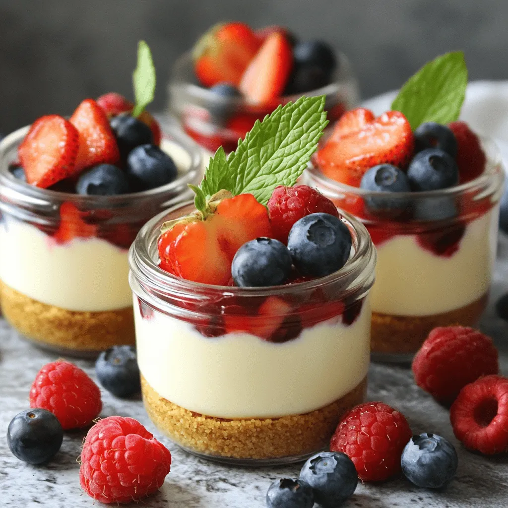 - 1 cup graham cracker crumbs - 1/2 cup unsalted butter, melted - 2 cups cream cheese, softened - 1 cup powdered sugar - 1 teaspoon vanilla extract - 1 cup heavy whipping cream - Fresh berries (strawberries, blueberries, or raspberries) for topping - Mint leaves for garnish (optional) Each ingredient plays a key role in making these cheesecake jars special. The graham cracker crumbs form the base. They give a sweet and crunchy layer. Butter helps hold the crumbs together. Cream cheese adds the rich, creamy texture we love in cheesecake. Powdered sugar brings sweetness and smoothness. Vanilla extract adds a warm flavor that enhances the cheesecake. Heavy whipping cream lightens the filling. It gives the jars a fluffy feel. Fresh berries add a burst of color and freshness on top. Mint leaves can add a nice touch, too. Feel free to mix and match toppings! You can try different berries or even chocolate shavings. Experimenting with flavors makes the jars fun and unique. For the full recipe, check out the detailed steps. Enjoy making this easy and delicious dessert! Mixing Graham Cracker Crumbs and Butter Start by taking a mixing bowl. Add 1 cup of graham cracker crumbs. Then pour in 1/2 cup of melted unsalted butter. Mix them well. You want the crumbs to be fully coated with butter. This mix gives your crust a rich flavor. Forming the Crust in Jars Now, grab your small jars. Spoon the graham cracker mix into each jar. Press down slightly with a spoon or your fingers. Make sure the bottom is even and compact. This step is vital for a sturdy crust. Beating the Cream Cheese In another bowl, place 2 cups of softened cream cheese. Use an electric mixer to beat it until it's smooth. This step helps the cream cheese become fluffy. Incorporating Powdered Sugar and Vanilla Next, add 1 cup of powdered sugar and 1 teaspoon of vanilla extract. Mix until everything is well combined. The sugar adds sweetness, while the vanilla brings a nice scent. Whipping Heavy Cream In a separate bowl, pour in 1 cup of heavy whipping cream. Use a mixer to whip it until soft peaks form. This creates a light texture for the filling. Folding the Mixtures Together Now, gently fold the whipped cream into the cream cheese mixture. Use a spatula for this. Be careful not to deflate the whipped cream. This keeps your filling light and airy. Layering the Crust and Filling Begin by adding a layer of the cheesecake filling over the crust in each jar. Fill each jar to about three-quarters full. This way, you have room for toppings later. Proper Filling Techniques Use a spoon to help layer the filling smoothly. You can also tap the jars gently on the counter. This helps eliminate any air pockets. Recommended Chilling Time Place the jars in the fridge. Let them chill for at least 4 hours. If you can, chill them overnight. This time allows the flavors to blend and the filling to set. Importance of Refrigeration Refrigeration is key for a good cheesecake. It helps the filling become firm. Chilling also enhances the flavors, making each bite delicious. For the full recipe, please refer to the earlier section. Avoiding Lumpiness To keep your cheesecake smooth, start with soft cream cheese. Cold cream cheese forms lumps. So, let it sit out for about 30 minutes before mixing. When you beat it, use a high-speed mixer. This helps break down any lumps. Mix until it is creamy and smooth. Cream Cheese Temperature Tips The right temperature is key. Room temperature cream cheese blends better. Cold cream cheese is harder to mix. If you forget to take it out, microwave it for 10 seconds. Check it often to avoid melting. Creative Serving Ideas Serve your cheesecake jars in fun, colorful glasses. They look great at parties. You can also layer the jars to show off the crust and filling. Use small spoons for easy eating. Guests will love it! Customizing with Various Toppings Top your jars with fresh fruit. Strawberries, blueberries, or raspberries all work well. You can also add chocolate shavings or nuts for crunch. If you want something sweet, drizzle honey or chocolate sauce on top. Overmixing the Filling Mix just until combined. Overmixing can make the filling too airy. This can lead to cracks when it sets. A few folds are enough once you add the whipped cream. Inappropriate Jar Sizes Choose jars that are not too big or small. A 4-ounce jar works perfectly. This size allows for nice layers and good portion control. If you use a larger jar, the cheesecake may not set properly. {{image_2}} You can easily change the flavor of your no-bake cheesecake jars. Here are two great ideas: - Chocolate No-Bake Cheesecake: Just add cocoa powder to the cream cheese mix. Use 1/3 cup of unsweetened cocoa powder. This gives a rich and creamy chocolate taste. - Fruit Flavored Cheesecake Options: You can mix in lemon juice or berry puree. For lemon, add 1/4 cup of fresh lemon juice. For berry flavors, blend 1 cup of fresh berries and fold into the cream cheese. These adaptations let you create a new taste each time. You don’t have to stick with graham cracker crumbs. Here are some fun crust options: - Using Oreo Crumbs: Crush Oreo cookies instead of graham crackers. Mix them with melted butter. This gives a sweet and chocolatey crust. - Gluten-Free Crust Options: Use crushed gluten-free cookies or nuts. Almond flour mixed with butter also works well. This way, you make the dessert suitable for everyone. Toppings make your cheesecake jars look great and add flavor. Here are some ideas: - Seasonal Fruit Options: Use fresh fruits like strawberries, raspberries, or peaches. They add color and taste. You can match fruits with the cheesecake flavor. - Special Garnishes: Try chocolate shavings or a drizzle of caramel. These small touches make a big impact on presentation and taste. Feel free to mix and match these ideas to make your jars unique. You can find the full recipe for no-bake cheesecake jars to get started! To keep your no-bake cheesecake jars fresh, use airtight containers. Glass jars work well because they seal tightly. If you don't have glass jars, plastic containers are fine too. Store them in the fridge. This keeps the cheesecake creamy and safe. Make sure the jars are cool before sealing. If they are warm, moisture may form inside. This can affect the texture of your cheesecake. No-bake cheesecake jars last about 5 days in the fridge. Always check for signs of spoilage before eating. If they look or smell off, it's best to throw them out. You can freeze no-bake cheesecake jars, but it's not ideal. Freezing can change the texture. If you choose to freeze them, use a freezer-safe container. They can last up to 2 months in the freezer. When you're ready to eat, thaw them in the fridge overnight. No-Bake Cheesecake Jars need at least 4 hours to set in the fridge. For the best taste and texture, I recommend chilling them overnight. The longer they sit, the better the flavors blend together. This time allows the cream cheese filling to firm up nicely, so you get a perfect, creamy bite. Yes, you can use low-fat cream cheese if you want a lighter option. It still gives a nice flavor and texture. Just keep in mind that the cheesecake may be a bit less creamy. You might want to add a little more heavy cream to help it stay fluffy. This way, you can enjoy a tasty treat without too many calories. If you need a substitute for heavy cream, try using coconut cream or whipped topping. Both can work well in this recipe. Coconut cream adds a nice flavor, while whipped topping makes it light and airy. You can also try using half-and-half, but it may not be as rich. Choose what fits your diet best and still keeps it delicious. For the full recipe, check out the detailed steps in the earlier sections. You now know how to create delicious no-bake cheesecake jars. We covered key ingredients, preparation steps, and tips for the perfect texture. You can customize flavors and learn how to store them well. Keep these pointers in mind to avoid common mistakes. Embrace the joy of making these treats at home. They are easy, fun, and sure to impress any guest. With practice, you will master this delightful dessert. Enjoy your cheesecake journey!