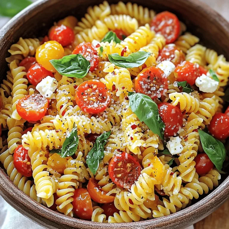 To make Tomato Basil Feta Pasta, gather these items: - 400g pasta (penne or fusilli) - 300g cherry tomatoes, halved - 200g feta cheese, crumbled - 1/2 cup fresh basil leaves, chopped - 3 cloves garlic, minced - 1/4 cup olive oil - 1 teaspoon red pepper flakes (optional) - Salt and pepper to taste - Grated Parmesan cheese for serving (optional) You can swap some ingredients if needed. Here are some ideas: - Use whole wheat or gluten-free pasta instead of regular pasta. - Swap cherry tomatoes with diced regular tomatoes. - If feta is hard to find, try goat cheese for a different taste. - For a dairy-free option, use a plant-based feta cheese. - Instead of fresh basil, use dried basil, but use less since it is stronger. Fresh ingredients make a big difference in this dish. Here are some tips: - Look for firm cherry tomatoes with bright color and no bruises. - Choose basil leaves that are vibrant green and not wilted or brown. - Smell the tomatoes; they should have a sweet, fresh scent. - When buying garlic, select bulbs that are firm and dry, with no soft spots. - Always check the feta cheese for freshness; it should be creamy and not crumbly. This recipe brings vibrant flavors together, making it a real treat. For the full recipe, check out the provided link. To start, fill a large pot with water and add salt. Bring the water to a boil. Once boiling, add 400g of pasta, like penne or fusilli. Cook it for about 8-10 minutes until it’s al dente. Al dente means the pasta is firm but not hard. After cooking, save 1 cup of the pasta water. Then, drain the pasta in a colander and set it aside. In a large bowl, mix together 300g of halved cherry tomatoes and 200g of crumbled feta cheese. Add 3 cloves of minced garlic for flavor. Pour in 1/4 cup of olive oil to give it richness. If you like some heat, toss in 1 teaspoon of red pepper flakes. Season the mixture with salt and pepper to taste. This blend will create a fresh and tasty base for your pasta. Now, add the cooked pasta to the bowl with the tomato mixture. Toss everything together gently. Make sure that the pasta is well coated with the olive oil and feta. If the pasta seems dry, pour in some of the reserved pasta water, 1-2 tablespoons at a time. Stir until you reach a creamy texture. Finally, fold in 1/2 cup of chopped fresh basil leaves. This will add a bright flavor just before serving. Enjoy your Tomato Basil Feta Pasta! For the full recipe, check the details above. To get that perfect creamy texture, start by saving some pasta water. After cooking your pasta, reserve about one cup of the water before draining. This water has starch that helps bind the sauce. When you mix the pasta with the tomato and feta mixture, add the reserved water a little at a time. Keep mixing until you reach the creaminess you want. This trick makes your dish rich and smooth. Presentation matters. It can make your meal feel special. After plating your pasta, add some fresh basil leaves on top. This adds color and a fresh aroma. You can also sprinkle grated Parmesan cheese for a touch of elegance. Use a few whole cherry tomatoes for a pop of color. These small steps make a big difference in how your dish looks. One common mistake is overcooking the pasta. Always cook it al dente. This keeps the pasta firm and helps it hold the sauce better. Another mistake is not reserving enough pasta water. If you skip this step, your dish may end up dry. Finally, avoid adding all the basil too early. Fold it in just before serving. This keeps its bright flavor and fresh look. By watching these details, you will make a delicious Tomato Basil Feta Pasta every time. {{image_2}} You can easily add protein to this dish. Grilled chicken works well. Simply cook it, slice it, and mix it in. Shrimp also adds great flavor. Sauté shrimp in olive oil until pink, then toss with the pasta. Both options make the meal more filling and nutritious. For a vegetarian twist, try adding more veggies. Spinach, bell peppers, or zucchini brighten up the dish. You can also add olives for a salty kick. Capers or artichokes bring a unique taste. Each addition gives the pasta a new flavor and texture. You can change this dish with the seasons. In summer, use fresh heirloom tomatoes for sweetness. Fall calls for roasted butternut squash. In winter, add kale or Brussels sprouts for a hearty touch. Each season offers fresh produce to keep your pasta exciting and delicious. To keep your Tomato Basil Feta Pasta fresh, store it in an airtight container. Let it cool first. This helps avoid steam build-up, which can make the pasta soggy. Place the container in the fridge. It will stay good for about three days. Make sure to label it with the date. This way, you can keep track of how long it has been stored. When it's time to eat your leftovers, reheat the pasta carefully. The best way is to use a skillet. Add a splash of water or olive oil to the pan. Heat it on low to medium heat. Stir gently to mix the sauce and pasta. This keeps the dish moist and tasty. You can also use the microwave, but cover it with a damp paper towel. This traps steam and keeps the pasta from drying out. If you want to save your dish for later, freezing works well. First, let the pasta cool completely. Then, divide it into single servings. Use freezer-safe bags or containers to store it. Remember to squeeze out as much air as possible. This helps prevent freezer burn. Your pasta can last up to three months in the freezer. When you're ready to eat, thaw it in the fridge overnight before reheating. This keeps the texture nice and the flavors intact. For the full recipe, check out the details above. Yes, you can use various pasta types. Penne and fusilli work well, but you can try spaghetti or farfalle. The key is to choose a pasta that holds sauce well. Each type gives a slightly different texture, making your meal unique. To make Tomato Basil Feta Pasta gluten-free, choose gluten-free pasta. Many brands offer rice or corn-based options. Follow the cooking instructions on the package. The rest of the ingredients are naturally gluten-free, so you can enjoy this dish without worry. This dish pairs well with many options. You can serve it with a light salad or garlic bread. Roasted vegetables also complement the flavors nicely. For protein, grilled chicken or shrimp works well. You might also enjoy a glass of white wine with this meal. For the full recipe, check out the [Full Recipe]. To wrap it up, we covered key ingredients, cooking steps, and tips for your dish. I shared helpful advice on selecting fresh produce and avoiding mistakes. You also learned about variations and how to store leftovers. This dish offers great flavors and easy options. Cooking should be fun and delicious. Experiment with ingredients and enjoy your tasty creation!