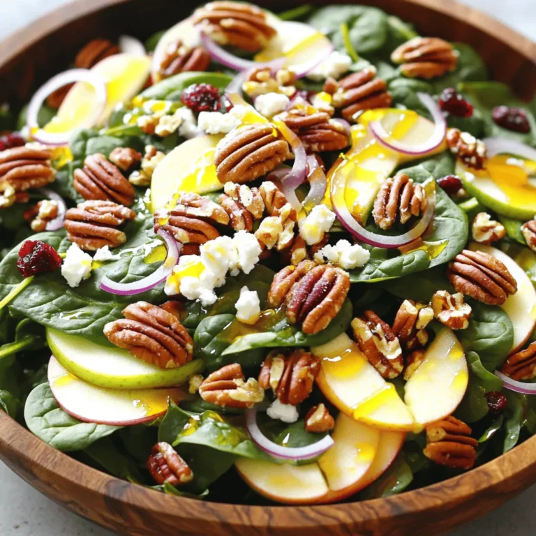 - 4 cups fresh baby spinach - 1 large apple (Fuji or Honeycrisp) - 1/2 cup pecan halves - 1/4 cup crumbled feta cheese - 1/4 red onion - 1/4 cup dried cranberries - 3 tablespoons olive oil - 2 tablespoons apple cider vinegar - 1 tablespoon honey - Salt and pepper to taste This salad shines with fresh and simple ingredients. The star is the baby spinach, which brings a vibrant green color. I love using Fuji or Honeycrisp apples because they add a sweet crunch. The pecans give a nice nutty flavor and texture. Then, we add a bit of feta cheese, which adds a creamy touch. The red onion gives a slight bite, balancing the sweetness of the apples. Dried cranberries bring a chewy, sweet contrast to all the flavors. For the dressing, I prefer a mix of olive oil and apple cider vinegar. Honey adds sweetness, while salt and pepper finish it off. This combination really ties the salad together. You can find the detailed steps in the Full Recipe. To make the dressing, start with a small bowl. Whisk together three tablespoons of olive oil, two tablespoons of apple cider vinegar, and one tablespoon of honey. Add a pinch of salt and pepper. Mix until well combined. This dressing brings a bright flavor to the salad. Next, place the pecan halves in a dry skillet. Heat the skillet over medium heat. Toast the pecans for about three to five minutes. Stir them often to keep them from burning. You’ll know they are ready when they smell fragrant. Once toasted, remove them from the heat and let them cool. In a large salad bowl, add four cups of fresh baby spinach. Then, slice one large apple and add it to the bowl. Toss in the toasted pecans, a quarter cup of crumbled feta cheese, a quarter of a thinly sliced red onion, and a quarter cup of dried cranberries. This mix creates a colorful and tasty salad. Now, drizzle your prepared dressing over the salad ingredients. Make sure to cover everything evenly. This will add flavor to each bite. Gently toss the salad to mix all the ingredients. Be careful not to bruise the spinach. Serve the salad immediately for the best taste. You can also chill it for a few minutes to let the flavors blend. Enjoy this fresh and flavorful delight! For the full recipe, check out the Crunchy Spinach Apple Pecan Delight. When making this salad, I always choose Fuji or Honeycrisp apples. They add sweetness and a nice crunch. These apples hold their shape well and taste great with the other ingredients. Letting the salad sit for a few minutes before serving really helps the flavors mix. This waiting time allows the dressing to soak into the spinach and apples. It makes every bite burst with taste. To make this salad shine, serve it in a clear bowl. A clear bowl shows off the vibrant colors of the spinach, apples, and pecans. This adds to the appeal and makes it even more inviting to eat. {{image_2}} You can easily add more nutrition to your salad. Grilled chicken or chickpeas work great. Chicken adds a savory touch, while chickpeas boost plant protein. Both options keep the salad filling and satisfying. You can use leftover grilled chicken or canned chickpeas for quick prep. If you want a different crunch, try using walnuts or almonds. Walnuts offer a rich flavor, while almonds give a nice crunch. Both nuts add healthy fats and protein. Feel free to mix nuts for a unique taste in every bite! Want to change things up? Try a balsamic vinaigrette or a yogurt-based dressing. Balsamic vinaigrette adds a tangy zing, while yogurt dressing makes it creamy. Each option brings a new flavor profile to your salad. Experiment with different dressings to find your favorite! For the full recipe, check out the Crunchy Spinach Apple Pecan Delight. To keep your salad fresh, store it in an airtight container. This will prevent it from wilting and losing its crunch. Place the container in the refrigerator right after you finish eating. For best quality, consume your salad within 1-2 days. After this time, the spinach may become limp, and the flavors might fade. Enjoy it while it’s fresh for the best taste! You can prepare the dressing and ingredients separately. This method helps keep the spinach crisp and the apples from browning too fast. Mix everything just before serving for a delightful, fresh experience. For the complete recipe, check out the Full Recipe. Yes, kale or mixed greens work well as alternatives. These greens bring different flavors and textures. Kale is more robust, while mixed greens add variety. Experimenting can make your salad fun! Omit feta cheese and use maple syrup instead of honey. This substitution keeps the salad sweet and rich. You can still enjoy great taste and texture without any animal products. It pairs well with grilled meats or can be a standalone light meal. This salad complements chicken, fish, or even a hearty soup. Enjoy it as a fresh side or main dish. Includes healthy fats from nuts, vitamins from spinach and apples. The nuts provide protein, while spinach is packed with iron and fiber. For specifics, consider using a nutrition calculator. Yes, prepare the salad ingredients but wait to add the dressing until just before serving. This keeps the greens crisp and fresh. You can save time by prepping early while enjoying great taste. For the complete experience, check out the Full Recipe. This blog post shared how to make a tasty Spinach Apple Pecan Salad. You learned about the fresh ingredients, easy steps, and tips to enhance flavors. Remember, using Fuji apples gives a great crunch, and letting it sit boosts taste. You can switch nuts or add protein to fit your needs, too. Enjoy this salad fresh, and keep leftovers in the fridge for a day or two. With these tips, you can make a salad that delights and nourishes your body.