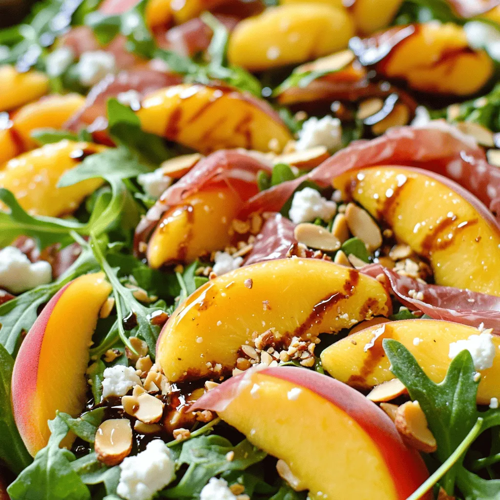 - Ripe peaches - Prosciutto - Arugula or mixed salad greens - Goat cheese - Toasted almonds - Balsamic glaze - Extra-virgin olive oil - Salt and pepper - Fresh mint leaves (optional) You can swap prosciutto with turkey or chicken for a leaner option. If you prefer vegan cheese, try cashew cheese or almond cheese as good alternatives. For greens, spinach or kale can work well instead of arugula. To pick ripe peaches, look for ones with a firm feel and a sweet smell. Avoid peaches with bruises or wrinkles. For prosciutto, choose thin slices with a nice pink color. Fresh herbs should look bright and green, without any wilting. Always select greens that are crisp and vibrant for the best salad experience. 1. First, wash the peaches. Rinse them gently under cool water. 2. Slice the peaches into thin wedges. Try to keep them uniform for a pretty look. 3. Next, take your salad greens. I love using arugula for a peppery kick. 4. Place the greens in a large bowl. Make sure they are dry for the best texture. 1. Start layering the peach slices on top of the greens. 2. Next, add the prosciutto. Let it drape nicely over the peaches. 3. Sprinkle crumbled goat cheese over the top. The creaminess adds a nice touch. 4. Finally, add the toasted almonds for a crunchy finish. 1. In a small bowl, combine the balsamic glaze and olive oil. 2. Add a pinch of salt and pepper. This enhances the flavors. 3. Whisk the mixture until it becomes smooth. You want it to blend well. 4. Drizzle the dressing over your salad. Be gentle to keep the peaches intact. This simple method makes a fresh and flavorful dish. If you want more details, check the Full Recipe. To make your Peach and Prosciutto Salad stand out, think about adding other fruits. Try slices of fresh strawberries or juicy figs. These fruits bring sweetness and color. You can also add slices of ripe avocado for creamy texture. Creating a different dressing can change the whole dish. Instead of balsamic, use a honey mustard mix or a lemon vinaigrette. They add a nice tang that pairs well with prosciutto. Experiment with flavors to find what you love most. Serving dishes can make a big impact. Use a large, colorful platter for family-style dining. This invites everyone to dig in. If you want individual servings, use clear glass bowls. This way, guests can see all the pretty layers. Garnishing with mint leaves adds a fresh touch. Place a few mint leaves on top for a pop of color. You can also sprinkle extra goat cheese or almonds around the edges. This makes the salad look even more appealing. Prep work can save you time. Wash and slice the peaches a few hours before serving. Store them in a bowl with a little lemon juice. This keeps them fresh and bright. For flavor storage, keep the salad components separate. Mix the greens, fruit, and prosciutto in one bowl. Store the dressing in a jar. Combine them right before serving to keep everything crisp and fresh. Enjoy making this Peach and Prosciutto Salad! For the complete guide, check the Full Recipe. {{image_2}} You can change this salad with the seasons. In summer, use ripe peaches. In fall, try apples or pears for a crisp bite. Seasonal fruits keep your salad fresh and exciting. For special occasions, think about adding a festive twist. Use pomegranate seeds around the holidays. They add color and a sweet burst. For summer picnics, serve it in mason jars for easy transport. This salad is easy to make gluten-free. Just check the balsamic glaze for gluten. Most brands are safe, but read the label to be sure. If you need a nut-free version, leave out the almonds. You can use pumpkin seeds instead. They add crunch without the nuts. Want to make it heartier? Add grilled chicken or shrimp for protein. Just grill the meat with some spices before slicing it. This makes the salad filling and tasty. You can also switch up the cheese. Try feta or blue cheese for a bold flavor. Each cheese adds a unique taste that pairs well with the fruit. For the full recipe, check out the Peachy Prosciutto Delight. To store leftover salad, place it in an airtight container. This helps keep the flavors fresh. Avoid mixing the dressing with the salad if you plan to save it. This way, your greens stay crisp. You can store it in the fridge for up to two days. Leftovers are still tasty the next day. However, the salad may lose some crunch. You can serve it cold or at room temperature. Consider adding fresh greens to revive the salad. You can also top it with more cheese or nuts for a fresh twist. You can keep leftovers for about two days in the fridge. If the salad starts to smell off or look slimy, it's time to toss it. Always check the peaches and prosciutto first. These ingredients spoil faster than others. Enjoy your Peach and Prosciutto Salad fresh for the best taste! For the full recipe, check the earlier sections. You can enjoy this salad for lunch or dinner. For lunch, it is light and refreshing. Pair it with a crusty bread or a simple soup. For dinner, it makes a great starter or side dish. Serve it with grilled chicken or fish for a complete meal. Yes, you can make this salad vegan! Instead of prosciutto, use thin slices of smoked tempeh or marinated tofu. For cheese, opt for a vegan feta or leave it out altogether. The salad will still taste fantastic with the sweet peaches and greens. This salad pairs well with many drinks and sides. A crisp white wine, like Sauvignon Blanc, complements the flavors nicely. For sides, serve it with quinoa or a light pasta dish. You can also enjoy it with a fruit platter for a colorful meal. For the full recipe, check out the Peachy Prosciutto Delight! This salad blends ripe peaches, savory prosciutto, and fresh greens for a delightful meal. It’s easy to make with clear steps and easy-to-find ingredients. Don’t forget the tips for choosing fresh produce and storing leftovers to enjoy this dish later. Experiment with different fruits and greens to make it your own. Keep it fun and fresh in the kitchen. You’ll impress your guests and satisfy your taste buds. Enjoy every bite of your creation and the smiles it brings!