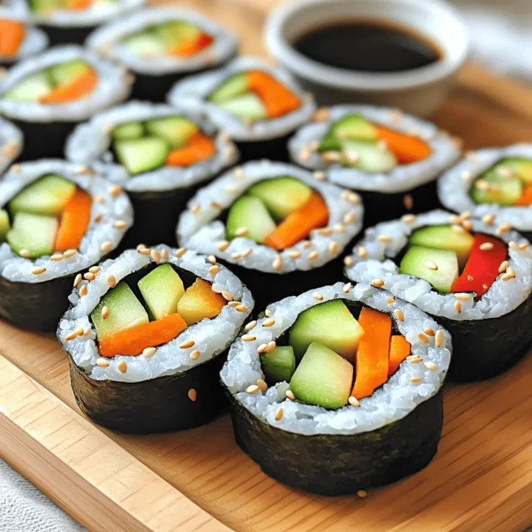 - 2 cups sushi rice - 4 sheets nori (seaweed) - 1 avocado, sliced - 1 cucumber, julienned - 1 carrot, julienned - 1 red bell pepper, julienned To make easy veggie sushi rolls, you need key ingredients that create the perfect base and flavor. Sushi rice is sticky and helps hold the rolls together. Nori provides a tasty wrap. Fresh veggies add crunch and color. - 1/4 cup rice vinegar - 1 tablespoon sugar - 1/2 teaspoon salt These seasoning ingredients enhance the rice's flavor. Rice vinegar gives a slight tang. Sugar adds a hint of sweetness, while salt balances the taste. This mixture makes the sushi rice shine. - Soy sauce for dipping - Optional garnishes (sesame seeds, wasabi) When serving, soy sauce adds a salty kick. You can sprinkle sesame seeds for added crunch. Wasabi provides a spicy option for those who like heat. Enjoying these rolls with the right dips makes them even better. For the full recipe, check the Easy Veggie Sushi Rolls section. To start, rinse the sushi rice under cold water. This helps remove the excess starch. Keep rinsing until the water runs clear. You can cook the rice in a rice cooker or on the stovetop. If using a rice cooker, add 2 ½ cups of water and follow the machine's instructions. For stovetop cooking, bring the rice and water to a boil. Then, lower the heat, cover, and simmer for about 20 minutes until the water is gone. Next, mix rice vinegar, sugar, and salt in a small bowl. After cooking, transfer the rice to a large bowl. While it is still warm, gently fold in the vinegar mixture. This adds great flavor to the rice. Allow the rice to cool to room temperature before using it. While the rice cools, slice your fresh veggies. Take an avocado and slice it into thin pieces. Next, julienne the cucumber and carrot. Finally, slice the red bell pepper into thin strips. Each vegetable adds a nice crunch and color to your sushi. Place a bamboo sushi mat on a flat surface. Put a sheet of nori on top, shiny side down. Wet your hands to stop the rice from sticking. Take about a handful of rice and spread it evenly over the nori, leaving a small margin at the top edge. Now it's time to roll! Add a few pieces of each vegetable horizontally across the center of the rice. Starting from the bottom edge, carefully roll the mat away from you, holding the filling with your fingers. Make sure to roll tightly, but not too tight. Moisten the top edge with water to seal the roll. Use a sharp knife to slice the roll into bite-sized pieces. Wipe the knife with a damp cloth between cuts for clean slices. Arrange the sushi rolls on a serving platter. If you like, sprinkle sesame seeds on top and serve with soy sauce for dipping. Enjoy your beautiful veggie sushi rolls! For the complete recipe, check out [Full Recipe]. - Overcooking rice: If you cook the rice too long, it becomes mushy. This ruins the texture of your sushi. Keep an eye on your timer! - Squashing the roll while slicing: When you cut the sushi, press too hard. This squashes the roll and makes a mess. Use a sharp knife and gentle pressure. - How to roll sushi without a mat: No mat? No problem! Use a clean kitchen towel instead. Place the nori on the towel, add rice and fillings, and roll tightly. Keep your hands wet to avoid sticking. - Adding sauces or spices: Soy sauce is classic, but you can try others too. Add a splash of sriracha for heat or sprinkle sesame seeds for crunch. Experiment with flavors you love! For the complete recipe, you can refer to the Full Recipe section. {{image_2}} You can add protein to your sushi rolls for extra flavor and nutrition. Tofu is a great choice. Try firm or extra-firm tofu. It holds its shape well. You can marinate it in soy sauce or sesame oil for added flavor. Then, grill or sauté it until golden. Tempeh is another tasty option. This soy product has a nutty flavor. Slice it thin and cook it the same way. Both tofu and tempeh make your rolls filling and satisfying. Don’t feel limited to just avocado and cucumber! Use seasonal veggies for variety. In spring, try adding asparagus or snap peas. They add a nice crunch. In summer, bell peppers and zucchini are perfect. They are sweet and juicy. In fall, consider roasted sweet potatoes or beets for earthiness. Winter brings hearty greens like kale or spinach. You can even use radishes for a spicy kick. Mix and match to find your favorite combinations. Get creative by blending cuisines! Add cream cheese for a sushi-style bagel roll. You can also try spicy kimchi for a Korean twist. Consider using hummus and roasted red peppers for a Mediterranean flair. For a Mexican spin, add black beans and corn. Top it with fresh cilantro and lime juice. Each fusion idea brings new flavors to your rolls. It makes sushi fun and exciting! For the complete recipe, check out the Full Recipe section. To store leftover sushi rolls, wrap them tightly in plastic wrap or foil. This keeps them fresh and prevents the rice from drying out. Place the wrapped rolls in an airtight container. Store them in the fridge for up to 24 hours. The sooner you eat them, the better they taste. Freezing sushi rolls is simple. Wrap each roll in plastic wrap, then place them in a freezer-safe bag. Squeeze out as much air as possible. You can freeze sushi for about one month. When you are ready to eat, thaw it in the fridge overnight. Avoid microwaving, as it can make the rice mushy. Sushi rolls taste best when fresh. If stored properly in the fridge, they last for one day. After that, they may lose their flavor and texture. If you freeze the rolls, they can stay fresh for one month. Always check for any off smells or changes in color before eating. The best rice for sushi is short-grain sushi rice. This rice is sticky and holds its shape well. It gives sushi rolls their unique texture. When cooked, this rice becomes chewy, which is great for sushi. Look for sushi rice in Asian grocery stores or online. You can also use medium-grain rice if sushi rice is hard to find. Just remember not to use long-grain rice, as it will not stick well. Yes, you can use other ingredients besides nori. If you don’t like nori, try using lettuce leaves. They are fresh and crunchy. You can also use rice paper, which adds a different texture. Another option is to use thinly sliced cucumber as a wrap. This keeps your sushi light and refreshing. Just be creative with your wraps and fillings. The choice is all yours! Absolutely! This recipe is great for meal prep. You can make sushi rolls in advance and store them. Just keep them in an airtight container in the fridge. They will stay fresh for about 24 hours. If you prep the rice and veggies ahead of time, it makes rolling easy. You can also cut the rolls into pieces before storing. This way, you have quick snacks or lunches ready to go. Enjoy making your sushi rolls ahead of time! For the full recipe, check out the Easy Veggie Sushi Rolls section. In this blog post, I covered how to create sushi from start to finish. We looked at key ingredients like sushi rice, nori, and fresh veggies. I shared step-by-step instructions to prepare the rice, slice the vegetables, and assemble your rolls. I also offered tips to avoid common mistakes and enhance flavor. You can add your favorite proteins and try different veggies or fusion styles. With proper storage, your sushi can stay fresh for days. Now, it’s time to roll up your sleeves and enjoy making sushi at home!
