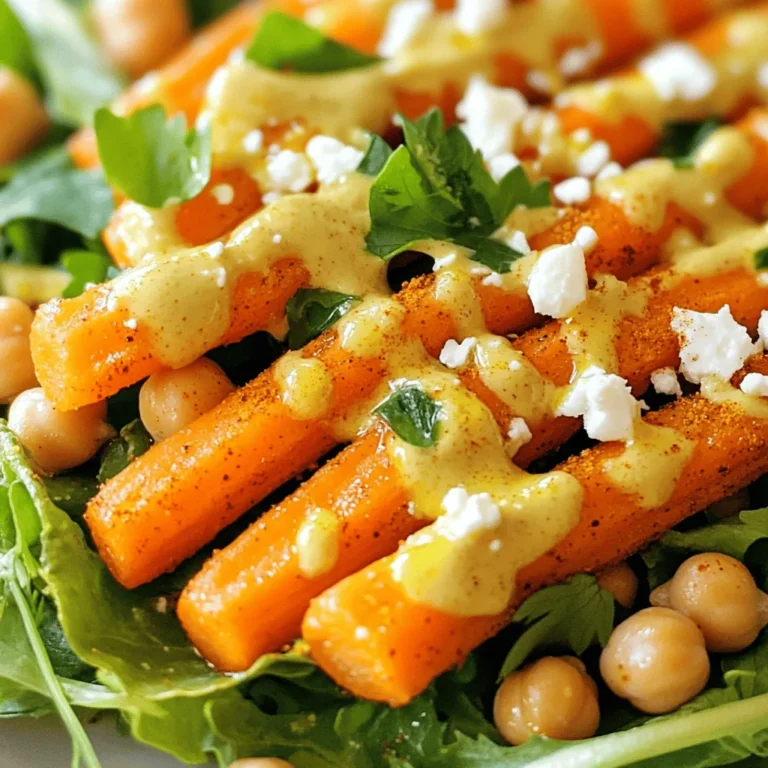 - Roasted carrot specifications Use 4 medium carrots. Peel them and cut them into sticks. This shape helps them roast evenly. Sweet, tender carrots become the star of this salad. - Chickpea options: canned vs. dried You can use one can (15 oz) of chickpeas. Make sure to drain and rinse them well. If you prefer, you can cook dried chickpeas. This takes longer but adds more flavor. - Seasoning and dressing elements For seasoning, use 2 tablespoons of olive oil, 1 teaspoon of ground cumin, 1 teaspoon of smoked paprika, and 1/2 teaspoon of cinnamon. Don’t forget salt and pepper to taste. For the dressing, mix 2 tablespoons of tahini, the juice of 1 lemon, and 1 tablespoon of honey or maple syrup. This adds a nice touch. Optionally, sprinkle 1/4 cup of crumbled feta cheese on top and garnish with fresh parsley. This delightful blend of ingredients creates a fresh and flavorful dish. For the full recipe, check out the details above. 1. Prepping the oven and baking tray First, set your oven to 400°F (200°C). This temperature helps the carrots get nice and tender. Line a baking tray with parchment paper. This step makes cleanup easy. 2. Mixing ingredients for roasting In a large bowl, combine the carrot sticks and chickpeas. Add 2 tablespoons of olive oil. Then, sprinkle in 1 teaspoon of ground cumin, 1 teaspoon of smoked paprika, and 1/2 teaspoon of cinnamon. Season with salt and pepper. Toss everything well until the carrots and chickpeas are coated. 3. Making the tahini dressing In a separate bowl, whisk together 2 tablespoons of tahini and the juice of 1 lemon. Add 1 tablespoon of honey or maple syrup for sweetness. If it feels thick, add a little water to thin it out. This dressing is creamy and bright. 1. Time and temperature recommendations Spread the carrot and chickpea mix on the baking sheet in a single layer. Roast them in the oven for 25-30 minutes. They should be tender and a bit caramelized. 2. Tips for even roasting Stir the mixture halfway through roasting. This action helps everything cook evenly. It also gives the carrots a nice color and flavor. 1. Layering the salad components After roasting, let the mixture cool for a few minutes. In a large bowl, place 2 cups of mixed greens. Top it with the roasted carrots and chickpeas. 2. Drizzling and tossing the salad Drizzle your tahini dressing over the salad. Toss gently to mix everything together. For the final touch, sprinkle 1/4 cup of crumbled feta cheese and some fresh parsley on top. Enjoy this vibrant and tasty salad, perfect for any meal! For the complete recipe, check out the Full Recipe section! To make your roasted carrot and chickpea salad shine, try these spices: - Ground cumin - Smoked paprika - Cinnamon These spices bring warmth and depth. They play well with the sweet carrots and creamy tahini. Proper seasoning is key. It helps each bite burst with flavor. Don't be shy with salt and pepper. They balance the dish and enhance the spices. Roasting carrots gives them a sweet, deep flavor. Steaming can make them soft, but you lose that nice caramelization. For chickpeas, canned ones are great, but rinse them well. This helps remove extra salt and keeps them from being mushy. If you use dried chickpeas, soak and cook them until tender. This gives you better texture in the salad. Plating is about making your dish look appetizing. Start with a bed of greens. Then, add the roasted carrots and chickpeas in the center. Drizzle the tahini dressing over the top for a beautiful finish. For garnishing, sprinkle fresh parsley and crumbled feta cheese, if you like. This adds color and makes the dish pop. For more ideas, check out the Full Recipe. {{image_2}} If you want to make this salad vegan, skip the feta cheese. You can add more veggies instead. Try using avocado or olives for added creaminess. For greens, you can use any leafy option you like. Spinach, arugula, or kale all work well. You can also mix these greens for added texture. To change the flavor, think about adding nuts or seeds. Walnuts or sunflower seeds add crunch. You can also add dried fruits like raisins or cranberries for sweetness. If you want to add more veggies, roasted bell peppers or zucchini would taste great too. They add color and flavor. Try other dressings to switch things up. A simple balsamic vinaigrette is tasty. You can use olive oil, balsamic vinegar, and a bit of mustard. If you prefer store-bought, look for a tahini dressing or a lemon vinaigrette. These add a nice zing to the dish. For the full recipe, check out the details above. To keep your roasted carrot and chickpea salad fresh, store it in the fridge. Use an airtight container. This will help the salad stay crisp and tasty. It’s best to eat it within three days. If you added feta, eat it sooner. Cheese can spoil quickly. For long-term storage, you can freeze the roasted carrots and chickpeas. Let them cool completely first. Place them in a freezer-safe bag or container. Remove as much air as possible. They will stay good for up to three months. However, the greens will not freeze well. It's best to add fresh greens when you thaw and eat. When you're ready to enjoy the salad again, reheating is simple. You can warm it in the oven or on the stove. For the oven, preheat it to 350°F (175°C) and heat for about 10-15 minutes. Stir halfway through to ensure even heating. If using the stove, add a splash of water to a pan. Heat on low, stirring gently until warmed through. Avoid using the microwave, as it can make the salad soggy. You can use fresh chickpeas, but they need more time to cook. Soak dried chickpeas overnight, then boil them until soft. This adds a nice texture. However, canned chickpeas save time and are ready to use. The salad stays fresh for about 3 days in the fridge. Store it in an airtight container. The flavors meld together as it sits. If you add the dressing later, it keeps the greens crisp longer. Yes, this salad is gluten-free. All the ingredients, from roasted carrots to chickpeas, are gluten-free. Enjoy it without worry, whether you have dietary needs or just love good food. Yes, you can make this salad ahead of time. Roast the carrots and chickpeas, and store them separately. Combine everything just before serving. This keeps the salad fresh and bright. For the full recipe, refer to the beginning of this article. In this post, we explored how to create a delicious roasted carrot and chickpea salad. We covered key ingredients, preparation steps, and tips for flavor. You learned how to roast veggies evenly and assemble the dish for maximum appeal. Remember, you can customize the salad with different spices, nuts, or dressings. This way, you create a meal that reflects your taste while being nutritious. Enjoy making this versatile salad that is easy to store and tasty even days later.