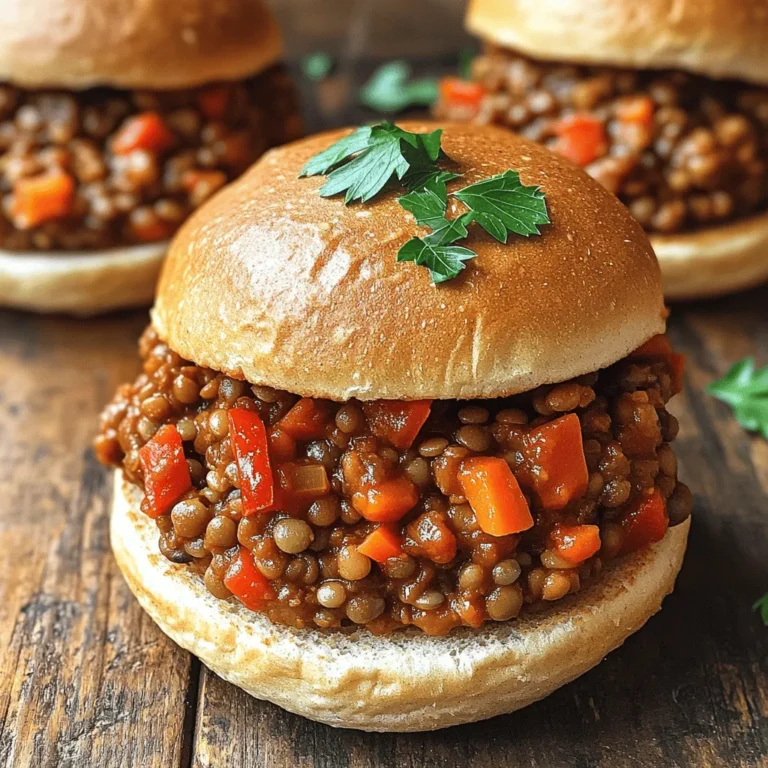 To make vegan lentil sloppy joes, these key ingredients are a must: - 1 cup green or brown lentils, rinsed - 1 small onion, finely chopped - 2 cloves garlic, minced - 1 red bell pepper, diced - 1 carrot, grated - 2 tablespoons tomato paste - 1 cup vegetable broth - 1 tablespoon soy sauce or tamari - 2 tablespoons maple syrup - 1 teaspoon smoked paprika - 1 teaspoon cumin - Salt and pepper to taste - 4 whole wheat burger buns - Fresh parsley, chopped (for garnish) These ingredients create a hearty, flavorful mix. The lentils give protein and fiber. The veggies add crunch and sweetness. You can also add these optional ingredients for a twist: - Jalapeños for heat - Mushrooms for umami - Corn for sweetness - Avocado for creaminess These ingredients can elevate your dish. Feel free to mix and match to find your favorite flavor. Lentils are a powerhouse of nutrition. They are high in protein, which is great for vegans. Here are some benefits: - High in Fiber: Helps with digestion and keeps you full. - Rich in Iron: Supports energy levels and overall health. - Low in Fat: A smart choice for heart health. - Packed with Vitamins: Includes B vitamins, which help with metabolism. Incorporating lentils into your meals is a smart move for your health. They make a tasty and nutritious base for this dish. You can find the full recipe above to get started on your tasty vegan adventure! Start by rinsing 1 cup of green or brown lentils. Put them in a medium pot. Add 3 cups of water. Bring the water to a boil. Then, lower the heat to a simmer. Cook the lentils for about 25 to 30 minutes. They should be tender when done. Once cooked, drain any extra water and set the lentils aside. This step is key for a hearty filling. Next, grab a large skillet. Heat a little water or vegetable broth over medium heat. Add the finely chopped onion and minced garlic. Cook them for about 3 to 4 minutes until they soften. Then, stir in the diced red bell pepper and grated carrot. Cook these veggies for another 5 minutes, until they start to soften. This mix adds great flavor and crunch. Now it's time to bring everything together. Add the cooked lentils to the skillet. Then, mix in 2 tablespoons of tomato paste, 1 cup of vegetable broth, and 1 tablespoon of soy sauce. Don’t forget 2 tablespoons of maple syrup for a touch of sweetness. Next, sprinkle in 1 teaspoon of smoked paprika and 1 teaspoon of cumin. Stir well to combine all the flavors. Let the mixture simmer for about 10 to 15 minutes. This will help it thicken nicely. Taste and season with salt and pepper as needed. For the complete recipe, refer to the [Full Recipe]. This dish will make your taste buds dance! To get a thick and hearty Sloppy Joe, you want to simmer the lentil mixture well. After adding all your ingredients, let it cook for about 10-15 minutes. Stir often to avoid sticking. If it gets too thick, add a splash of vegetable broth. This keeps it moist and tasty. The perfect texture is key for a great bite. You can make your Sloppy Joes your own! Try adding different spices, like chili powder or oregano. Want more heat? Add diced jalapeños or a splash of hot sauce. You can also swap the maple syrup for agave nectar. If you love smoky flavors, consider extra smoked paprika. Each twist brings a new flavor, making it fun to explore. Make cooking easier with a few tricks! Chop your veggies ahead of time. You can store them in the fridge for a few days. Also, cook a big batch of lentils and freeze some for later. This meal can be ready in about 30 minutes if you prep smart. For a quick assembly, toast the buns while the mixture simmers. Get the full recipe for more details on each step! {{image_2}} Want some heat? You can turn your lentil sloppy joes into a spicy treat. Add diced jalapeños or a splash of hot sauce to the mix. You can even swap smoked paprika for cayenne for more kick. Spice lovers will enjoy this twist. Adjust the heat to your taste. You can always add more later! If you need a gluten-free meal, don't worry! Use gluten-free buns instead of whole wheat. Many brands offer tasty options. Just check the label to be sure. You can also serve the lentil mix in lettuce wraps. This keeps it light and fresh. Enjoy the same great flavors without the gluten. Looking to cut carbs? Try serving the lentil mix over cauliflower rice. This gives you a tasty base without the bread. Another option is to use portobello mushrooms as buns. They add great flavor and texture. This way, you enjoy all the taste and still stay low-carb. For the full recipe, check out the instructions above. After making your vegan lentil sloppy joes, you can store leftovers easily. Let the mixture cool down first. Transfer it to an airtight container. It will stay fresh for 3 to 5 days in the fridge. Make sure to keep it separate from the buns. This keeps the buns from getting soggy. You can freeze the lentil mixture for later use. Put the cooled lentil mix in a freezer-safe container. It can last for up to 3 months in the freezer. When you're ready to eat, just thaw it in the fridge overnight. This way, you have a quick meal ready on busy days. To reheat, you can use a stovetop or microwave. If using the stovetop, place the lentil mix in a pan over low heat. Stir occasionally until it's hot. If using a microwave, put it in a microwave-safe bowl and heat in short bursts. Stir between each burst for even heating. Make sure to toast the buns again for that perfect crunch. You can enjoy your delicious vegan lentil sloppy joes just like the first time! For the full recipe, check out the previous section. I recommend using green or brown lentils for this recipe. These lentils hold their shape well when cooked. They also have a nice, earthy flavor that works great in sloppy joes. Red lentils can cook down too much and become mushy, so they are not ideal here. Yes, you can make this recipe ahead of time. The lentil mixture stores well in the fridge for up to five days. Just keep it in an airtight container. When you're ready to eat, simply reheat it on the stove or in the microwave. This makes it perfect for meal prep or busy weeknights. To make this dish less spicy, you can adjust the ingredients. Skip the smoked paprika if you find it too strong. You can also reduce the amount of garlic. Adding a little more maple syrup can balance the heat too, making it sweeter. Enjoy it mild or spicy, depending on your taste! For the full recipe, check out the complete guide on Vegan Lentil Sloppy Joes. In this blog post, we explored how to make tasty vegan lentil sloppy joes. We discussed key ingredients and their benefits, prepared the lentils, and combined everything into a delicious sauce. I shared tips for perfecting the dish and offered variations for spice and dietary needs. These sandwiches are easy to store and reheat. Whether you're new to cooking or a pro, this recipe is sure to impress. Enjoy the fun of cooking and savor the flavors you create!