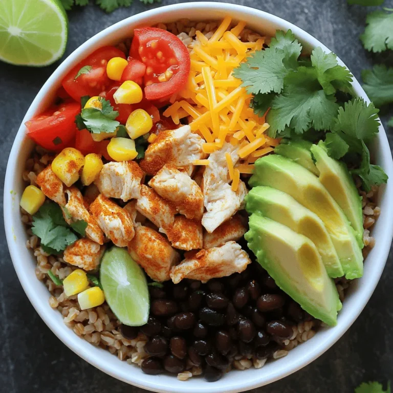 - 1 lb boneless, skinless chicken breasts, diced - 2 cups cooked brown rice - 1 cup black beans, drained and rinsed - 1 cup corn (fresh or frozen) - 1 medium tomato, diced - 1 avocado, sliced The chicken is the star here. I prefer boneless, skinless chicken breasts for their ease. They cook fast and are tender. Dice them into small pieces for even cooking. Brown rice adds fiber and nice texture. If you want, you can use white rice too. Black beans and corn bring a sweet, hearty touch to the dish. Fresh tomatoes and avocado add color and creaminess. - 1 tablespoon olive oil - 1 teaspoon cumin - 1 teaspoon chili powder - 1 teaspoon garlic powder - Salt and pepper to taste Spices make the burrito bowls come alive. I start with olive oil to cook the chicken. Cumin gives a warm, earthy taste. Chili powder adds a bit of heat, while garlic powder adds depth. A sprinkle of salt and pepper enhances all the flavors. - 1/2 cup shredded cheese (cheddar or taco blend) - 1/4 cup fresh cilantro, chopped - 1 lime, cut into wedges Don’t skip the toppings! Shredded cheese melts nicely over the warm chicken. I love using a taco blend for extra flavor. Fresh cilantro adds brightness. Squeeze fresh lime over everything for a zesty finish that brightens up the dish. For the full recipe, check out the [Full Recipe]. First, grab a large skillet. Pour in one tablespoon of olive oil. Heat the oil over medium heat. Once hot, add one pound of diced chicken breasts. Now, let’s add some flavor! Sprinkle one teaspoon each of cumin, chili powder, and garlic powder over the chicken. Don’t forget to add salt and pepper to taste. Cook the chicken for about six to eight minutes. Stir occasionally. You want it to turn golden brown and be fully cooked. While the chicken cooks, it’s time to prepare the brown rice. If you don’t have it cooked yet, just follow the package instructions. You’ll need two cups of cooked brown rice for this recipe. This step is simple, but it gives the bowl a great base. Once the chicken is ready, reduce the heat. Add one cup of black beans and one cup of corn to the skillet. Stir everything together and heat for another two to three minutes. Now for the fun part! Grab your bowls. Place a portion of brown rice at the bottom of each one. Spoon the chicken mixture over the rice. Next, add diced tomatoes and sliced avocado on top. Finish it off with some shredded cheese and a sprinkle of fresh cilantro. Don’t forget the lime wedges! Serve them on the side for a zesty squeeze. For the full recipe, check out the detailed instructions. To ensure your chicken is cooked through, always check the internal temperature. It should reach 165°F. Use a meat thermometer for the best results. Cook the chicken for about 6-8 minutes. Stir it often to get an even golden brown color. For flavor enhancements, don't be afraid to add extras. Consider adding fresh lime juice while cooking for a zesty kick. Try marinating the chicken in spices for an hour before cooking. This will add depth to the taste and make it more juicy. Pair your burrito bowls with sides for a complete meal. Chips and salsa are a great choice. A fresh side salad can add crunch and color. You can also serve with guacamole for extra creaminess. For presentation ideas, use clear bowls to show off the layers. Arrange each ingredient in sections for a colorful look. Add a sprinkle of cilantro on top for a fresh pop of color. A wedge of lime on the side adds a nice touch. To make it kid-friendly, consider simple swaps. Use plain cheese instead of a blend if your kids are picky. Swap diced tomatoes for mild salsa for some added flavor. You can also use less spice in the chicken seasoning. If your kids prefer, serve the ingredients separately. Let them build their own burrito bowls. This way, they can choose what they like. Making it fun can help them try new foods! {{image_2}} You can switch up the protein in your burrito bowls for fun. Try using ground turkey instead of chicken for a leaner option. Turkey cooks fast and tastes great with the spices. If you want a meatless meal, swap the chicken for tofu. Firm tofu absorbs flavors well. Just press it first to remove water and then cube it. Both options keep the dish tasty and satisfying. Rice is great, but you can change it up! Quinoa is a smart choice. It’s high in protein and has a nice nutty taste. Just cook it like rice. If you’re looking for a low-carb option, use cauliflower rice. Simply pulse cauliflower florets in a food processor until they look like rice. Sauté it lightly for a fresh, veggie-packed base. Want to kick up the flavor? Add hot sauce to your chicken while it cooks. This gives it a spicy kick. You can also mix in different spices. Try paprika for a smoky taste or oregano for a fresh, herbal note. Experimenting with flavors can make each bowl unique and exciting. For the full recipe, check out Easy Chicken Burrito Bowls . After enjoying your meal, store leftovers right away. Let the food cool first. Place the chicken burrito bowl in an airtight container. This keeps it fresh and safe. You can store it in the fridge for up to three days. Use clear containers. This helps you see what’s inside. When reheating, use the microwave for quick results. Place your bowl in the microwave for about two minutes. Stir halfway through to heat evenly. If you want to keep the flavor, add a splash of water. This will help it stay moist. You can also reheat on the stove. Place the mixture in a pan over low heat. Stir often until warmed through. Want to save some for later? You can freeze the chicken burrito bowls! Pack them in freezer-safe containers. Make sure to leave some space for expansion. You can freeze them for up to three months. To thaw, move the bowl to the fridge overnight. Reheat as mentioned above. This way, you’ll enjoy the same great flavors later. Yes, you can prep this meal in advance. Cook the chicken, rice, and veggies. Store them separately in airtight containers. This way, you can mix and heat them when ready to eat. To reheat, place the bowl in the microwave for 1-2 minutes. Stir halfway through to heat evenly. You can also use a skillet on medium heat for a few minutes, stirring often. You can use turkey or tofu for a different protein. Grilled shrimp or beans work well too. Just adjust the cooking time based on what you choose. Leftovers last about 3-4 days in the fridge. Make sure to store them in airtight containers. Always check for any signs of spoilage before eating. Yes, you can serve the burrito bowls cold. They make a great salad-like dish. Just add some extra lime juice for fresh flavor. Enjoy it on a hot day! This article covered how to make tasty burrito bowls. We looked at the main ingredients like chicken, rice, and veggies. Spices like cumin and chili powder add great flavor. Cooking tips help ensure your meal is delicious and fun for kids. You can also try different proteins or grains for variety. Remember, store leftovers properly to enjoy later. With these steps and ideas, you can create a meal everyone will love. Enjoy your cooking adventure!