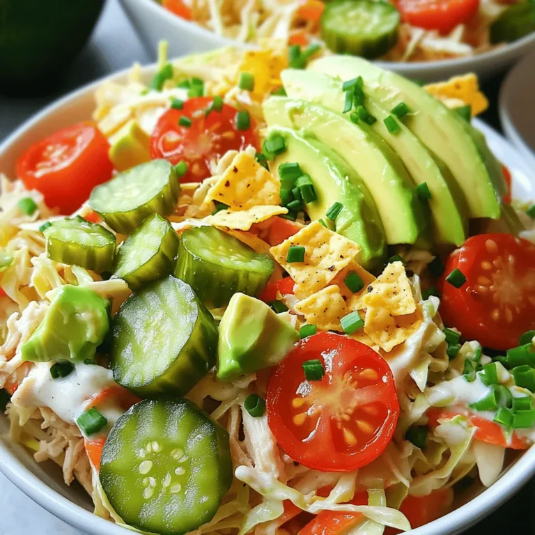 - 2 cups shredded rotisserie chicken - 1 cup buttermilk ranch dressing - 1 tablespoon dill pickle juice - 1 teaspoon garlic powder - 1/2 teaspoon onion powder - 4 cups coleslaw mix (cabbage and carrots) - 1 cup diced pickles - 1/2 cup cherry tomatoes, halved - 1 avocado, sliced - 1/4 cup fresh chives, chopped - Salt and pepper to taste - Optional: Tortilla chips for crunch To create Pickle Ranch Chicken Slaw Bowls, gather these ingredients. The rotisserie chicken makes it easy and tasty. The buttermilk ranch dressing adds creaminess. Dill pickle juice gives a tangy twist. Garlic and onion powders boost the flavor. The coleslaw mix adds crunch, and pickles add more zing. Cherry tomatoes give color and sweetness. The avocado adds creaminess, while fresh chives add a pop of flavor. Salt and pepper round out the taste. If you want a crunch, add tortilla chips. Make sure to check out the Full Recipe for detailed instructions. Enjoy preparing your bowls! - Step 1: Whisk together dressing ingredients Start by grabbing a large mixing bowl. Add the buttermilk ranch dressing, dill pickle juice, garlic powder, onion powder, and a pinch of salt and pepper. Whisk these ingredients together until they are smooth and well combined. This dressing brings a tangy kick to your chicken slaw bowls. - Step 2: Marinate the shredded chicken Next, take your shredded rotisserie chicken and add it to the dressing mixture. Stir well to coat all the chicken pieces evenly. Let it sit for at least 15 minutes. The longer it marinates, the more flavor it absorbs. - Step 3: Combine coleslaw mix and vegetables In a separate bowl, mix the coleslaw mix, diced pickles, and halved cherry tomatoes. Toss these ingredients until they are well mixed. This colorful mix adds freshness and crunch to your dish. - Step 4: Layer the coleslaw mixture To build your bowls, start with a generous handful of the coleslaw mixture. Place it at the bottom of each serving bowl. This creates a great base for all the tasty toppings. - Step 5: Top with pickle ranch chicken Now, take a portion of the marinated pickle ranch chicken and place it on top of the coleslaw. The chicken is flavorful and makes this dish hearty. - Step 6: Add avocado and chives, and optional chips Next, slice your avocado and arrange it on top of the chicken. Then sprinkle fresh chives for added flavor and a pop of color. If you like a crunch, add some crushed tortilla chips on top. They give a nice texture and extra flavor to your bowls. For the full recipe, check out the detailed instructions and serving sizes! To make this dish even better, try using homemade ranch dressing. It gives a fresh taste that store-bought just can't match. You can also add extra herbs or spices. Dill, parsley, or even a pinch of cayenne can add a fun twist. For quick prep, use store-bought coleslaw mix. It saves time and effort. You can also prepare some parts in advance. Marinate the chicken ahead of time for easy assembly later. These bowls pair well with crusty bread. A side of fruit salad adds sweetness and freshness. You can also serve with tortilla chips for a nice crunch. Each bite will be full of flavor and texture. {{image_2}} You can switch out shredded chicken for other proteins. Turkey is a great option. It has a similar flavor and texture. Tofu works well too if you want a plant-based meal. Just make sure to press the tofu to remove excess water. For a seafood twist, use grilled shrimp. Shrimp adds a nice flavor and cooks fast. Dressings can change everything! Try using Greek yogurt dressing instead of buttermilk ranch. It’s creamy and adds a tangy touch. If you like heat, add sriracha to your dressing. This spicy kick brings a whole new level of flavor. Using seasonal ingredients makes the dish even better. Fresh vegetables enhance the taste and color. You can swap green cabbage for red cabbage. Red cabbage not only looks pretty but also adds crunch. You can also add seasonal veggies like corn or bell peppers for extra freshness. After enjoying your Pickle Ranch Chicken Slaw Bowls, store any leftovers in an airtight container. This keeps them fresh and tasty. Try to eat them within three days for the best flavor. If you leave them too long, the slaw may get soggy. If you want to save your chicken slaw bowls for later, freezing is a great option. To freeze, pack the chicken and slaw separately. This prevents the slaw from losing its crunch. When you’re ready to eat, thaw the chicken in the fridge overnight. Then, reheat it in a microwave or on the stove until warm. Add the slaw fresh for a crisp bite. Yes, you can make these bowls ahead of time. Prepare the chicken and slaw mixture. Store them separately in the fridge. This helps keep the slaw fresh and crunchy. You can assemble the bowls just before serving. If you don't have buttermilk ranch dressing, you can use Greek yogurt. Mix it with a bit of milk and some ranch seasoning. You can also try a vinaigrette or a dairy-free ranch for a lighter option. To make this recipe gluten-free, check all the ingredients. Ensure the ranch dressing and any toppings are gluten-free. Most dressings are, but it’s good to verify. You can use gluten-free tortilla chips for added crunch. You can top your bowls with sliced jalapeños for heat. Crumbled feta or shredded cheese adds creaminess. Fresh herbs like cilantro or parsley can brighten the dish. You might even try roasted nuts for some extra texture. For the full recipe, check the earlier section! This blog post has shown how to create tasty Pickle Ranch Chicken Slaw Bowls. You learned the ingredients, steps, and tips to enhance the dish. Feel free to try other proteins and dressings for new flavors. Remember to store leftovers carefully for the best taste. Enjoy making this simple meal. It’s fresh and fun, and you can make it your own!