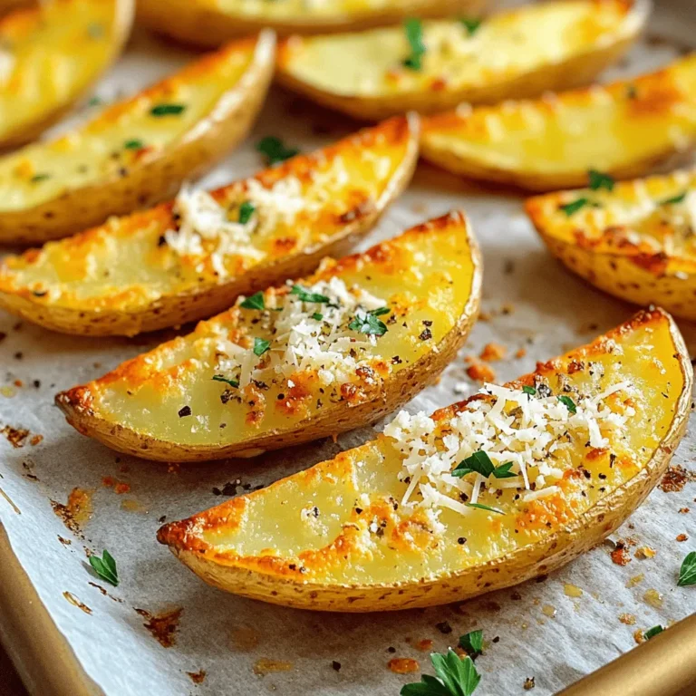 - 4 large russet potatoes - 4 tablespoons olive oil - 4 cloves garlic, minced - 1 teaspoon garlic powder - 1 teaspoon dried oregano - 1 teaspoon paprika - ½ teaspoon salt - ½ teaspoon black pepper - ½ cup grated Parmesan cheese - Fresh parsley, chopped (for garnish) - Each serving has about 220 calories. - Contains 10 grams of fat, 30 grams of carbs, and 4 grams of protein. - Contains potential allergens like dairy and garlic. Garlic Parmesan Potato Wedges are a tasty treat. You get crispy outside and soft inside. The russet potatoes give a great base. Olive oil adds richness. Garlic brings bold flavor. Each ingredient plays a role. Fresh garlic adds a punch. Garlic powder gives more depth. Oregano offers a hint of earthiness. Paprika gives a mild warmth. Salt and pepper enhance all the flavors. Parmesan cheese creates a savory crust on top. The fresh parsley adds a pop of color. It also gives a fresh taste. When making these wedges, you focus on quality. Use fresh ingredients for the best taste. Always check for allergens if you serve these to guests. For the full recipe, refer to the section above. Enjoy crafting this delicious dish! 1. Preheat your oven to 425°F (220°C). Line a baking sheet with parchment paper. 2. Wash and scrub 4 large russet potatoes well. Cut each potato into wedges, about 8 per potato. 1. In a large bowl, mix together 4 tablespoons of olive oil, 4 minced garlic cloves, 1 teaspoon of garlic powder, 1 teaspoon of dried oregano, 1 teaspoon of paprika, ½ teaspoon salt, and ½ teaspoon black pepper. Make sure it is well combined. 2. Add the potato wedges to the bowl. Toss them in the garlic-olive oil mixture until they are evenly coated. 1. Spread the coated potato wedges in a single layer on the prepared baking sheet. 2. Bake for about 25-30 minutes. Flip the wedges halfway through for even cooking. Look for a golden brown color and crispy texture. 3. Once baked, take the wedges out of the oven. Immediately sprinkle ½ cup of grated Parmesan cheese over the hot wedges. Return them to the oven for 5 more minutes. This will let the cheese melt and crisp up. Enjoy your Garlic Parmesan Potato Wedges! For the complete recipe, check out the Full Recipe section. To make your potato wedges crispy, space is key. Place the wedges apart on the baking sheet. This allows hot air to circulate around each piece. If the wedges touch, they will steam instead of crisping. Preheating the oven is also important. Heat it to 425°F (220°C) before you bake. A hot oven helps the potatoes cook evenly and become golden brown. You can enhance the flavor of your wedges with other spices. Consider adding smoked paprika or chili powder for a kick. Fresh herbs like rosemary or thyme can also work well. Adjust the salt and pepper to fit your taste. A dash more salt can make the flavors pop even more. If you want to change things up, try different cheese options. Cheddar or feta can add unique flavors. You can also use sweet potatoes instead of russet potatoes for a twist. They will still get crispy and taste great. Each option gives a new spin on the classic Garlic Parmesan Potato Wedges. For the full recipe, check out the recipe section above. {{image_2}} You can make your potato wedges even better by adding toppings. Try crispy bacon bits for a salty crunch. A dollop of sour cream adds a creamy touch. You can also sprinkle some green onions for freshness. Mix and match your favorite toppings to create your perfect loaded wedge. For those who love heat, spicy garlic parmesan wedges are a great twist. Add red pepper flakes to the garlic mix for a kick. You can also drizzle some hot sauce on top after baking. This adds a bold flavor that pairs nicely with the garlic and parmesan. Adjust the spice level to suit your taste. You can still enjoy garlic parmesan wedges without dairy. Use vegan cheese alternatives instead of parmesan. Nutritional yeast is a great choice for a cheesy flavor. Look for dairy-free cheeses that melt well. This way, everyone can enjoy these tasty wedges, regardless of their diet. For the full recipe, check out the details above. To keep your Garlic Parmesan Potato Wedges fresh, use airtight containers. Glass or plastic containers work well. Make sure the wedges cool down before sealing them. Store them in the fridge for up to three days. This way, they stay tasty for your next snack or meal. When it comes to reheating, the oven is best. Preheat your oven to 400°F (200°C). Spread the wedges on a baking sheet. Bake for about 10-15 minutes until they are hot and crispy again. This method helps maintain their crunch. If you use a microwave, the wedges may turn soft. To use the microwave, place them on a plate and cover them with a damp paper towel. Heat in 30-second intervals until warm. You can freeze Garlic Parmesan Potato Wedges, but it is best to freeze them before baking. Spread the raw wedges on a baking sheet and freeze them for about an hour. Once frozen, transfer them to a freezer bag or container. They can last up to three months in the freezer. To thaw, move the bag to the fridge overnight. When ready to cook, bake them straight from the freezer. Just add a few extra minutes to the baking time. Enjoy your delicious Garlic Parmesan Potato Wedges anytime! For the full recipe, check out the section above. Garlic Parmesan Potato Wedges can last up to 3 days in the fridge. Store them in an airtight container. Make sure they cool down before sealing. This keeps them fresh and tasty. If you want to enjoy them later, try to eat them within this time. The longer they sit, the less crispy they become. Yes, you can make these wedges in an air fryer! Preheat your air fryer to 400°F (200°C). Toss the potato wedges in the same garlic-olive oil mix. Arrange them in a single layer in the air fryer basket. Cook for about 15-20 minutes, shaking the basket halfway through. When they turn golden brown and crispy, sprinkle on the Parmesan cheese. Cook for another 3-5 minutes to melt the cheese. You have many options for dipping sauces! Some popular choices include: - Ranch dressing - Ketchup - Garlic aioli - Spicy mayo - Barbecue sauce These sauces add an extra layer of flavor. Feel free to experiment with your favorites! Pairing sauces can make your Garlic Parmesan Potato Wedges even more fun to eat. We covered everything you need for tasty Garlic Parmesan Potato Wedges. You learned the key ingredients, easy steps to make them, and tips for great flavor. Remember, you can add toppings or adjust spices to make them unique. Whether for dinner or a snack, these wedges are sure to please. Store leftovers well and enjoy tasty bites later. With these tips, you can create a perfect side dish every time. Try them out and savor the deliciousness!