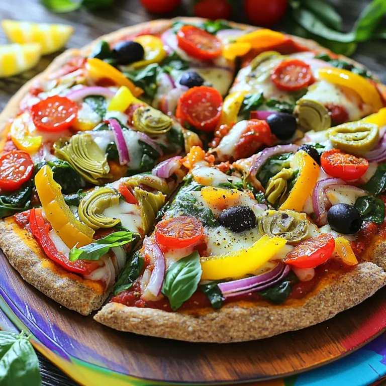 To make a great Rainbow Veggie Pizza, you need a few key items: - 1 pre-made whole wheat pizza crust - 1/2 cup pizza sauce - 1 cup shredded mozzarella cheese The colors of the veggies make this pizza a feast for your eyes. Here’s what you will need: - 1/2 cup bell peppers (red, yellow, and green), sliced - 1/2 cup cherry tomatoes, halved - 1/2 cup red onion, thinly sliced - 1/2 cup fresh spinach - 1/4 cup black olives, sliced - 1/4 cup artichoke hearts, chopped A little seasoning goes a long way. You should gather: - 1 teaspoon dried oregano - Salt and pepper to taste - 1 tablespoon olive oil With these ingredients, you can create a colorful and tasty delight. The full recipe will guide you through the steps to make this pizza shine. First, preheat your oven to 475°F (245°C). This high heat helps get that crispy crust. Next, take your pre-made whole wheat pizza crust and place it on a baking sheet or pizza stone. Spread the pizza sauce evenly over the crust, leaving a little edge for the crust. This will keep the sauce from bubbling over while baking. Now, it’s time to add flavor and color. Start by sprinkling the shredded mozzarella cheese generously over the sauce. This will help hold the veggies in place. Next, arrange the sliced bell peppers, cherry tomatoes, and red onion in overlapping circles on top of the cheese. This is where the rainbow effect happens! Top it off with fresh spinach, black olives, and artichoke hearts for extra taste. Bake the pizza in your preheated oven for 12 to 15 minutes. Keep an eye on it! You want the cheese to be bubbly, and the crust to turn golden brown. For the perfect crust, avoid opening the oven door too often. This keeps the heat in and helps the pizza cook evenly. Enjoy the smell as it bakes! For the full experience, check out the Full Recipe for more detailed steps and tips. To make a great crust, start by preheating your oven to 475°F (245°C). This high heat is key for a crispy crust. Use a pre-made whole wheat pizza crust for ease and a healthier option. To prevent sogginess, avoid overloading the pizza with sauce and toppings. Keep a small border around the edge. If you want to try something different, consider a cauliflower or gluten-free crust. These options can cater to various diets while still being delicious. Adding herbs and spices can boost the flavor of your pizza. I love using dried oregano, but you can also try basil or thyme for a fresh taste. Cheese is another area to experiment. While mozzarella is a classic choice, you could mix in goat cheese or feta for a tangy twist. Adding some crushed red pepper flakes can give it a nice kick. A colorful pizza deserves a colorful presentation. Cut the pizza into vibrant wedges and serve it on a bright platter. This makes it more inviting. For garnishing, fresh basil leaves add a pop of green and flavor. If you like heat, sprinkle some chili flakes on top before serving. These simple touches make your Rainbow Veggie Pizza look as good as it tastes. {{image_2}} You can make your Rainbow Veggie Pizza even better by using seasonal veggies. Fresh produce gives your pizza a bright look and a great taste. Try adding zucchini, squash, or eggplant in summer, or root veggies like carrots and beets in winter. If you need a gluten-free option, many stores sell gluten-free pizza crusts. You can also make your own using cauliflower or almond flour. These options keep the pizza tasty while meeting dietary needs. Adding protein can make your pizza more filling. Grilled chicken is a classic choice. It adds a nice smoky flavor. For a vegetarian version, tofu works well too. Just grill or sauté the tofu before adding it to your pizza. If you want plant-based proteins, try chickpeas or lentils. They add texture and taste. You can also look for meat substitutes that match your favorite flavors. Switching up your pizza sauce can create new tastes. Instead of traditional tomato sauce, try pesto or Alfredo sauce. Pesto gives a fresh herbal flavor, while Alfredo adds creaminess. For those who want cheese alternatives, there are many options. Nutritional yeast can give a cheesy flavor without dairy. There are also vegan cheese brands that melt well. These options help cater to various diets while keeping your pizza delicious. For the full recipe, check out the Rainbow Veggie Pizza section above. To keep your rainbow veggie pizza fresh, store it in the fridge. Wrap the pizza slices in plastic wrap or place them in an airtight container. This helps prevent the pizza from drying out or absorbing smells from the fridge. When you're ready to eat, reheat the slices in the oven at 350°F (175°C) for 10 minutes. This method keeps the crust crispy and the cheese gooey. If you want to save some pizza for later, freezing works well. Cut the pizza into individual slices. Wrap each slice in plastic wrap and then place them in a freezer bag. This way, they stay fresh and tasty. When you want to enjoy a slice, take it out and thaw it in the fridge overnight. To reheat, place it in the oven at 350°F (175°C) for about 15 minutes. You can store leftover rainbow veggie pizza in the fridge for up to three days. If frozen, it can last for up to two months. Check for signs that the pizza has gone bad, like a sour smell or mold. If you see any of these signs, it’s best to throw it away. Enjoy your pizza while it's fresh for the best flavor and texture! If you want a healthy base for your pizza, try these options: - Cauliflower crust: This is low in carbs and gluten-free. - Zucchini crust: A tasty way to add veggies to your meal. - Chickpea flatbread: Full of protein and flavor. - Portobello mushrooms: Great for a personal-sized pizza. - Polenta base: Creamy and filling, a nice twist. Each option offers a different taste and texture. Choose what you like best! To make your rainbow veggie pizza vegan, you can swap out dairy ingredients. Here are some tips: - Use vegan cheese: Brands like Daiya or Violife melt well. - Try a nut-based cheese: Cashew cheese adds a creamy texture. - Replace pizza sauce with a homemade veggie spread: Blend tomatoes, garlic, and herbs. - Add nutritional yeast: It gives a cheesy flavor without dairy. These swaps keep your pizza flavorful and plant-based. Yes, you can prepare your rainbow veggie pizza ahead of time! Here’s how: - Prep the crust and toppings: Assemble everything but the cheese. - Store: Wrap your pizza well in plastic wrap and place it in the fridge. - Reheat: When you’re ready to eat, add cheese and bake as usual. This way, you save time during busy days, and you still get a hot, fresh pizza! Rainbow veggie pizza is fun and healthy. You learn about the key ingredients, tasty veggie toppings, and tips for a perfect bake. I shared ideas for variations, storage, and meal prep. This pizza is easy to make and pleasing to the eye. You can explore new flavors by changing toppings or sauces. Enjoy making and sharing your colorful pizza creations!