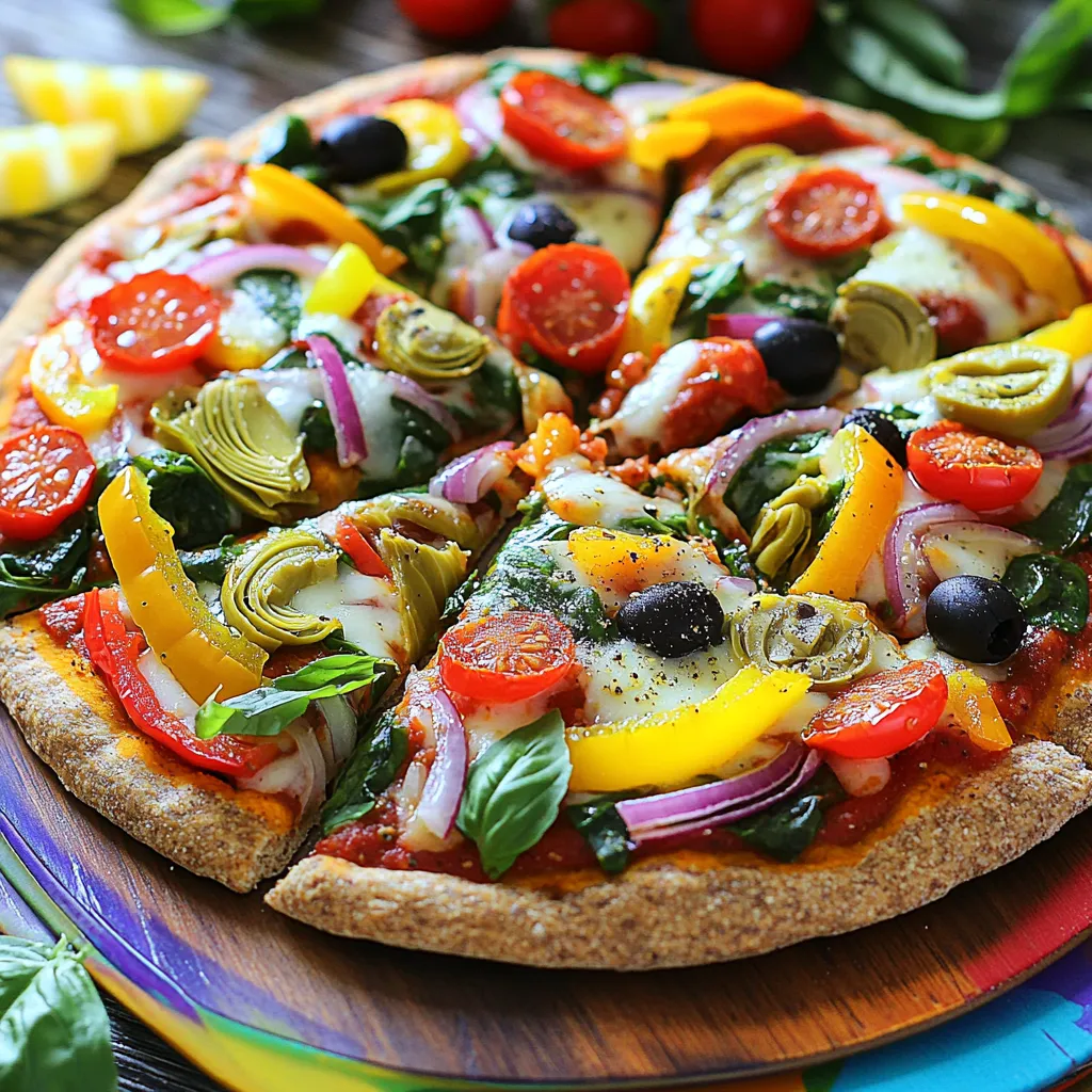 To make a great Rainbow Veggie Pizza, you need a few key items: - 1 pre-made whole wheat pizza crust - 1/2 cup pizza sauce - 1 cup shredded mozzarella cheese The colors of the veggies make this pizza a feast for your eyes. Here’s what you will need: - 1/2 cup bell peppers (red, yellow, and green), sliced - 1/2 cup cherry tomatoes, halved - 1/2 cup red onion, thinly sliced - 1/2 cup fresh spinach - 1/4 cup black olives, sliced - 1/4 cup artichoke hearts, chopped A little seasoning goes a long way. You should gather: - 1 teaspoon dried oregano - Salt and pepper to taste - 1 tablespoon olive oil With these ingredients, you can create a colorful and tasty delight. The full recipe will guide you through the steps to make this pizza shine. First, preheat your oven to 475°F (245°C). This high heat helps get that crispy crust. Next, take your pre-made whole wheat pizza crust and place it on a baking sheet or pizza stone. Spread the pizza sauce evenly over the crust, leaving a little edge for the crust. This will keep the sauce from bubbling over while baking. Now, it’s time to add flavor and color. Start by sprinkling the shredded mozzarella cheese generously over the sauce. This will help hold the veggies in place. Next, arrange the sliced bell peppers, cherry tomatoes, and red onion in overlapping circles on top of the cheese. This is where the rainbow effect happens! Top it off with fresh spinach, black olives, and artichoke hearts for extra taste. Bake the pizza in your preheated oven for 12 to 15 minutes. Keep an eye on it! You want the cheese to be bubbly, and the crust to turn golden brown. For the perfect crust, avoid opening the oven door too often. This keeps the heat in and helps the pizza cook evenly. Enjoy the smell as it bakes! For the full experience, check out the Full Recipe for more detailed steps and tips. To make a great crust, start by preheating your oven to 475°F (245°C). This high heat is key for a crispy crust. Use a pre-made whole wheat pizza crust for ease and a healthier option. To prevent sogginess, avoid overloading the pizza with sauce and toppings. Keep a small border around the edge. If you want to try something different, consider a cauliflower or gluten-free crust. These options can cater to various diets while still being delicious. Adding herbs and spices can boost the flavor of your pizza. I love using dried oregano, but you can also try basil or thyme for a fresh taste. Cheese is another area to experiment. While mozzarella is a classic choice, you could mix in goat cheese or feta for a tangy twist. Adding some crushed red pepper flakes can give it a nice kick. A colorful pizza deserves a colorful presentation. Cut the pizza into vibrant wedges and serve it on a bright platter. This makes it more inviting. For garnishing, fresh basil leaves add a pop of green and flavor. If you like heat, sprinkle some chili flakes on top before serving. These simple touches make your Rainbow Veggie Pizza look as good as it tastes. {{image_2}} You can make your Rainbow Veggie Pizza even better by using seasonal veggies. Fresh produce gives your pizza a bright look and a great taste. Try adding zucchini, squash, or eggplant in summer, or root veggies like carrots and beets in winter. If you need a gluten-free option, many stores sell gluten-free pizza crusts. You can also make your own using cauliflower or almond flour. These options keep the pizza tasty while meeting dietary needs. Adding protein can make your pizza more filling. Grilled chicken is a classic choice. It adds a nice smoky flavor. For a vegetarian version, tofu works well too. Just grill or sauté the tofu before adding it to your pizza. If you want plant-based proteins, try chickpeas or lentils. They add texture and taste. You can also look for meat substitutes that match your favorite flavors. Switching up your pizza sauce can create new tastes. Instead of traditional tomato sauce, try pesto or Alfredo sauce. Pesto gives a fresh herbal flavor, while Alfredo adds creaminess. For those who want cheese alternatives, there are many options. Nutritional yeast can give a cheesy flavor without dairy. There are also vegan cheese brands that melt well. These options help cater to various diets while keeping your pizza delicious. For the full recipe, check out the Rainbow Veggie Pizza section above. To keep your rainbow veggie pizza fresh, store it in the fridge. Wrap the pizza slices in plastic wrap or place them in an airtight container. This helps prevent the pizza from drying out or absorbing smells from the fridge. When you're ready to eat, reheat the slices in the oven at 350°F (175°C) for 10 minutes. This method keeps the crust crispy and the cheese gooey. If you want to save some pizza for later, freezing works well. Cut the pizza into individual slices. Wrap each slice in plastic wrap and then place them in a freezer bag. This way, they stay fresh and tasty. When you want to enjoy a slice, take it out and thaw it in the fridge overnight. To reheat, place it in the oven at 350°F (175°C) for about 15 minutes. You can store leftover rainbow veggie pizza in the fridge for up to three days. If frozen, it can last for up to two months. Check for signs that the pizza has gone bad, like a sour smell or mold. If you see any of these signs, it’s best to throw it away. Enjoy your pizza while it's fresh for the best flavor and texture! If you want a healthy base for your pizza, try these options: - Cauliflower crust: This is low in carbs and gluten-free. - Zucchini crust: A tasty way to add veggies to your meal. - Chickpea flatbread: Full of protein and flavor. - Portobello mushrooms: Great for a personal-sized pizza. - Polenta base: Creamy and filling, a nice twist. Each option offers a different taste and texture. Choose what you like best! To make your rainbow veggie pizza vegan, you can swap out dairy ingredients. Here are some tips: - Use vegan cheese: Brands like Daiya or Violife melt well. - Try a nut-based cheese: Cashew cheese adds a creamy texture. - Replace pizza sauce with a homemade veggie spread: Blend tomatoes, garlic, and herbs. - Add nutritional yeast: It gives a cheesy flavor without dairy. These swaps keep your pizza flavorful and plant-based. Yes, you can prepare your rainbow veggie pizza ahead of time! Here’s how: - Prep the crust and toppings: Assemble everything but the cheese. - Store: Wrap your pizza well in plastic wrap and place it in the fridge. - Reheat: When you’re ready to eat, add cheese and bake as usual. This way, you save time during busy days, and you still get a hot, fresh pizza! Rainbow veggie pizza is fun and healthy. You learn about the key ingredients, tasty veggie toppings, and tips for a perfect bake. I shared ideas for variations, storage, and meal prep. This pizza is easy to make and pleasing to the eye. You can explore new flavors by changing toppings or sauces. Enjoy making and sharing your colorful pizza creations!