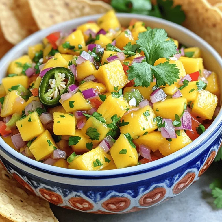 - 2 ripe mangoes, diced - 1 small red onion, finely chopped - 1 red bell pepper, finely diced - 1 jalapeño, seeded and minced - 1/4 cup fresh cilantro, chopped - 2 tablespoons lime juice - 1 tablespoon honey (optional) - Salt and pepper to taste Selecting the perfect mango: Look for mangoes that yield slightly to pressure. They should have a sweet aroma. A bright skin color also hints at ripeness. Choosing the right onion for optimal flavor: Use a small red onion for its mild taste. This onion adds a nice crunch without overpowering the salsa. Adjusting spice level with jalapeño: For more heat, keep the seeds in the jalapeño. If you prefer less spice, remove them completely. You can also use a milder pepper if desired. These ingredients come together to create a vibrant, fresh salsa. For the full recipe, check out the Sweet and Spicy Mango Salsa . Enjoy making this delicious treat! 1. Peeling and dicing the mango Start by peeling the ripe mangoes. Use a sharp knife to cut off the skin. Then, slice the mango around the pit. Cut the mango into small, even pieces. This helps the salsa mix well. 2. Chopping the onion and bell pepper Next, take the small red onion. Finely chop it into tiny pieces. This adds a nice crunch. Then, chop the red bell pepper the same way. The bell pepper gives color and sweetness to the salsa. 3. Mince the jalapeño Now, grab the jalapeño. Cut it in half and remove the seeds. This step helps control spiciness. Mince the jalapeño into small bits. Adjust the amount based on how spicy you like it. 1. Combining the mango, onion, and bell pepper In a medium mixing bowl, add the diced mango, chopped onion, and bell pepper. This mix creates a fresh flavor base for your salsa. 2. Adding the jalapeño and cilantro Stir in the minced jalapeño and the chopped cilantro. The cilantro adds a bright flavor. Make sure to mix gently so you don’t mash the mango. 3. Pouring in lime juice and seasoning Drizzle lime juice over the mixture. This adds a zesty punch. Then, sprinkle salt and pepper to taste. Mix everything together until well combined. 1. Gently mixing to avoid mashing Use a spatula to mix the salsa gently. This keeps the mango pieces intact. You want that fresh texture in every bite. 2. Allowing the salsa to sit for flavor melding Let the salsa sit for at least 15 minutes. This time allows the flavors to meld together. You’ll notice how tasty it becomes! 3. Serving immediately or refrigerating You can serve the salsa right away. If you want, refrigerate it for later. It tastes great chilled, too! For the full recipe, check out the details above. To make sweet and spicy mango salsa shine, you want to balance the flavors. Start by adjusting sweetness with honey. If your mangoes are not very sweet, add a tablespoon of honey. This step makes a big difference. Lime juice is key too. It adds tanginess and brightens up the salsa. Use two tablespoons for the best flavor. Don’t forget to season! A pinch of salt and pepper enhances all the other tastes. Serving your salsa in colorful bowls makes it pop. Choose bright, fun dishes to draw the eye. Garnish with fresh cilantro on top. This adds a nice touch and a burst of color. Now, think about what to serve with it. Tortilla chips are classic. You can also pair it with grilled meats for a tasty meal. Avoid over-mashing the mango. You want chunks, not mush! This keeps the salsa fresh and vibrant. Skipping marinating time is another mistake. Letting it sit for at least 15 minutes helps the flavors blend well. Lastly, always adjust the salsa for your taste. If you love more spice, add more jalapeño. If you prefer less sweetness, cut back on the honey. {{image_2}} You can make your mango salsa even more exciting with tropical fruit. Pineapple adds a bright, juicy bite that works great with mango. Just chop some fresh pineapple into small pieces and mix it in. Papaya is another fun choice. Its soft texture adds a new layer of flavor. Simply dice it and fold it into the salsa. Adding avocado brings creaminess to the salsa. This makes it richer and more filling. Just peel, pit, and dice a ripe avocado and mix it in gently. The smoothness pairs well with the sweetness of the mango. If you like spice, change up the peppers you use. Swap jalapeños for serranos for more heat. They pack a punch and keep the flavor fresh. You can also add diced fresh hot peppers to boost the heat. If you prefer a milder salsa, use fewer peppers. Chili flakes are another option. Sprinkle them in for a quick heat boost. Start with a little and taste test as you go. Adjust to find the perfect balance for your taste. Sweeteners can change the flavor of your salsa. Instead of honey, try agave syrup. It offers a different sweetness with a hint of flavor. If you want a tangy salsa, you can skip sweeteners altogether. The lime juice will add brightness without the sweetness. This makes for a refreshing and zesty option. For more ideas, check out the Full Recipe to explore these delicious variations! To keep your sweet and spicy mango salsa fresh, store it in airtight containers. This prevents air from spoiling the flavors. You can refrigerate it for up to 3 days. The taste will stay vibrant, but it’s best enjoyed fresh. If you want to keep it longer, you can freeze the salsa. First, use freezer-safe containers or bags. Make sure to remove as much air as possible. When you’re ready to use it, thaw it overnight in the fridge. Serve it cold for the best flavor. Watch for changes in smell and appearance. If it smells sour or looks discolored, it’s time to discard the salsa. Always trust your senses when it comes to food safety. Enjoy the full recipe for more tips! Yes, you can make this salsa ahead of time. Marinating improves the flavor. When you let the salsa sit, the tastes blend better. I recommend making it a few hours before serving. You can store it in the fridge for up to three days. Just keep it in an airtight container. Sweet and spicy mango salsa goes well with many dishes. Here are some great pairings: - Grilled chicken or fish - Tacos, especially fish or shrimp - Tortilla chips for a tasty snack You can also use it on salads or as a topping for sandwiches. Get creative and enjoy! If you want less sweetness, you can change a few things. Try omitting the honey for a more natural taste. You can also add more lime juice. This will give the salsa a tangier flavor. For a savory twist, consider adding diced bell pepper or more onion. These changes balance the sweetness while keeping the salsa tasty. This blog post detailed the making of sweet and spicy mango salsa. You learned about the main and additional ingredients, preparation steps, and mixing methods. Tips for choosing the right ingredients and balancing flavors were shared. We explored variations for personalization and covered storage best practices. Finally, I answered common questions to aid your salsa-making journey. Remember, adjust the flavors to match your taste. Enjoy your fresh salsa with friends and family!