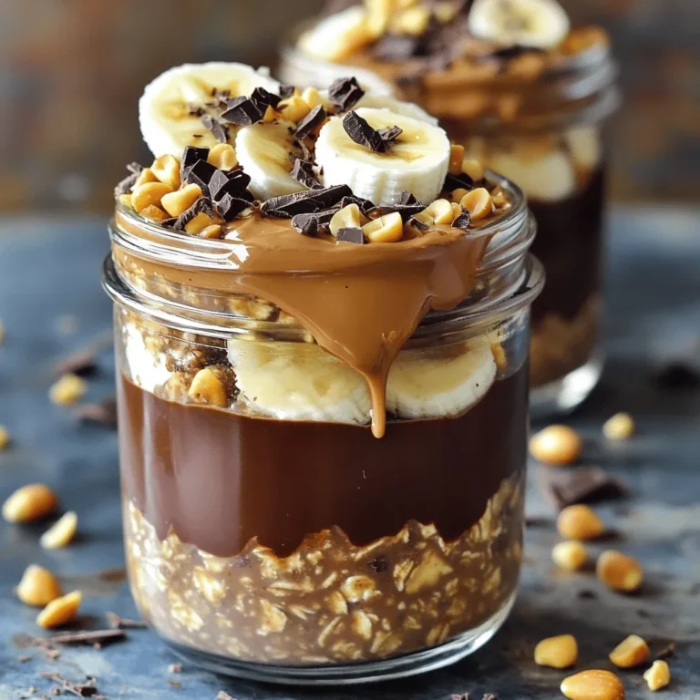 For this simple recipe, you need: - 1 cup rolled oats - 2 cups almond milk (or any milk of your choice) - 2 tablespoons peanut butter (natural, creamy) - 2 tablespoons cocoa powder (unsweetened) - 2 tablespoons maple syrup (or honey) - 1/2 teaspoon vanilla extract - A pinch of salt These ingredients come together to make a creamy and rich base. The rolled oats soak up the almond milk, creating a soft texture. The peanut butter adds a nutty flavor, while cocoa powder gives it that chocolate taste. You can customize your oats with these fun extras: - Sliced banana - Chopped peanuts - Dark chocolate shavings - Fresh berries - A drizzle of honey or maple syrup These toppings not only add flavor but also make your oats look pretty. You can switch them up based on what you like or have on hand. Here’s why these ingredients are good for you: - Rolled oats provide fiber. This helps keep you full and supports digestion. - Peanut butter is rich in protein and healthy fats. These nutrients fuel your body. - Cocoa powder is full of antioxidants. It can help improve heart health. - Maple syrup offers natural sweetness and contains minerals like zinc and manganese. By combining these ingredients, you create a breakfast that is not only tasty but also nutritious. You can find the complete instructions in the Full Recipe. To start, gather your ingredients. You will need rolled oats, almond milk, peanut butter, cocoa powder, maple syrup, vanilla, salt, banana, peanuts, and chocolate. In a medium bowl, mix together the rolled oats and almond milk. Then, add the peanut butter, cocoa powder, maple syrup, and a pinch of salt. Whisk all the ingredients well. Make sure the peanut butter blends in smoothly. You want a creamy texture. Once mixed, divide the oats into two jars. This recipe makes two servings. Seal the jars tightly. Put them in the fridge overnight. If you can’t wait, let them sit for at least four hours. Store your jars in the fridge to keep them fresh. They stay good for up to five days. When you're ready to eat, stir the oats. For a yummy topping, add sliced banana, chopped peanuts, and dark chocolate shavings. If you prefer, warm them in the microwave for one minute. Enjoy your tasty Peanut Butter Chocolate Overnight Oats! You can find the full recipe above. To make your overnight oats smooth, use rolled oats. They soak up the milk well. If you want a creamier mix, add more almond milk. Let the oats sit overnight. This will help them become soft and fluffy. Stir them again in the morning for a nice blend. You can also add a bit of yogurt for a creamier texture. If you need a vegan option, use maple syrup instead of honey. For a nut-free version, swap peanut butter with sunflower seed butter. You can also use oat milk instead of almond milk. This keeps the taste rich without nuts. Always check for allergies when you make substitutions. To make your oats even better, top them with fresh fruit. Sliced bananas or berries add a nice touch. You can also sprinkle cinnamon or a drizzle of honey on top. Try adding a few chocolate chips for a sweet twist. For a crunch, add granola or chopped nuts. Make each bowl a treat with these simple additions. {{image_2}} You can change the flavors of your peanut butter chocolate overnight oats. Try adding cinnamon for warmth. Mix in some chia seeds for a fun texture. You can also swap the cocoa powder with matcha for a green twist. Want fruity flavors? Add berries or diced apples. These changes keep breakfast exciting. Boost your oats with protein. Greek yogurt works great. It adds creaminess and a tangy taste. You can also stir in protein powder. This helps keep you full longer. For a nut-free option, consider using sunflower seed butter instead. Both add flavor and nutrients. Transform your oats into a dessert. Add chocolate chips for extra sweetness. You can also mix in some whipped cream on top. A drizzle of caramel sauce can make it feel indulgent. Try sprinkling crushed cookies for crunch. These sweet touches make your oats feel like a treat. For the full recipe, refer to the Peanut Butter Chocolate Dream Overnight Oats. You can store leftover overnight oats in the fridge. Seal them in airtight containers. This keeps them fresh and tasty. If you use jars, just put the lid on tightly. Overnight oats can last well in the fridge for a few days. I enjoy eating them for breakfast or snacks. Overnight oats stay good in the fridge for about 4 to 5 days. If you want to keep them longer, you can freeze them. Pour the oats into freezer-safe containers. Make sure to leave some space at the top since they expand when frozen. You can freeze them for up to 3 months. Just thaw them in the fridge before you eat. I recommend using glass jars or plastic containers. Glass jars are great because you can see the layers. They are also easy to clean. Plastic containers work well too and are lightweight. Choose containers with tight-fitting lids to keep air out. This helps keep your oats fresh. Yes, you can use quick oats. Quick oats cook faster than rolled oats. They absorb liquid quicker, which can change the texture. If you like a smoother consistency, quick oats work well. However, rolled oats give a chewier bite. Both options are tasty! You can keep overnight oats in the fridge for up to five days. Store them in airtight containers. This makes them perfect for meal prep! Just make sure to add fresh toppings right before you eat. It keeps everything crisp and delicious. The best way to reheat overnight oats is in the microwave. Place the oats in a bowl and heat for one minute. Stir halfway through to ensure even heating. If they seem dry, add a splash of milk. This keeps them creamy and tasty. You can also enjoy them cold if you prefer. For the complete recipe, check out the Peanut Butter Chocolate Dream Overnight Oats 🥜. In this blog post, we explored how to make delicious peanut butter chocolate overnight oats. We covered key ingredients and their benefits, plus preparation steps for the best results. You learned tips for texture and fun variations to try. Storing your oats properly helps keep them fresh. Overall, this recipe is easy and nutritious. It makes a great start to your day. Enjoy customizing it to fit your taste!