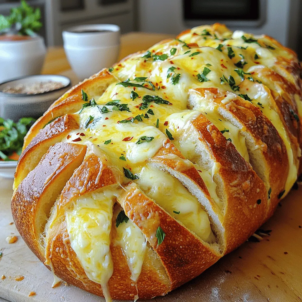 - 1 loaf of crusty sourdough or Italian bread - 1/2 cup unsalted butter, melted - 4 cloves garlic, minced - 1 teaspoon dried oregano - 1 teaspoon dried parsley - 1/2 teaspoon red pepper flakes (optional) - Salt and pepper to taste - 2 cups shredded mozzarella cheese - 1/2 cup grated Parmesan cheese - Fresh parsley for garnish (optional) To make cheesy pull-apart garlic bread, start with a loaf of crusty bread. Sourdough or Italian bread works great. The crust gives it a nice texture. Next, you will need butter. Melt it well to soak into the bread. Garlic is key for flavor. Mince your garlic finely for the best taste. For extra flavor, add herbs. Dried oregano and parsley pair well with garlic. If you like heat, add red pepper flakes. Don’t forget salt and pepper. They help balance the flavors. Now for the cheese! Mozzarella is a must for its meltiness. Parmesan adds a nice sharp taste. You can mix these cheeses together. This will make each bite cheesy and delicious. If you want, add fresh parsley on top for a pop of color. For more details, check the Full Recipe. - Preheat the oven to 375°F (190°C). - Carefully slice the loaf of bread: make deep cuts about 1 inch apart. Start by heating your oven. This step ensures your bread bakes evenly. Next, take your loaf and make deep cuts. Cut both horizontally and vertically, but don’t cut all the way through. This keeps the loaf intact for pulling apart later. - Mix melted butter with minced garlic, oregano, parsley, red pepper flakes, salt, and pepper. In a bowl, combine melted butter with minced garlic. Add dried oregano and parsley for flavor. If you like spice, toss in red pepper flakes. Finish with salt and pepper to taste. This mixture will coat your bread with rich, savory goodness. - Drizzle the garlic butter mixture into the cuts and stuff with cheese mixture. - Wrap in aluminum foil and bake. Now it’s time to fill your bread. Use a brush or spoon to drizzle the garlic butter into all the cuts. Make sure each cut gets butter. Next, mix mozzarella and Parmesan cheeses together. Stuff this cheesy mix into each cut. Once filled, wrap the loaf tightly in aluminum foil. This helps the bread steam and keeps it moist while baking. - Bake for 15 minutes covered, then uncover and bake until golden brown. Place the foil-wrapped bread in the preheated oven. Bake for 15 minutes to let the flavors meld. After that, carefully unwrap the foil. Put the bread back in the oven for another 10-15 minutes. You want to see the cheese bubbling and the crust turning golden brown. This is when the magic happens! Now, your cheesy pull-apart garlic bread is almost ready to serve. Enjoy pulling apart those gooey, cheese-filled pieces. Be sure to check out the Full Recipe for more details! - Use fresh garlic for the best results. Fresh garlic gives a strong, rich taste. - Experiment with additional herbs for complexity. Try basil, thyme, or rosemary for new flavors. - Use a combination of cheeses for layered flavor. Mixing mozzarella and cheddar creates a tasty blend. - Ensure cheese is evenly distributed in the bread cuts. This helps every bite be cheesy and delicious. - Garnish with fresh parsley for a pop of color. It makes the dish look even more inviting. - Serve with a dipping sauce for extra flavor. Marinara or garlic butter pairs well with the bread. For the full recipe, check the recipe section above! {{image_2}} You can change the cheese in this recipe to suit your taste. Substitute mozzarella with cheddar for a sharp flavor. Gouda also melts well and adds a nice creaminess. If you want a richer texture, try adding cream cheese. It makes the bread super gooey and delicious. Want to spice things up? Incorporate sun-dried tomatoes or olives for a burst of flavor. These ingredients add a nice tang that pairs well with the cheese. If you like heat, add jalapeños to the garlic butter mix. Smoked paprika gives it a warm, smoky flavor that is hard to resist. While sourdough or Italian bread is great, you can try different types. Ciabatta has a light and airy texture that works perfectly. Focaccia adds a nice fluffiness, too. If you need gluten-free options, look for gluten-free bread. It can be just as tasty and pull-apart friendly. For the full recipe, check out the details above. Keep your cheesy pull-apart garlic bread in an airtight container at room temperature for up to 2 days. If you want to keep it longer, refrigerate the bread. This will help maintain its flavor and texture. To enjoy your garlic bread again, warm it in the oven. This will help restore its crispy texture. If you're in a hurry, you can use the microwave for quick reheating. Just be careful not to overheat it. If you want to save some for later, wrap the bread tightly in foil or plastic wrap. You can freeze it for up to 1 month. When you're ready to eat it, thaw and reheat it directly in the oven. This way, it stays delicious and cheesy! You can add more herbs and spices to the garlic butter. Try mixing in fresh basil or thyme. You can also include a pinch of smoked paprika for a smoky kick. Each addition will bring a new taste to the bread. Yes, you can use other crusty loaves. Ciabatta and focaccia are great choices. They hold the cheese and butter well. You can even use a baguette for a different texture. Cheesy pull-apart garlic bread pairs well with many dishes. Serve it with marinara sauce for dipping. It also goes great with a fresh salad or a comforting soup. The flavors balance nicely together. Yes, you can make it ahead of time. Assemble the bread and keep it in the fridge. Just remember to bake it when you’re ready for a warm treat. This saves time when hosting or enjoying a cozy night in. Cheesy pull-apart garlic bread is a fun and tasty dish. You learned the key ingredients, preparation steps, and tips for great flavor. Remember to choose the right cheese and enhance the garlic butter for more taste. Try different breads and flavor combinations to make it your own. This recipe is easy to customize and perfect for sharing. Whether as an appetizer or a side, it will impress everyone at your table. Enjoy making this delightful treat!