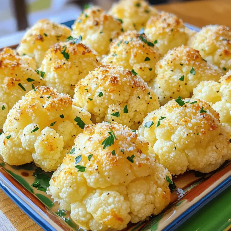 When making roasted garlic parmesan cauliflower, you need the right ingredients. Each one plays a vital role in flavor and texture. Here’s what you will need: - 1 large head of cauliflower, cut into florets - 4 tablespoons olive oil - 4 cloves garlic, minced - 1 teaspoon dried thyme - 1 teaspoon smoked paprika - ½ cup grated Parmesan cheese - Salt and pepper to taste - Fresh parsley, chopped (for garnish) Let’s break it down a bit more. The cauliflower florets should be fresh and firm. Choose a head that feels heavy for its size. Olive oil adds richness and helps the spices stick. Garlic gives a bold kick, while thyme and smoked paprika add warmth. Parmesan cheese melts beautifully and adds that savory touch. Salt and pepper enhance all the flavors, and parsley brightens up the dish. For the full recipe, check out the detailed instructions. Enjoy your cooking! 1. Preheating the oven Start by preheating your oven to 425°F (220°C). This step is key for even cooking. A hot oven will help the cauliflower get that nice crispiness. 2. Combining ingredients In a large bowl, combine the cauliflower florets with the olive oil, minced garlic, dried thyme, smoked paprika, salt, and pepper. Mix well. Make sure each floret is coated with oil and spices. This helps the flavors soak in. 3. Spreading and roasting the cauliflower Spread the coated cauliflower on a baking sheet lined with parchment paper. Arrange them in a single layer. This allows the heat to reach each piece. Roast in the oven for 25 to 30 minutes. Flip the cauliflower halfway through to ensure even browning. You want them golden and tender. 1. Adding cheese When the cauliflower is done roasting, take it out of the oven. Sprinkle the grated Parmesan cheese over the hot cauliflower. The heat will make the cheese melt. Return it to the oven for another 5 minutes. This will make the cheese slightly crispy and delicious. 2. Garnishing and serving tips Once it’s ready, remove the cauliflower from the oven again. Garnish with freshly chopped parsley. This adds color and freshness. Serve the roasted cauliflower on a vibrant platter. Make sure it looks inviting, with the cheesy bits visible. Enjoy your tasty side dish! For the full recipe, you can refer back to the detailed instructions above. To achieve the perfect roast, always preheat your oven to 425°F (220°C). This high heat helps the cauliflower get golden and crisp. Cut the cauliflower into even florets, about the same size. This ensures they cook at the same rate. To ensure even cooking, spread the florets in a single layer on the baking sheet. If they are too crowded, they will steam instead of roast. Flip the cauliflower halfway through cooking. This will help both sides get that nice brown color. Roasted garlic Parmesan cauliflower pairs well with many main dishes. It goes great with grilled chicken, steak, or fish. You can also serve it with pasta for a full meal. For creative serving ideas, try adding a squeeze of lemon juice on top. This adds a nice touch of brightness. Another idea is to serve it in a bowl and sprinkle extra cheese on top. This makes for a beautiful presentation. For the full recipe, refer to the earlier sections to get started on this tasty side dish! {{image_2}} You can change the cheese in this recipe. Try using cheddar or feta. Each cheese gives a new taste. This can make the dish more fun. You can also mix cheeses for even more flavor. Adding spices or herbs can change the dish as well. Want some heat? Add red pepper flakes. Prefer a fresh taste? Use basil or oregano. These small changes make your roasted garlic Parmesan cauliflower unique. You can also make this dish in an air fryer. This method cooks the cauliflower faster and makes it crispy. Set your air fryer to 400°F (200°C). Cook for about 15-20 minutes. Shake the basket halfway for even cooking. Grilling is another great option. Toss the cauliflower in olive oil and spices, then place it in a grill basket. Grill over medium heat for 10-15 minutes. You can get those nice char marks and smoky flavors. For more details, check the Full Recipe. To keep your roasted garlic Parmesan cauliflower fresh, store it in an airtight container. Place it in the fridge within two hours of cooking. This helps maintain its flavor and texture. It will last for about 3 to 4 days. If you want to freeze it, let it cool first. Then, place it in a freezer-safe bag. Remove as much air as possible to prevent freezer burn. This method lets you enjoy this tasty side dish later on. Frozen cauliflower can last up to 3 months. Reheating is key to keeping the texture right. I recommend using the oven for the best results. Preheat your oven to 350°F (175°C). Spread the cauliflower on a baking sheet. Heat it for about 10 to 15 minutes. This will help it regain its crispiness. If you're in a hurry, you can use the microwave. Place the cauliflower on a plate and cover it with a damp paper towel. Heat for 1 to 2 minutes, but this might make it softer. For a quick fix, you can also use an air fryer, heating it for about 5 minutes at 350°F (175°C). This keeps the edges nice and crispy. Can I make it vegan? Yes, you can make this dish vegan. Replace the Parmesan cheese with a vegan alternative. Nutritional yeast is a great choice. It adds a cheesy flavor without dairy. How to make it ahead of time? You can prepare the cauliflower a day before. Toss the florets with olive oil and spices. Cover and refrigerate. When you're ready to cook, just roast it. Health benefits of cauliflower Cauliflower is low in calories and high in nutrients. It contains fiber, vitamins C and K. This vegetable supports digestion and helps keep bones strong. Calorie count per serving One serving of roasted garlic Parmesan cauliflower has about 150 calories. This count can change based on the amount of cheese used. Other cauliflower recipes Try cauliflower rice or cauliflower pizza crust. Both are tasty and healthy. You can also make cauliflower soup for a warm dish. Similar side dishes to try If you enjoy roasted garlic Parmesan cauliflower, try roasted Brussels sprouts or garlic mashed potatoes. Both offer great flavors and pair well with many meals. This blog post covers how to make roasted cauliflower. We discussed the ingredients, from the florets to olive oil and cheese. I explained easy steps to prepare and roast the cauliflower. You also learned tips for the perfect roast and serving ideas. Plus, we explored ingredient substitutions and storage tips. Roasted cauliflower is healthy and tasty. Enjoy trying different flavors and methods. It's a versatile dish for any meal. Keep experimenting with this recipe!