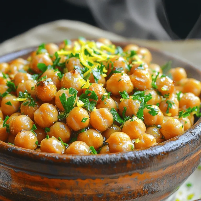 - 1 can (15 oz) of chickpeas - 2 tablespoons olive oil - Zest of 1 lemon - 2 tablespoons fresh lemon juice - 3 cloves garlic, minced Chickpeas form the base of this dish. They are packed with protein and fiber. When roasted, they turn crunchy and tasty. Olive oil adds richness to the mix. The lemon zest and juice give a bright, fresh taste. Fresh garlic brings depth and fragrance to each bite. - 1 teaspoon smoked paprika - 1/2 teaspoon cayenne pepper - Salt and pepper to taste Smoked paprika adds a warm, smoky flavor. The cayenne pepper brings a kick of heat. You can adjust the cayenne to fit your taste. Salt and pepper are key to enhancing the flavors in this dish. - Fresh parsley, chopped for garnish Chopped parsley adds a pop of color and freshness. It also brightens up the dish, making it look more appealing. I love to sprinkle it on top right before serving. For the full recipe, check out the Zesty Lemon Garlic Roasted Chickpeas. First, I preheat the oven to 400°F (200°C). This heat helps to make the chickpeas crisp. Next, I drain and rinse the chickpeas from the can. Rinsing removes the canning liquid, which can taste salty. I place the chickpeas on a paper towel and pat them dry. This step helps them roast better. In a small bowl, I whisk together the olive oil, lemon zest, lemon juice, minced garlic, smoked paprika, cayenne pepper, salt, and pepper. This mixture gives the chickpeas a bright and bold flavor. The lemon zest adds freshness. The garlic brings depth, and the spices add warmth. You can taste the mixture before adding it to the chickpeas for a flavorful boost. Now, I drizzle the flavor mixture over the chickpeas, coating them evenly. I make sure every chickpea gets a good amount. Then, I spread them out on a baking sheet in a single layer. This ensures they roast evenly. I roast them in the oven for 25-30 minutes. Halfway through, I shake the baking sheet to promote even cooking. Once they are golden and crispy, I take them out and let them cool for a few minutes. You can adjust the seasoning if needed and garnish with fresh parsley before serving. For the complete guide, check the Full Recipe. To make your lemon garlic roasted chickpeas extra crispy, start by patting them dry. This step removes moisture that can make them soggy. After drying, spread the chickpeas in a single layer on the baking sheet. This ensures they roast evenly and get that perfect crunch. For spice lovers, adjust the cayenne pepper to your taste. More cayenne brings heat, while less keeps it mild. If you want a brighter flavor, add more lemon zest. It lifts the dish and adds fresh notes that pair well with garlic. Serving is part of the fun! Place the roasted chickpeas in a bowl or on a platter. You can sprinkle extra lemon zest or fresh parsley on top for a pop of color. This little touch makes your dish look more appealing and appetizing. Enjoy these crunchy bites as a snack or as a topping on your favorite salads. For the full recipe, see the section above. {{image_2}} You can change the taste of your roasted chickpeas with different spices. Try adding curry for warmth or cumin for a smoky note. You might enjoy a sweet version, too! Mix in some cinnamon and sugar for a tasty twist. These chickpeas are already vegan and gluten-free. If you want to cut down on salt, use low-sodium options. This way, you can enjoy them guilt-free while still getting great flavor. Roasted chickpeas make a perfect snack. They are crunchy and full of flavor. You can also serve them as a side dish. Try pairing them with dips like hummus or adding them to salads. They add a nice crunch and boost the nutrition. For the full recipe, check out the link above. To keep your lemon garlic roasted chickpeas fresh, use an airtight container. Glass jars or plastic containers with tight lids work best. Store them at room temperature. Avoid warm places to keep them crunchy longer. If you want to save some for later, you can freeze them. Spread the cooled chickpeas on a baking sheet in a single layer. Freeze until solid, then transfer to a freezer bag. To reheat, bake them straight from the freezer at 400°F (200°C) for about 10-15 minutes. This keeps them crispy. In the fridge, roasted chickpeas last 3-5 days. Check for any off smells or soft texture. If you see these signs, it’s best to toss them. Always trust your senses; they help you know when food is not good anymore. Yes, you can use dried chickpeas! First, soak them overnight in water. Then, cook them until tender. This can take about 1-2 hours. After cooking, drain and rinse them. Follow the same steps in the recipe. This will give you a fresh taste. To adjust the heat, add more or less cayenne pepper. Start with a small amount. You can always add more later. For a milder taste, reduce the cayenne. You can also use sweet paprika instead of smoked paprika. This will keep the flavor, but lower the heat. If you need a lemon substitute, try lime juice. It offers a similar tangy flavor. You can also use vinegar, like apple cider or white wine vinegar. Just use less than the lemon juice amount. This will keep your dish bright and tasty. For reheating, the oven is the best option. Preheat your oven to 375°F (190°C). Spread the chickpeas on a baking sheet. Heat for about 10-15 minutes until crispy. You can also use an air fryer for a quick and even reheat. These chickpeas work great in many dishes! Try adding them to salads for crunch. They also make a tasty topping for soups. You can mix them into grain bowls for extra protein. For more ideas, check out the Full Recipe for inspiration. Lemon garlic roasted chickpeas are a delightful snack. They are crunchy, zesty, and packed with flavor. You will love how easy they are to make and enjoy. Here’s how you can create this tasty treat. Ingredients: - 1 can (15 oz) of chickpeas, drained and rinsed - 2 tablespoons olive oil - Zest of 1 lemon - 2 tablespoons fresh lemon juice - 3 cloves garlic, minced - 1 teaspoon smoked paprika - 1/2 teaspoon cayenne pepper (adjust to taste) - Salt and pepper to taste - Fresh parsley, chopped for garnish Instructions: 1. Preheat your oven to 400°F (200°C). 2. Spread the rinsed chickpeas on a baking sheet. Pat them dry with a paper towel. 3. In a bowl, mix olive oil, lemon zest, lemon juice, garlic, smoked paprika, cayenne, salt, and pepper. 4. Pour this mix over the chickpeas and toss gently. 5. Roast them for 25-30 minutes. Shake the sheet halfway for even cooking. 6. Once they are golden and crispy, remove from the oven. 7. Cool for a few minutes, then adjust seasoning. Garnish with parsley before serving. These chickpeas are not just tasty; they also add a healthy crunch. They are perfect for snacking or topping salads. The bright lemon flavor pairs well with the garlic and spices. You can find the full recipe above to guide you through each step. Enjoy your cooking! These Lemon Garlic Roasted Chickpeas are easy and fun to make. We covered the main ingredients, spices, and step-by-step instructions. You learned tips for crispy texture and various serving ideas. Experiment with your favorite flavors to keep things exciting. Store them properly to enjoy later. Whether as a snack or a side, these chickpeas are a tasty choice. Get creative with your seasonings and pairings. Enjoy making and sharing this healthy dish!