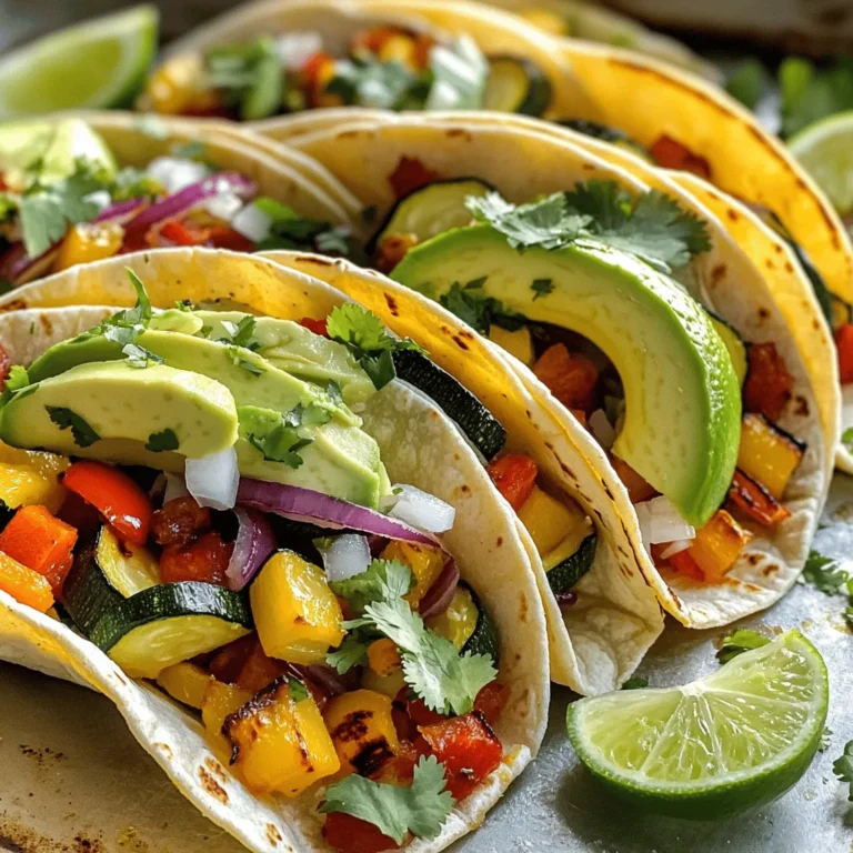 For my roasted veggie tacos, I love using a mix of colorful veggies. Here’s what I suggest: - 1 zucchini, diced - 1 red bell pepper, diced - 1 yellow bell pepper, diced - 1 red onion, diced - 1 cup cherry tomatoes, halved These veggies not only taste great, but they also look vibrant. You can easily swap in your favorites. To make these tacos truly flavorful, I use some simple seasonings: - 2 tablespoons olive oil - 1 teaspoon ground cumin - 1 teaspoon smoked paprika - Salt and pepper to taste These spices bring out the best flavors in the veggies. The olive oil helps them roast perfectly. Once your tacos are ready, it's time for the fun part: the toppings! I recommend: - 8 small corn tortillas - 1 avocado, sliced - Fresh cilantro, for garnish - Lime wedges, for serving The creamy avocado and fresh cilantro add a nice touch. Squeezing lime over the tacos gives them a bright finish. For the full recipe, check out the detailed cooking steps! Start by preheating your oven to 425°F (220°C). This high heat helps the veggies roast well. You want them to be soft and slightly charred. Next, gather your vegetables. You will need: - 1 zucchini, diced - 1 red bell pepper, diced - 1 yellow bell pepper, diced - 1 red onion, diced - 1 cup cherry tomatoes, halved In a large bowl, toss all the diced veggies together. This ensures they mix well. Drizzle 2 tablespoons of olive oil over the vegetables. Then, add: - 1 teaspoon ground cumin - 1 teaspoon smoked paprika - Salt and pepper to taste Mix everything together until the veggies are well coated. Spread them out on a baking sheet in a single layer. Roast for 20 to 25 minutes. Stir halfway through to make sure they cook evenly. While the veggies roast, heat 8 small corn tortillas in a dry skillet. Warm them for about 30 seconds on each side. This makes them soft and easy to fold. Once the veggies are ready, take them out of the oven. To make your tacos, place a generous spoonful of roasted veggies on each tortilla. Top with slices of avocado and sprinkle fresh cilantro on top. Serve with lime wedges on the side for that extra zing. For the full recipe, check [Full Recipe]. For great roasted veggie tacos, pick vegetables that roast well. I love using: - Zucchini - Bell peppers - Red onion - Cherry tomatoes These veggies bring color and flavor. You can also try mushrooms or eggplant. The key is to cut them into similar sizes. This ensures even cooking. Spices can change the whole taco game. I often use: - Ground cumin - Smoked paprika - Salt and pepper These add a nice warmth. For a kick, try chili powder or cayenne pepper. You can also mix in garlic powder or onion powder for depth. Feel free to experiment based on your taste! Tortillas are the base of your tacos. Small corn tortillas work best. They are soft and tasty. You can also use flour tortillas if you prefer. For a fun twist, try lettuce wraps for a low-carb option. Just make sure your tortillas are warm. This makes them easier to fold and eat. For the complete dish, check out the Full Recipe. {{image_2}} You can add proteins to your roasted veggie tacos for more flavor. Chicken, beef, or shrimp work well. If you want a plant-based option, try black beans or chickpeas. Just cook them separately, then mix them with the roasted veggies in your taco. This adds texture and makes the meal more filling. These tacos are easy to make vegan and gluten-free. Use corn tortillas, which are naturally gluten-free. For a vegan twist, skip any dairy toppings. You can use plant-based sour cream or cashew cream instead. This way, everyone can enjoy these tasty tacos without worry. Toppings can change the whole taco experience. You can use fresh salsa or a spicy sauce for a kick. Try pickled onions for tangy flavor. If you like crunch, add shredded cabbage. For creaminess, avocado is a perfect choice. Experiment with different toppings to find your favorite combination. For the full recipe, check out the Roasted Veggie Tacos instructions above. To keep your leftover tacos fresh, place them in an airtight container. This helps prevent sogginess. Store them in the fridge for up to three days. If you have extra roasted veggies, keep them separate. You can use them in salads or wraps later. When you want to eat your tacos again, reheating is easy. You can use a skillet or the microwave. If you use a skillet, heat it over medium heat. Place the tacos in the skillet for about two minutes on each side. For the microwave, warm them for about 30 seconds. Make sure they are hot all the way through. You can freeze the roasted veggies for later use. Store them in a freezer-safe bag. Press out as much air as possible before sealing. They will last for about three months in the freezer. To use them, thaw overnight in the fridge and then reheat. Enjoy your tasty roasted veggie tacos again with minimal work! For the complete recipe, check out the Full Recipe above. I love using a mix of colorful veggies. Zucchini, bell peppers, red onions, and cherry tomatoes work best. These vegetables roast well and bring great flavors. You can also try corn, mushrooms, or sweet potatoes for variety. Each veggie adds its own taste and texture. Roasted veggie tacos stay fresh for about three to four days in the fridge. Make sure to store them in an airtight container. The veggies may lose some crunch, but they will still taste good. Just reheat them before eating for the best flavor. Yes, you can prepare the veggies a day ahead. Chop them and store them in the fridge. This saves time on taco night. You can also roast them in advance and keep them in the fridge. Just warm them up before serving. Roasted veggie tacos pair well with many sides. I recommend serving them with fresh guacamole, salsa, or a zesty salad. You can also add rice or beans for a hearty meal. A side of tortilla chips adds a nice crunch too. For the full recipe, check out the Roasted Veggie Tacos section! Roasted veggie tacos are a great way to enjoy healthy, tasty meals. We covered the best ingredients, from fresh vegetables to tasty seasonings. You now have step-by-step instructions for making these delicious tacos at home. Plus, you learned useful tips for storage and variations to suit your needs. Remember, cooking should be fun and easy. Try different vegetables and toppings to make it your own. Enjoy your taco journey!