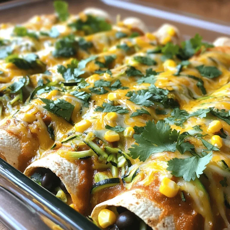 To make Zucchini and Black Bean Enchiladas, gather these ingredients: - 2 medium zucchinis, grated - 1 can (15 oz) black beans, drained and rinsed - 1 cup corn kernels (fresh or frozen) - 1 small red onion, finely chopped - 2 cloves garlic, minced - 1 teaspoon cumin - 1 teaspoon smoked paprika - 1 cup enchilada sauce (store-bought or homemade) - 8 whole wheat tortillas - 1 cup shredded cheese (cheddar or a vegan alternative) - 2 tablespoons olive oil - Salt and pepper, to taste - Fresh cilantro, chopped, for garnish When picking zucchinis, look for firm ones with smooth skin. Choose smaller zucchinis; they taste better. Avoid any with soft spots or blemishes. For black beans, select cans with no dents. Check the expiration date, too. Fresh beans should have a bright color. If you can, try to buy organic for better taste. For enchilada sauce, I like to use brands like Old El Paso or Hatch. They offer good flavor and quality. If you want a healthier option, try making your own sauce with tomatoes and spices. For cheese, look for Tillamook or Daiya if you want a vegan choice. They melt well and taste great. These brands help make your enchiladas even more delicious! Start by preheating your oven to 375°F (190°C). In a skillet, heat 2 tablespoons of olive oil over medium heat. Add 1 small finely chopped red onion. Sauté it for about 3-4 minutes until it turns soft and clear. Now, add 2 minced garlic cloves and cook for another minute. This brings out the lovely garlic smell. Next, stir in 2 medium grated zucchinis, 1 can of drained black beans, and 1 cup of corn. Sprinkle in 1 teaspoon of cumin, 1 teaspoon of smoked paprika, salt, and pepper to taste. Cook this mix for 5-7 minutes. You want the zucchini to soften but not lose all its shape. Once cooked, take the skillet off the heat. Mix in half of the enchilada sauce. Next, lay a whole wheat tortilla flat on a clean surface. Spoon a generous amount of the zucchini mixture down the center. Roll the tortilla tightly, placing it seam-side down in a baking dish. Repeat this for the remaining tortillas and filling. After that, pour the rest of the enchilada sauce over the rolled tortillas. Top them with 1 cup of shredded cheese, either cheddar or a vegan option. Rolling tortillas can be tricky. To avoid breaking them, warm the tortillas first. You can microwave them for about 20-30 seconds. This softens them, making them easier to roll. Another tip is to use fresh tortillas. They are more pliable compared to older ones. If you do have a break, just patch it up with some of the filling. No one will notice! Cover your baking dish with foil and place it in the oven. Bake for 20 minutes to allow the flavors to blend. After that, remove the foil and continue baking for an extra 10 minutes. This step helps the cheese melt and bubble nicely. You want it golden and delicious! Once done, let the enchiladas cool for a few minutes. Garnish them with freshly chopped cilantro for an added touch. Enjoy your flavorful Zucchini and Black Bean Enchiladas! For the complete recipe, check out the Full Recipe section. To change the spice level, start with the cumin and smoked paprika. You can add more or less to fit your taste. For heat, try adding chopped jalapeños or a pinch of cayenne pepper. If you want it milder, skip these ingredients. Remember, taste as you go. This way, you can find the perfect balance for your family. Garnishing can elevate your dish. Fresh cilantro adds a bright touch. You can also use avocado slices for creaminess. A dollop of sour cream or Greek yogurt works well too. Serve with a side of rice or a fresh salad for color. This makes the meal feel festive and fun! One mistake is overfilling the tortillas. If you add too much filling, they can break. Another mistake is not heating the tortillas first. Warm tortillas bend easier, preventing tears. Lastly, be careful not to skip the foil when baking. This keeps the enchiladas moist. Follow these tips for a tasty outcome. For the full recipe, check out the Zesty Zucchini & Black Bean Enchiladas section. {{image_2}} To make these enchiladas vegan, skip the cheese. Use a plant-based cheese or none at all. You can also add nutritional yeast for a cheesy flavor. If you want extra protein, swap black beans for lentils or chickpeas. These changes keep the dish filling and tasty. If you want to avoid dairy, try these cheese substitutes: - Vegan cheese shreds - Cashew cream - Silken tofu blended with lemon juice For tortillas, choose whole wheat or corn tortillas. You can also use lettuce wraps for a low-carb option. This keeps the dish fresh and fun. Adding veggies boosts the nutrition of your enchiladas. Try these: - Spinach or kale for greens - Bell peppers for sweetness - Mushrooms for a meaty texture Chop them finely and mix them into the filling. This adds color and flavor. You can play with different combinations to find your favorite mix. Each variation brings a new twist to the classic dish. For the full recipe, check out the Zesty Zucchini & Black Bean Enchiladas. To keep your enchiladas fresh, let them cool first. Place them in an airtight container. This will help keep moisture in and prevent them from drying out. Be sure to store them in the fridge if you plan to eat them within a few days. If you want to save them for longer, freezing is a great option. To freeze your enchiladas, it's best to do this before baking. Wrap each rolled enchilada tightly in plastic wrap. Then, place them in a freezer-safe bag or container. Label the bag with the date. You can freeze them for up to three months. When you're ready to eat, thaw them in the fridge overnight before baking. When you're ready to reheat your enchiladas, preheat your oven to 350°F (175°C). Place the enchiladas in a baking dish and cover them with foil. This helps keep them moist. Bake for about 20 minutes. If they seem dry, add a splash of enchilada sauce on top before reheating. Enjoy your flavorful delight! For the full recipe, check out the detailed steps above. You can pair these enchiladas with a fresh salad. A simple green salad works well. You might also like serving them with Mexican rice. For added flavor, try a side of guacamole or sour cream. Fresh salsa brings a nice kick too. A cool drink, like lemonade, complements the meal perfectly. Yes, you can prepare these enchiladas ahead of time. Simply follow the recipe until you pour the sauce on top. Cover the dish with foil and refrigerate it. When you are ready to bake, take it out and let it sit for about 15 minutes. Then, bake as directed in the Full Recipe. This makes it easy for busy days. To serve more people, simply double the ingredients. Use more zucchinis and black beans. You can also add more tortillas and sauce. Make sure to use a bigger baking dish. Cooking time might be a little longer, so check for doneness. Enjoy the extra servings with family or friends! Zucchini and Black Bean Enchiladas are both tasty and easy to make. We covered the key ingredients and steps needed to create this dish. You learned how to pick fresh zucchinis and delicious enchilada sauce. I shared ways to customize spice levels and avoid common mistakes. Remember, you can store leftovers well to enjoy later. This dish is versatile and perfect for any meal. Enjoy experimenting and make it your own. You’ll impress anyone who tastes your delicious enchiladas!