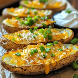 - 4 large russet potatoes - 1 cup shredded sharp cheddar cheese - 1/2 cup grated Parmesan cheese - 2 tablespoons ranch seasoning mix - 1/4 cup sour cream - Optional: hot sauce for serving - 3 tablespoons olive oil - Salt and pepper to taste When making crispy Parmesan ranch potato skins, the ingredients matter a lot. Start with four large russet potatoes. These potatoes are perfect for their size and texture. They hold up well during baking. Next, use one cup of shredded sharp cheddar cheese. This cheese adds a rich flavor that complements the ranch seasoning. You’ll also need half a cup of grated Parmesan cheese. This cheese gives the skins that extra crunchy bite. To season these tasty treats, you’ll use two tablespoons of ranch seasoning mix. This mix brings a burst of flavor with herbs and spices. A quarter cup of sour cream is also essential. It adds a cool creaminess that balances the rich flavors. If you like heat, add some hot sauce when serving. Don't forget the cooking essentials. Use three tablespoons of olive oil to keep the skins crispy. Finally, season with salt and pepper to taste. These simple ingredients come together for a delightful snack. For the full recipe, you can check the provided details. Happy cooking! - Scrub the russet potatoes under cold water. - Preheat the oven to 400°F (200°C). - Prick each potato several times with a fork. First, clean the potatoes well. This step ensures you remove any dirt. Next, preheat your oven. This helps get the potatoes nice and crispy. Finally, use a fork to poke holes in each potato. This allows steam to escape while baking. - Bake the potatoes for 45-60 minutes. - Cool, halve, and scoop out the flesh. Now, place the potatoes directly on the oven rack. Bake them for about 45 to 60 minutes. They should feel soft when pierced with a fork. Once done, let them cool for about 10 minutes. This cooling time helps you handle them safely. Then, cut each potato in half. Scoop out the flesh, leaving about a quarter-inch of potato. This keeps the skins strong and ready for stuffing. - Brush skins and season. - Add cheese and bake for an additional time. Next, brush the insides of the potato skins with olive oil. Sprinkle with salt and pepper for flavor. Now, add the cheddar cheese and half of the Parmesan cheese inside each skin. Return the skins to the oven, cut-side up. Bake for another 10-15 minutes until they are crispy and golden. While they bake, mix the remaining Parmesan cheese with ranch seasoning and green onions. After the skins are crispy, take them out and sprinkle the ranch mix on top. Bake for another 5 minutes to melt the cheese and combine the flavors. Enjoy your crispy Parmesan ranch potato skins! To make the best crispy potato skins, start with the right baking temperature. I recommend using 400°F (200°C). This heat makes sure the skins turn golden and crisp. The next step is to scoop out the potato flesh correctly. Leave about 1/4 inch of potato around the skin. This helps them hold their shape and stay sturdy when baked. To boost the flavor, add spices to the inside of the skins. A sprinkle of garlic powder or paprika can work wonders. You can also try adding a bit of cayenne for heat. As for dips, sour cream is a classic choice. Hot sauce adds a nice kick, too. You can even make a ranch dip with sour cream and ranch seasoning. One big mistake is not cooling the potatoes before scooping. Let them cool for about 10 minutes after baking. This makes them easier to handle and helps prevent soggy skins. Also, make sure to avoid putting too much filling in the skins. Overfilling can lead to a mushy texture. Keeping these tips in mind will ensure your potato skins are crispy and delicious. For the full recipe, check out the details above. {{image_2}} You can switch up the cheese in these potato skins for fun. Gouda and Monterey Jack are great choices. They melt well and add unique flavors. For a creamier texture, try mixing in some cream cheese. This will give your skins an extra rich taste that feels special. Veggies can take your crispy potato skins to the next level. Jalapeños add a nice kick, and bell peppers give a sweet crunch. You can also add cooked bacon or shredded chicken for meat lovers. These additions make every bite more exciting and tasty. If you want a plant-based snack, there are many options! Use dairy-free cheese instead of regular cheese. Many brands make great vegan cheese that melts well. You can top your potato skins with avocado or fresh herbs for flavor. These variations keep the dish fun and inclusive for all diets. After enjoying your Crispy Parmesan Ranch Potato Skins, store any leftovers in the fridge. Place them in an airtight container. This keeps them fresh and tasty for up to three days. You can also use a glass dish with a lid. Make sure to let them cool before sealing. If you want to keep them longer, you can freeze the potato skins. Wrap each skin in plastic wrap. Then, place them in a freezer-safe bag. They will stay good for about two months. When you're ready to eat them, reheat in the oven. Bake at 375°F (190°C) for about 15-20 minutes. This helps keep them crispy and delicious. Don’t let leftover ingredients go to waste! You can use extra cheese in a casserole or sprinkle it on salads. The leftover potatoes can make great mashed potatoes or potato salad. Combine them with other veggies to create a tasty hash. These ideas give new life to your ingredients and add variety to your meals. For the complete recipe, check out the Full Recipe. To make these tasty snacks, follow these steps: 1. Preheat your oven to 400°F (200°C). 2. Scrub and dry 4 large russet potatoes. 3. Prick each potato with a fork. 4. Rub them with 3 tablespoons of olive oil and sprinkle with salt. 5. Bake the potatoes for 45-60 minutes. 6. Cool, then halve them and scoop out some flesh. 7. Brush insides with olive oil, season with salt and pepper. 8. Fill with 1 cup of cheddar cheese and 1/4 cup of Parmesan cheese. 9. Bake the skins for another 10-15 minutes until crispy. 10. Mix remaining Parmesan, ranch seasoning, and green onions. 11. Sprinkle this mix on the skins and bake 5 more minutes. 12. Serve hot with 1/4 cup sour cream and optional hot sauce. You can find the full recipe above for detailed instructions. Yes, you can prepare these potato skins in advance. Bake the potatoes and scoop out the flesh. Store the skins in the fridge for up to 2 days. When ready to bake, brush with oil, season, and add cheese. Bake until crispy. This makes meal prep easy and saves time! For dipping sauces, consider these options: - Sour cream is a classic choice. - Ranch dressing adds extra flavor. - Hot sauce gives a spicy kick. - You can also try salsa or guacamole for a twist. These dips enhance the taste and make the snack even better. Absolutely! You can switch up the flavors with different seasonings: - Try taco seasoning for a fun twist. - Garlic powder adds a savory touch. - Italian herbs can give a fresh taste. - For heat, add cayenne pepper or chili powder. Feel free to mix and match to find your favorite combo! You’ve learned how to make delicious Crispy Parmesan Ranch Potato Skins. We explored key ingredients, cooking steps, and tips for success. Remember, choosing the right cheese and seasoning can elevate your dish. Avoid common mistakes for the best results. Whether you want to customize with vegetables or go vegan, options abound. Store leftovers properly for later enjoyment. Enjoy your tasty creation!