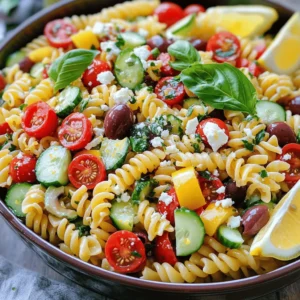- 8 oz fusilli or rotini pasta - 1 cup cherry tomatoes, halved - 1 cup cucumber, diced - 1/2 cup red bell pepper, diced - 1/4 cup red onion, finely chopped - 1/2 cup Kalamata olives, pitted and sliced - 1/3 cup fresh basil leaves, torn - 1/4 cup crumbled feta cheese (optional) - 1/4 cup olive oil - 3 tablespoons fresh lemon juice - 1 teaspoon lemon zest - 1 teaspoon honey or maple syrup - Salt and pepper to taste In this Lemon Basil Pasta Salad, I use fresh and vibrant ingredients. The pasta holds the flavors well. I like using fusilli or rotini because they catch the dressing and veggies nicely. Cherry tomatoes add a pop of color and sweetness. They brighten the salad. Cucumbers bring a cool crunch. Red bell pepper adds sweetness and color too. The red onion gives a nice bite, while Kalamata olives add a salty touch. Fresh basil is the star here. Its aroma and flavor are amazing. I often tear the leaves to release their oils. If you want, you can add crumbled feta cheese for a creamy texture. For the dressing, I mix olive oil, fresh lemon juice, lemon zest, and honey or maple syrup. This blend makes the salad bright and zesty. I also add salt and pepper to balance the flavors. Remember, you can find the full recipe at the end of the article. This salad is not just tasty; it looks great too. It’s perfect for gatherings or a simple meal at home! Start by bringing a large pot of salted water to a boil. Use about 1 tablespoon of salt for every 4 quarts of water. Add the pasta once the water is boiling. Cook it according to the package instructions until it is al dente. This usually takes about 8 to 10 minutes. After it cooks, drain the pasta and rinse it under cold water. This helps cool it down quickly, so it won’t cook anymore. While the pasta cooks, chop your vegetables. Use a sharp knife for clean cuts. I like to slice the cherry tomatoes in half and dice the cucumber and bell pepper into small pieces. Finely chop the red onion to add a nice bite. In a large mixing bowl, combine the chopped cherry tomatoes, cucumber, red bell pepper, red onion, and Kalamata olives. This mix brings bright colors and flavors to your salad. In a small bowl, whisk together the olive oil, lemon juice, and lemon zest. Add honey or maple syrup for a touch of sweetness. A pinch of salt and pepper helps balance the flavors. Whisk until all the ingredients blend well. This dressing should be bright and tangy, perfect for your salad. Now, it’s time to mix everything. Add the cooled pasta to the vegetable bowl. Pour the dressing over the pasta and vegetables. Gently toss everything together so that the pasta and veggies are evenly coated. This ensures every bite is full of flavor. Lastly, fold in the torn basil leaves and crumbled feta cheese if you choose to include it. Cover the salad with plastic wrap and place it in the fridge. Let it chill for at least 30 minutes. This waiting time allows the flavors to meld together nicely. For covering, you can also use a large bowl with a lid. Chilling the salad enhances its taste and makes it refreshing when served. For the full recipe, check out the details above. Enjoy your Lemon Basil Pasta Salad! To get the best taste, store the pasta until you’re ready to mix. This keeps it from getting soggy. Rinse the pasta in cold water after cooking. This cools it down and stops the cooking. Adjusting seasoning is key. Always taste your salad before serving. If it needs more flavor, add salt, pepper, or lemon juice. A little extra lemon juice can brighten everything up. For a wow factor, garnish your salad with more fresh basil leaves. Thin lemon slices also add a nice touch. Serve the salad in a big, colorful bowl to catch the eye. Individual plates work well, too, for a personal touch. Pre-preparing ingredients can save time. Chop your veggies the day before. This makes cooking day easier. You can also make the dressing ahead of time. Store it in the fridge until you're ready to mix everything. For quick dressing options, try a simple mix of olive oil and lemon juice. This adds flavor fast and keeps it healthy. You can find the full recipe for Lemon Basil Pasta Salad [Full Recipe]. {{image_2}} You can change the vegetables in your Lemon Basil Pasta Salad. Consider using: - Zucchini, diced small - Spinach, chopped - Broccoli florets, blanched These swaps keep the dish fresh and exciting. You can also try different pasta shapes like: - Penne - Farfalle - Whole wheat pasta These changes can enhance the taste and texture of your salad. To make the salad more filling, add some proteins. Great options include: - Grilled chicken, diced - Shrimp, cooked and peeled - Chickpeas, drained and rinsed If you prefer vegetarian options, try: - Black beans - Edamame - Tofu, cubed and sautéed These additions make the dish heartier while keeping it flavorful. You can play with the dressing to fit your taste. For citrus variations, consider: - Lime juice instead of lemon - Orange juice for a sweet twist If you want a creamy dressing, try: - Greek yogurt mixed with lemon juice - A creamy vinaigrette made with tahini These alternatives can add new layers of flavor to your Lemon Basil Pasta Salad. For the full recipe, check out the detailed instructions above. Enjoy your cooking! To keep Lemon Basil Pasta Salad fresh, store it in an airtight container. This helps prevent drying out. Place the salad in the fridge right after serving. It will stay good for about 3 to 5 days. Keep an eye on the vegetables. If they start to look mushy, it's time to toss them. Yes, you can freeze this salad, but it's best to leave out the fresh herbs and cheese. These ingredients do not freeze well. If you want to freeze it, do so in a freezer-safe container. This way, you can enjoy it later. When you're ready to eat, thaw it in the fridge overnight. This keeps the flavors intact. When you reheat the salad, avoid using the microwave. This can make the pasta too mushy. Instead, let it come to room temperature on its own. You can also serve it cold straight from the fridge. If you want it warm, mix it with a little olive oil in a pan over low heat. This will keep the flavors bright and fresh. You can prepare this salad a day in advance. Store it in an airtight container. Keep it in the fridge. This way, the flavors blend well. When ready to serve, give it a quick toss. If it seems dry, add a bit more olive oil or lemon juice. This pasta salad pairs well with grilled chicken or fish. It also goes great with fresh bread or a side of fruit. You can serve it at picnics or barbecues. It makes a perfect light lunch or dinner. Yes, you can make it your own! Add your favorite veggies or proteins. Try roasted peppers or artichokes for extra flavor. You can even swap the feta for goat cheese. Make it suit your taste! Yes, you can make this salad gluten-free. Use gluten-free pasta like rice or quinoa pasta. These options work well. They will keep the dish delicious and light. The salad lasts about 3 days in the fridge. Store it in a tight container. The flavors will stay fresh, but the veggies may soften. Enjoy it within this time for the best taste. You can find the Full Recipe for more details. This blog post covers how to make a tasty Lemon Basil Pasta Salad. We discussed the best ingredients, how to prepare them, and smart tips for a perfect dish. With simple steps and easy variations, you can customize it to fit your taste. Remember, letting the salad chill enhances its flavor. Enjoy this dish at your next gathering! It’s fresh, easy, and packed with flavor, making it a hit for everyone. Dive in and experiment using your favorite ingredients!