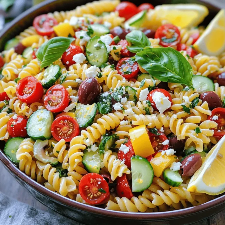 - 8 oz fusilli or rotini pasta - 1 cup cherry tomatoes, halved - 1 cup cucumber, diced - 1/2 cup red bell pepper, diced - 1/4 cup red onion, finely chopped - 1/2 cup Kalamata olives, pitted and sliced - 1/3 cup fresh basil leaves, torn - 1/4 cup crumbled feta cheese (optional) - 1/4 cup olive oil - 3 tablespoons fresh lemon juice - 1 teaspoon lemon zest - 1 teaspoon honey or maple syrup - Salt and pepper to taste In this Lemon Basil Pasta Salad, I use fresh and vibrant ingredients. The pasta holds the flavors well. I like using fusilli or rotini because they catch the dressing and veggies nicely. Cherry tomatoes add a pop of color and sweetness. They brighten the salad. Cucumbers bring a cool crunch. Red bell pepper adds sweetness and color too. The red onion gives a nice bite, while Kalamata olives add a salty touch. Fresh basil is the star here. Its aroma and flavor are amazing. I often tear the leaves to release their oils. If you want, you can add crumbled feta cheese for a creamy texture. For the dressing, I mix olive oil, fresh lemon juice, lemon zest, and honey or maple syrup. This blend makes the salad bright and zesty. I also add salt and pepper to balance the flavors. Remember, you can find the full recipe at the end of the article. This salad is not just tasty; it looks great too. It’s perfect for gatherings or a simple meal at home! Start by bringing a large pot of salted water to a boil. Use about 1 tablespoon of salt for every 4 quarts of water. Add the pasta once the water is boiling. Cook it according to the package instructions until it is al dente. This usually takes about 8 to 10 minutes. After it cooks, drain the pasta and rinse it under cold water. This helps cool it down quickly, so it won’t cook anymore. While the pasta cooks, chop your vegetables. Use a sharp knife for clean cuts. I like to slice the cherry tomatoes in half and dice the cucumber and bell pepper into small pieces. Finely chop the red onion to add a nice bite. In a large mixing bowl, combine the chopped cherry tomatoes, cucumber, red bell pepper, red onion, and Kalamata olives. This mix brings bright colors and flavors to your salad. In a small bowl, whisk together the olive oil, lemon juice, and lemon zest. Add honey or maple syrup for a touch of sweetness. A pinch of salt and pepper helps balance the flavors. Whisk until all the ingredients blend well. This dressing should be bright and tangy, perfect for your salad. Now, it’s time to mix everything. Add the cooled pasta to the vegetable bowl. Pour the dressing over the pasta and vegetables. Gently toss everything together so that the pasta and veggies are evenly coated. This ensures every bite is full of flavor. Lastly, fold in the torn basil leaves and crumbled feta cheese if you choose to include it. Cover the salad with plastic wrap and place it in the fridge. Let it chill for at least 30 minutes. This waiting time allows the flavors to meld together nicely. For covering, you can also use a large bowl with a lid. Chilling the salad enhances its taste and makes it refreshing when served. For the full recipe, check out the details above. Enjoy your Lemon Basil Pasta Salad! To get the best taste, store the pasta until you’re ready to mix. This keeps it from getting soggy. Rinse the pasta in cold water after cooking. This cools it down and stops the cooking. Adjusting seasoning is key. Always taste your salad before serving. If it needs more flavor, add salt, pepper, or lemon juice. A little extra lemon juice can brighten everything up. For a wow factor, garnish your salad with more fresh basil leaves. Thin lemon slices also add a nice touch. Serve the salad in a big, colorful bowl to catch the eye. Individual plates work well, too, for a personal touch. Pre-preparing ingredients can save time. Chop your veggies the day before. This makes cooking day easier. You can also make the dressing ahead of time. Store it in the fridge until you're ready to mix everything. For quick dressing options, try a simple mix of olive oil and lemon juice. This adds flavor fast and keeps it healthy. You can find the full recipe for Lemon Basil Pasta Salad [Full Recipe]. {{image_2}} You can change the vegetables in your Lemon Basil Pasta Salad. Consider using: - Zucchini, diced small - Spinach, chopped - Broccoli florets, blanched These swaps keep the dish fresh and exciting. You can also try different pasta shapes like: - Penne - Farfalle - Whole wheat pasta These changes can enhance the taste and texture of your salad. To make the salad more filling, add some proteins. Great options include: - Grilled chicken, diced - Shrimp, cooked and peeled - Chickpeas, drained and rinsed If you prefer vegetarian options, try: - Black beans - Edamame - Tofu, cubed and sautéed These additions make the dish heartier while keeping it flavorful. You can play with the dressing to fit your taste. For citrus variations, consider: - Lime juice instead of lemon - Orange juice for a sweet twist If you want a creamy dressing, try: - Greek yogurt mixed with lemon juice - A creamy vinaigrette made with tahini These alternatives can add new layers of flavor to your Lemon Basil Pasta Salad. For the full recipe, check out the detailed instructions above. Enjoy your cooking! To keep Lemon Basil Pasta Salad fresh, store it in an airtight container. This helps prevent drying out. Place the salad in the fridge right after serving. It will stay good for about 3 to 5 days. Keep an eye on the vegetables. If they start to look mushy, it's time to toss them. Yes, you can freeze this salad, but it's best to leave out the fresh herbs and cheese. These ingredients do not freeze well. If you want to freeze it, do so in a freezer-safe container. This way, you can enjoy it later. When you're ready to eat, thaw it in the fridge overnight. This keeps the flavors intact. When you reheat the salad, avoid using the microwave. This can make the pasta too mushy. Instead, let it come to room temperature on its own. You can also serve it cold straight from the fridge. If you want it warm, mix it with a little olive oil in a pan over low heat. This will keep the flavors bright and fresh. You can prepare this salad a day in advance. Store it in an airtight container. Keep it in the fridge. This way, the flavors blend well. When ready to serve, give it a quick toss. If it seems dry, add a bit more olive oil or lemon juice. This pasta salad pairs well with grilled chicken or fish. It also goes great with fresh bread or a side of fruit. You can serve it at picnics or barbecues. It makes a perfect light lunch or dinner. Yes, you can make it your own! Add your favorite veggies or proteins. Try roasted peppers or artichokes for extra flavor. You can even swap the feta for goat cheese. Make it suit your taste! Yes, you can make this salad gluten-free. Use gluten-free pasta like rice or quinoa pasta. These options work well. They will keep the dish delicious and light. The salad lasts about 3 days in the fridge. Store it in a tight container. The flavors will stay fresh, but the veggies may soften. Enjoy it within this time for the best taste. You can find the Full Recipe for more details. This blog post covers how to make a tasty Lemon Basil Pasta Salad. We discussed the best ingredients, how to prepare them, and smart tips for a perfect dish. With simple steps and easy variations, you can customize it to fit your taste. Remember, letting the salad chill enhances its flavor. Enjoy this dish at your next gathering! It’s fresh, easy, and packed with flavor, making it a hit for everyone. Dive in and experiment using your favorite ingredients!