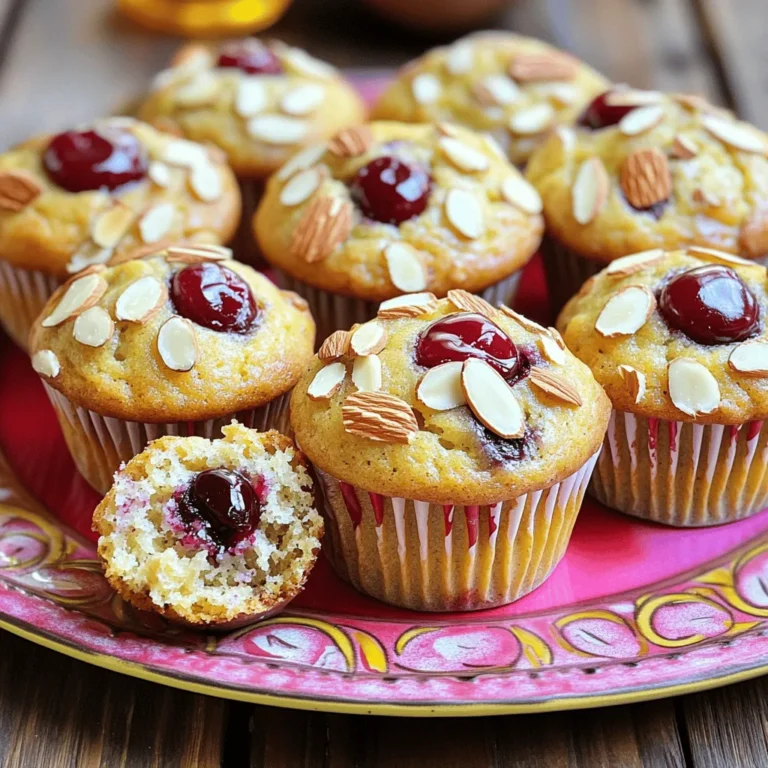 Here is the detailed list of ingredients for Cherry Almond Protein Muffins: - 1 cup almond flour - 1/2 cup rolled oats - 1/2 cup protein powder (vanilla or unflavored) - 1/4 cup honey or maple syrup - 1/2 cup Greek yogurt - 2 large eggs - 1/2 cup unsweetened almond milk - 1 tsp baking powder - 1/2 tsp baking soda - 1/2 tsp salt - 1 cup fresh or frozen cherries, pitted and halved - 1/4 cup sliced almonds (for topping) - 1 tsp almond extract These ingredients make a tasty and healthy treat. Almond flour gives a nice texture and flavor. Rolled oats add fiber and keep you full. Protein powder packs a protein punch. Honey or maple syrup sweetens the muffins just right. Greek yogurt keeps them moist and adds protein. Eggs help bind everything together. Almond milk keeps them dairy-free, but regular milk works too. Baking powder and baking soda help the muffins rise. Salt boosts all the flavors. Cherries add sweetness and a pop of color. Sliced almonds on top add crunch and beauty. You can find the complete recipe with instructions in the Full Recipe section. This mix of ingredients makes every bite a delight. Enjoy baking these muffins! Start by preheating your oven to 350°F (175°C). This heat level ensures even baking. Next, line your muffin tin with paper liners. If you prefer not to use liners, lightly grease each cup with oil or butter. This step helps the muffins release easily after baking. In a large bowl, combine the almond flour, rolled oats, protein powder, baking powder, baking soda, and salt. Whisk them together until the mix is smooth and free of lumps. This blend gives the muffins a great base and texture. In another bowl, whisk together the honey or maple syrup, Greek yogurt, eggs, almond milk, and almond extract. Mixing these wet ingredients is key. They add moisture and flavor, making your muffins tasty and soft. Gradually pour the wet mix into the dry mix. Use a spatula to stir gently. It is important to mix just until combined. Overmixing can make the muffins tough. You want a light and airy texture. Divide the batter into your prepared muffin tin, filling each cup about 2/3 full. Top each muffin with sliced almonds for crunch. Bake in your preheated oven for 18-20 minutes. The muffins are ready when they turn golden and a toothpick comes out clean. Once done, cool them in the pan for about 5 minutes. Then, transfer the muffins to a wire rack to cool completely. Enjoy the delicious aroma filling your kitchen! You can find the full recipe above for more details. The texture of your muffins comes from each ingredient. Almond flour gives a nice, moist base. Rolled oats add heartiness and chew. Protein powder boosts nutrition without making them dry. Greek yogurt keeps them soft and fluffy. Eggs bind everything together and add structure. Baking powder and baking soda help them rise, creating that perfect muffin dome. If you have allergies or dietary needs, you can swap some ingredients. For gluten-free muffins, use certified gluten-free oats. If you're vegan, replace eggs with flax eggs or applesauce. Use maple syrup instead of honey for a vegan sweetener. If you’re nut-free, try oat flour instead of almond flour. To make these muffins even tastier, consider adding extra flavors. A dash of cinnamon can warm up the taste. You might also add dark chocolate chips for a sweet twist. Consider mixing in some shredded coconut for texture. Or, how about a splash of vanilla extract to enhance the almond flavor? Enjoy experimenting to find your perfect blend! For the full recipe, check out the Cherry Almond Protein Muffins. {{image_2}} You can swap cherries for many other fruits. Blueberries, raspberries, or diced apples work well. Each fruit adds its unique flavor. For instance, blueberries bring a burst of sweetness. Apples add moisture and a slight crunch. Experiment with seasonal fruits to keep it fresh. There are many types of protein powder you can use. Whey protein is popular and blends easily. Plant-based powders like pea or brown rice are great for vegans. Each type can change the muffin's texture and taste. For example, whey creates a softer muffin, while plant-based options may make them denser. To make these muffins vegan-friendly, replace eggs with flax eggs. Mix one tablespoon of ground flaxseed with three tablespoons of water. Let it sit until it thickens. You can also use almond yogurt instead of Greek yogurt. Maple syrup can replace honey for sweetness. These swaps keep the muffins tasty and plant-based. For the complete recipe, refer to the [Full Recipe]. To keep your Cherry Almond Protein Muffins fresh, store them in an airtight container. This helps keep moisture in and prevents them from drying out. You can keep them at room temperature for up to three days. For longer storage, place them in the fridge. They will stay fresh for about a week if stored properly. If you want to enjoy these muffins later, freezing is a great option. Make sure the muffins are fully cooled. Wrap each muffin in plastic wrap or foil. Then, place them in a freezer-friendly bag or container. This way, they won’t stick together. You can freeze them for up to three months and still enjoy their great taste! When you’re ready to eat a muffin, reheating is easy. You can use a microwave for about 15 to 30 seconds. This warms the muffin without drying it out. If you prefer a crispier texture, heat them in an oven at 350°F (175°C) for about 5 to 10 minutes. This makes the muffins warm and tasty again! Yes, you can use frozen cherries. They work well in this recipe. Just make sure to thaw them first. Pat them dry with a paper towel to remove excess moisture. This helps prevent a soggy muffin. If you use frozen cherries, the muffins may be a bit softer, but they will still taste great. You can add Greek yogurt or cottage cheese to boost protein. Both add creaminess to the muffins. You can also use nut butter like almond or peanut butter. These options mix well and enhance the flavor. Chia seeds or flaxseeds are good too. They add protein and healthy fats. If you need a substitute for almond flour, try oat flour or coconut flour. Both give a nice texture to the muffins. You can also use all-purpose flour, but it will change the taste. If using coconut flour, use less. It absorbs more liquid than almond flour. These muffins can last for about 3 to 5 days at room temperature. Store them in an airtight container to keep them fresh. You can also freeze them for up to 3 months. To check freshness, look for any signs of mold or off smells. In this post, we explored a delicious muffin recipe packed with healthy ingredients. We detailed the key components like almond flour, fruit, and protein powder. You learned step-by-step instructions for mixing and baking with helpful tips along the way. Remember, you can customize this recipe to suit your taste. Try different fruits or even make it vegan! Keep your muffins fresh with proper storage and freeze extras for later. Enjoy your baking journey and the tasty rewards that follow!