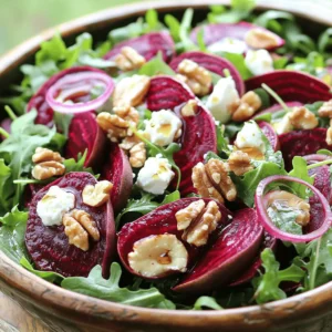 For a tasty roasted beet salad, you need a few key items. Here’s what to gather: - 4 medium-sized beets, scrubbed and trimmed - 4 cups arugula or mixed greens - 1/2 cup feta cheese, crumbled - 1/4 cup walnuts, toasted and roughly chopped - 1/4 cup red onion, thinly sliced - 2 tablespoons balsamic vinegar - 2 tablespoons olive oil - Salt and pepper to taste - Fresh herbs (such as parsley or chives) for garnish These ingredients will create a bright and colorful dish. The beets add sweetness, while the feta gives it a creamy touch. Want to take your salad to the next level? Here are some great add-ins: - Sliced apples or pears for a bit of crunch - Crumbled goat cheese for a tangy flavor - Avocado for creaminess and healthy fats - Toasted sunflower seeds for extra crunch - Fresh citrus segments, like orange or grapefruit, for brightness Feel free to mix and match these add-ins. Each one will add a new layer of flavor and texture. Choosing the right beets is key. Here are some tips to help you pick the best ones: - Look for beets that are firm and smooth. Avoid any that feel soft or look shriveled. - Choose smaller beets for sweeter flavor. Larger beets can be woody and less tasty. - Check the greens, if they are still attached. Fresh greens should be bright and crisp. - Pick beets with similar sizes for even cooking. This helps them roast perfectly. When you select high-quality beets, your salad will shine. For the full recipe, check the section above. Enjoy your cooking! To start, gather your beets. You will need four medium-sized beets. Make sure to scrub them well under cold water. Trim off the tops and roots. This will help the beets roast better. Once cleaned, you can wrap each beet in aluminum foil. This keeps them moist while they cook. Place the wrapped beets on a baking sheet for easy handling. Now, preheat your oven to 400°F (200°C). Once the oven is hot, put the baking sheet with the beets inside. Roast them for about 45 to 60 minutes. The time may change based on how big your beets are. Check if they are done by poking them with a fork. If it goes in easily, they are ready. Take them out and let them cool for a few minutes. Carefully unwrap the foil. Then, use paper towels to rub off the skins. Cut the beets into wedges or slices. In a large bowl, add four cups of arugula or your favorite mixed greens. Next, toss in the sliced roasted beets. Crumble half a cup of feta cheese on top. Add a quarter cup of toasted walnuts and a quarter cup of thinly sliced red onions. For the dressing, whisk together two tablespoons of balsamic vinegar and two tablespoons of olive oil in a small bowl. Sprinkle with salt and pepper to taste. Drizzle this mixture over the salad. Gently toss everything together. Garnish with fresh herbs like parsley or chives. Enjoy your beautiful salad! Check out the Full Recipe for more details. For a great dressing, mix balsamic vinegar and olive oil. I use two tablespoons of each. Add salt and pepper to taste. Whisk them in a bowl until smooth. This simple mix brings out the beet's sweet flavor. You can add a touch of honey for sweetness, too. Seasoning can make or break your salad. I always sprinkle salt over the beets after roasting. This step helps to highlight their natural sweetness. You can also add fresh herbs like parsley or chives for a fresh taste. If you like a kick, try adding a pinch of chili flakes. When serving, use a large bowl for a beautiful display. Start with the greens, then layer the roasted beets on top. Sprinkle feta cheese and walnuts for texture. I like to garnish with fresh herbs for color. Serve the salad with extra dressing on the side. This keeps it fresh and crisp. Check out the Full Recipe to see all steps! {{image_2}} You can add protein to your salad for more nutrition. Chickpeas are a great choice. They add texture and flavor. Just rinse a can of chickpeas or cook dried ones. You can also add grilled chicken. Slice it thin and mix it in. Quinoa is another option. Cooked quinoa adds a nutty taste and fits well with beets. While arugula is tasty, you can try other greens too. Spinach is soft and mild, perfect for pairing with beets. Kale adds a hearty crunch. Just chop it finely to make it easier to chew. Mixed greens give a variety of flavors and textures. Feel free to experiment until you find your favorite blend. To make your salad pop, add nuts or seeds. Walnuts are great, but almonds or pecans work well too. They provide a nice crunch. You can toast them for an extra flavor boost. Dried fruits like cranberries or raisins can add sweetness. They balance the earthy taste of the beets. Mix and match these ideas to create your perfect salad. For the full recipe, check out the Easy Roasted Beet Salad section above. To store leftover beet salad, place it in an airtight container. This keeps the salad fresh and prevents odors. You can store it in the fridge for up to three days. The flavors will meld together, making it taste even better. However, beets can stain other foods, so keep that in mind. If you have leftover roasted beets, let them cool first. Then, wrap them tightly in plastic wrap or foil. You can also place them in a sealed container. Store them in the fridge for up to a week. Roasted beets are great for salads or snacks. Reheat roasted beets by placing them in a microwave-safe dish. Heat them for about 30 seconds to one minute. Check if they are warm enough for your taste. You can also sauté them in a pan with a little olive oil. This adds extra flavor. You can use roasted beets in other recipes, too, like grain bowls or sandwiches. Don't forget to check out the Full Recipe for more delicious ideas! Roasting beets takes about 45 to 60 minutes. Wrap them in foil and place them on a baking sheet. The beets are done when a fork slides in easily. The time can change based on beet size. I recommend checking them at the 45-minute mark. Yes, you can use canned beets. They are already cooked, so they save time. Just drain and slice them. However, fresh beets have a better flavor and texture. If you want the best taste, I suggest using fresh beets from the store. You can pair this salad with many foods. Try grilled chicken or fish for protein. It also goes well with whole grains like quinoa. For a crunchy touch, add seeds or nuts. Serve it with a warm crusty bread to complete the meal. Enjoy exploring flavors with this Easy Roasted Beet Salad! For the full recipe, check out the earlier section. This blog post covers how to make an easy roasted beet salad. We looked at essential ingredients, options for add-ins, and tips for picking fresh beets. I shared steps for prepping, roasting, and assembling your salad. Plus, I offered dressing ideas and seasoning tips for better taste. Finally, we discussed variations, storage methods, and answered common questions. You now have the tools to create a tasty salad that suits your taste. Enjoy making this dish and sharing it with others!